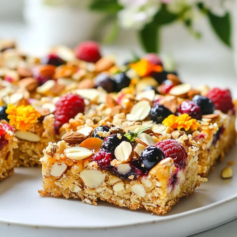 - 1 cup rolled oats - 1/2 cup almond flour - 1/4 cup honey or maple syrup - 1/2 cup almond butter - 1 cup mixed berries (fresh or frozen) - 1/4 cup sliced almonds - 1/2 teaspoon vanilla extract - 1/2 teaspoon cinnamon - 1/4 teaspoon salt These simple ingredients come together to create a delicious and healthy snack. Each one plays a key role in flavor and texture. The rolled oats give a hearty base, while the almond flour adds a nice nutty taste. Honey or maple syrup provides a touch of sweetness. Almond butter adds creaminess and binds everything together. You can customize these bars based on your taste. Here are some options: - Nut butter: Swap almond butter with peanut or cashew butter. - Sweeteners: Use agave syrup or brown sugar instead of honey. - Berries: Mix in blueberries, raspberries, or any fruits you love. - Add-ins: Toss in some chia seeds or flaxseeds for extra nutrition. These swaps keep the bars tasty while making them your own. These bars are packed with goodness. Here’s a quick look at their nutrition: - Calories: About 150 per bar - Protein: 4 grams - Fat: 7 grams - Carbohydrates: 18 grams - Fiber: 3 grams - Sugar: 5 grams This makes them a smart choice for breakfast or a snack. They offer a balanced mix of protein, healthy fats, and fiber, keeping you full and energized. {{ingredient_image_1}} 1. First, preheat your oven to 350°F (175°C). This step is key for even baking. 2. Line an 8x8 inch baking pan with parchment paper. Leave some overhang to pull the bars out later. 3. In a large bowl, mix 1 cup of rolled oats, 1/2 cup of almond flour, 1/2 teaspoon of cinnamon, and 1/4 teaspoon of salt. Stir until everything blends well. 4. In another bowl, combine 1/2 cup of almond butter, 1/4 cup of honey or maple syrup, and 1/2 teaspoon of vanilla extract. Stir until smooth. 5. Pour the almond butter mixture into the dry ingredients. Mix everything until fully combined. 6. Gently fold in 1 cup of mixed berries and 1/4 cup of sliced almonds. Make sure they spread evenly in the dough. 7. Transfer the mixture to your prepared baking pan. Press it down firmly to create a flat layer. 8. Bake in the preheated oven for 20-25 minutes. Look for golden brown edges as a sign they are ready. 9. After baking, remove the pan from the oven. Let it cool for about 10 minutes in the pan. 10. Use the parchment overhang to lift the bars out. Place them on a wire rack to cool fully. 11. Once cool, cut the bars into pieces. Store them in an airtight container in the fridge for freshness. To make your Berry Almond Breakfast Bars perfect, follow these tips. First, preheat your oven to 350°F (175°C). This ensures even baking. Line your baking pan with parchment paper. This makes it easy to lift the bars out. Mix your dry and wet ingredients well before combining them. This helps with texture. Press the mixture firmly into the pan for a nice shape. Bake until the edges turn golden brown. This usually takes 20 to 25 minutes. Let them cool slightly before cutting. This keeps the bars from crumbling. You can easily swap ingredients to fit your taste. Instead of honey, use maple syrup for a vegan option. If you want less sweetness, use less honey or syrup. You can also try different nut butters like peanut or cashew butter. If you’re not a fan of almonds, use walnuts or pecans. For the berries, use your favorites. Strawberries, blueberries, or raspberries all work great. You can also add seeds like chia or flax for extra nutrition. Making these bars fit your dietary needs is simple. For gluten-free bars, use certified gluten-free oats. This ensures you avoid cross-contamination. To make them vegan, swap honey for maple syrup. You can also check if your almond butter is vegan. If you want nut-free bars, use sun butter instead. This works great for schools or nut-free zones. Always read labels for hidden allergens. These small changes keep the bars tasty and healthy for everyone. Pro Tips Storage Solution: To keep your breakfast bars fresh, store them in an airtight container in the fridge. They can last up to a week! Berry Options: Feel free to mix and match your berries! Blueberries, raspberries, and chopped strawberries all work wonderfully in this recipe. Nut Butter Alternatives: If you don’t have almond butter, peanut butter or sunflower seed butter can be great substitutes that will still hold the bars together. Customize Your Sweetness: Adjust the sweetness by using less honey or maple syrup, or add extra sweetener if you prefer a sweeter bar. {{image_2}} You can mix up the berries in these bars. Blueberries, raspberries, and strawberries all work well. Each berry adds a unique flavor. For example, blueberries offer a sweet burst. Raspberries give a tart kick. You can even use a mix of fresh and frozen berries. This keeps your bars fun and fresh each time you make them. Feel free to change the nuts or seeds in your bars. Instead of almond butter, try peanut or cashew butter for a twist. You can also swap sliced almonds for walnuts or pecans. If you like seeds, add chia or flax seeds. These swaps will give your bars a different texture and taste. Each option lets you create a snack that fits your mood. You can boost the flavor of your bars with spices or extracts. Adding a dash of nutmeg gives warmth. A little orange or lemon zest brightens the taste. You could try adding a pinch of ginger for a spicy kick. Experimenting with flavors can make the bars even better. Each new addition can turn a simple recipe into a special treat. To keep your Berry Almond Breakfast Bars fresh, use an airtight container. Place them in the fridge. This helps keep them moist and tasty for a longer time. I recommend storing them in a single layer to avoid sticking. You can also use parchment paper between layers if needed. If you want to enjoy these bars later, freezing is a great option. First, cut the bars into pieces. Wrap each piece tightly in plastic wrap. Then, place all the wrapped bars into a freezer-safe bag or container. They can last up to three months in the freezer. When you're ready to eat one, just take it out and let it thaw in the fridge. In the fridge, these bars can last about a week. To enjoy them warm, you can reheat them. Just place a bar in the microwave for about 15 to 20 seconds. This will make them soft and yummy again. Enjoy your healthy snack any time you want! Yes, you can use frozen berries. They work well in these bars. Just make sure to use them straight from the freezer. Do not thaw them first. This helps keep the bars from getting too wet. Frozen berries can add nice flavor and color. They also provide the same health benefits as fresh berries. These breakfast bars last about one week in the fridge. Keep them in an airtight container. This helps keep them fresh and tasty. If you notice any changes in smell or texture, it’s best to toss them. Enjoy them as a quick snack or breakfast treat! Yes, you can substitute almond flour with other flours. Oat flour or whole wheat flour work well. If you use a different flour, the texture might change. Almond flour gives a nutty taste and moist texture. Experiment to find your favorite blend! In this post, we showed you how to make tasty berry almond breakfast bars. We covered ingredients, step-by-step instructions, and storage tips. We also shared helpful variations and dietary swaps. These bars are easy to make and great for busy mornings. Enjoy your baking and experiment with flavors! With these tips, you can create your own perfect breakfast bars at home.