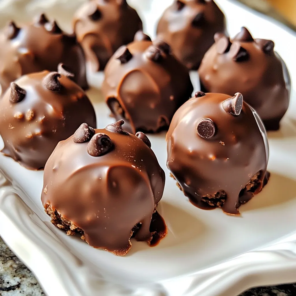 To make the perfect chocolate chip cookie dough truffles, gather these simple ingredients: - 1 cup all-purpose flour - ½ cup unsalted butter, softened - ½ cup brown sugar, packed - ¼ cup granulated sugar - 1 teaspoon vanilla extract - 2 tablespoons milk - ½ cup mini chocolate chips - 1 cup semisweet chocolate chips (for coating) - 1 tablespoon coconut oil (optional, for smooth melting) Each of these items plays a key role in crafting rich, flavorful truffles. The flour gives structure, while the butter and sugars create a creamy base. Vanilla adds depth, and the mini chocolate chips bring delightful bursts of chocolate. For coating, semisweet chocolate chips create a smooth, shiny finish, and coconut oil helps with melting. Make sure your butter is softened but not melted. This ensures a nice, creamy texture. The flour needs to be microwaved to kill any harmful bacteria. This step is crucial for safe eating, especially since we won’t bake these truffles. Prep these ingredients ahead of time to make the process easy and fun. Gather your bowls and spoons, and let’s get ready to create these delightful treats! {{ingredient_image_1}} - Start by microwaving 1 cup of all-purpose flour for about 1 minute. This step is crucial to kill any bacteria. Let it cool completely before you mix it into the dough. - Next, soften ½ cup of unsalted butter. You can do this by leaving it out at room temperature for about 30 minutes. Soft butter mixes better, giving your truffles a smooth texture. - In a large bowl, cream the softened butter with ½ cup of brown sugar and ¼ cup of granulated sugar. Beat them together until the mixture is light and fluffy. - Then, incorporate 1 teaspoon of vanilla extract and 2 tablespoons of milk. Mix these well into the butter-sugar blend until fully combined. - Gradually add the cooled flour to the bowl. Stir until the dry ingredients blend with the wet ones. This forms the base of your cookie dough. - Finally, gently fold in ½ cup of mini chocolate chips. Make sure they are evenly mixed throughout the dough for delightful bites. - Scoop tablespoon-sized portions of dough and roll them into balls. Place these on a parchment-lined baking sheet for easy removal later. - Chill the dough balls in the refrigerator for about 30 minutes. This helps them firm up before coating. - While the dough chills, melt 1 cup of semisweet chocolate chips in a microwave-safe bowl. If you want a smoother finish, add 1 tablespoon of coconut oil. Heat in 30-second intervals, stirring until smooth. - Remove the chilled cookie dough balls from the fridge. Dip each one into the melted chocolate, making sure they are fully coated. Place them back on the parchment-lined sheet. - Chill the truffles again for at least 15-20 minutes. This sets the chocolate coating, making them ready to enjoy. To get the right dough, start with softened butter. If the butter is too hard, it won’t mix well. Cream the butter and sugars until fluffy. This step is key for a smooth texture. Use cooled flour to avoid clumps. Microwave the flour to kill bacteria. Make sure it cools completely before mixing it. This keeps your truffles safe and tasty. When you melt chocolate, use a microwave-safe bowl. Heat it in 30-second bursts. Stir in between to avoid burning. If you want a smooth mix, add coconut oil. It helps the chocolate coat better. If you don’t have coconut oil, use vegetable oil. You can also try butter, but it may change the taste a bit. Both options work well for melting. For garnishing, sprinkle some mini chocolate chips on top. You can also drizzle melted chocolate over the truffles for a fancy touch. Pair these truffles with milk or coffee. They also go great with hot chocolate. Enjoy these treats at parties or as a sweet snack! Pro Tips Chill for Better Coating: Ensure your cookie dough balls are well chilled before dipping them in chocolate. This helps the chocolate coating to adhere better and gives a smoother finish. Use Quality Chocolate: Opt for high-quality semisweet chocolate for coating. This enhances the flavor of the truffles and makes them more indulgent. Experiment with Add-ins: Feel free to customize your truffles by adding nuts, dried fruits, or flavored extracts to the cookie dough for a unique twist. Storage Tips: Store the truffles in an airtight container in the refrigerator for up to a week. For longer storage, you can freeze them for up to a month. {{image_2}} You can change the flavor of your truffles in fun ways. Try using dark or white chocolate instead of semisweet chocolate. Each type gives a new taste. You can also mix in nuts like walnuts or pecans. These add crunch and flavor. Dried fruits like cranberries or raisins can give a sweet twist too. If you need a gluten-free option, substitute all-purpose flour with gluten-free flour. It works well in this recipe. For a vegan version, swap the butter for coconut oil or vegan butter. Use almond milk instead of regular milk. This way, everyone can enjoy these yummy treats! You can make your truffles special for holidays. For Halloween, add orange or black sprinkles. For Christmas, use peppermint extract in the dough. You can also roll your truffles in crushed candy canes. For birthdays, add colorful sprinkles to the chocolate coating. This makes them festive and fun! To keep your Chocolate Chip Cookie Dough Truffles fresh, follow these tips: - Use an airtight container: This helps prevent air from making them stale. - Layer with parchment paper: Place a piece of parchment paper between layers of truffles. This stops them from sticking together. - Keep in the fridge: Store them in the refrigerator for best results. The cool temperature helps maintain their texture. These truffles can last up to one week in the fridge. Here are signs of spoilage to look out for: - Off smell: If they smell bad, it’s time to toss them. - Color change: If the chocolate coating becomes dull or discolored, it’s no longer good. - Texture change: If they feel dry or crumbly, they are past their prime. Yes, you can freeze these truffles! Here’s how to do it right: - Wrap each truffle: Use plastic wrap to tightly wrap each truffle. This protects them from freezer burn. - Place in a freezer-safe bag: After wrapping, put them in a zip-top bag. Remove as much air as possible. - Thawing: To thaw, take them out of the freezer and leave them in the fridge for a few hours. This keeps the texture nice. Storing and freezing your truffles properly ensures you can enjoy them longer! For coating chocolate, I recommend using semisweet chocolate chips. They melt well and provide a nice balance of sweetness. You could also use milk chocolate for a creamier taste. If you're feeling adventurous, try dark chocolate for a richer flavor. Adding a bit of coconut oil can help the chocolate melt smoothly and coat better. Using raw flour can pose a risk due to potential bacteria. To make it safe, I always microwave the flour for about one minute. This process kills any harmful bacteria. After microwaving, let it cool completely before adding it to your dough. This keeps your truffles safe and delicious. You can find pre-made cookie dough truffles at many grocery stores. Look for brands like Doughp or Edoughble. They offer tasty options that are ready to eat. Check the freezer section or the dessert aisle. Many stores also have their own brands of cookie dough truffles. In this post, we explored how to make delicious cookie dough truffles. We covered each ingredient and detailed step-by-step instructions for mixing, shaping, and coating. I shared tips for perfecting your dough and melting chocolate. Variations allow for fun twists, while proper storage keeps your treats fresh. Remember, making truffles is both easy and enjoyable. You can impress friends with these sweet bites and enjoy them anytime. Happy truffle-making!