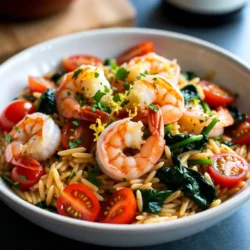 For a tasty Lemon Garlic Shrimp Orzo, gather these key ingredients: - 1 cup orzo pasta - 1 pound shrimp, peeled and deveined - 3 tablespoons olive oil - 4 cloves garlic, minced - 1 medium lemon (juice and zest) - 1 cup cherry tomatoes, halved - 1 cup fresh spinach, roughly chopped - 1 teaspoon red pepper flakes (optional) - Salt and black pepper to taste - Fresh parsley, chopped for garnish These ingredients work well together. The orzo gives a nice base. The shrimp adds protein, while lemon and garlic bring fresh flavors. You can tweak the recipe with these optional ingredients: - Red pepper flakes for some heat - Other veggies like bell peppers or zucchini - Fresh herbs such as basil or dill - A bit of white wine for extra flavor Feel free to mix and match. This recipe allows for your creativity. You can make it your own based on what you like. Using high-quality shrimp is important. Fresh shrimp gives the best taste. If you can’t find fresh, frozen shrimp works too. Just be sure to thaw it first. For the olive oil, choose a good extra virgin variety. It enhances the flavor of the dish. If you don't have cherry tomatoes, you can use diced regular tomatoes. Always taste as you go. Adjust the lemon juice and seasoning to your liking. This way, you get a dish that's perfect for you. {{ingredient_image_1}} First, get a pot of water boiling. Once it boils, add 1 cup of orzo pasta. Cook it according to the package instructions until it is al dente, which usually takes about 8-10 minutes. Stir it occasionally to prevent sticking. After cooking, drain the orzo. Be sure to save a little of the pasta water for later. Set the orzo aside as you prepare the shrimp. Grab a large skillet and heat 2 tablespoons of olive oil over medium heat. Add 4 minced cloves of garlic to the skillet. Sauté the garlic for about 1 minute. You want it fragrant but not burnt. Next, turn the heat to medium-high. Add 1 pound of peeled and deveined shrimp to the skillet. Cook for about 2-3 minutes on each side. When the shrimp turn pink and opaque, they are done. Now it's time to bring everything together! Add 1 cup of halved cherry tomatoes and 1 cup of roughly chopped spinach to the skillet. Stir gently until the spinach wilts and the tomatoes soften, which takes about 2-3 minutes. Then, squeeze the juice of 1 medium lemon over the mixture and add the lemon zest. If it looks dry, splash in some of the reserved pasta water. Toss in the cooked orzo, the last tablespoon of olive oil, and red pepper flakes if you like some heat. Mix everything well. Season with salt and black pepper to taste. Finally, remove from heat and garnish with fresh parsley before serving. Enjoy your bright and tasty Lemon Garlic Shrimp Orzo! To get the best shrimp, use fresh shrimp. Look for shrimp that has a slight sheen. If using frozen shrimp, thaw it well before cooking. Cook the shrimp just until they turn pink and opaque. This usually takes about 2-3 minutes per side. Overcooking makes shrimp tough, so watch them closely. You can add more flavor to the dish. Try using fresh herbs like basil or dill. For a little kick, add more red pepper flakes. A splash of white wine can also add depth. If you like it zesty, add more lemon juice and zest. Taste as you go to find the right balance. Serving is part of the fun! Use shallow bowls for a nice look. Garnish with lemon wedges and chopped parsley. This adds color and freshness. You can also sprinkle extra red pepper flakes on top. A drizzle of good olive oil right before serving can enhance the dish even more. Pro Tips Fresh Ingredients: Using fresh shrimp and vibrant vegetables will enhance the flavor and presentation of your dish. Cooking Shrimp: Be careful not to overcook the shrimp; they should be cooked just until they turn pink and opaque for the best texture. Adding Flavor: For an extra burst of flavor, consider adding a splash of white wine or a pinch of lemon zest to the shrimp while cooking. Make it a Meal: Pair this dish with a side salad or crusty bread to make it a complete meal, perfect for any occasion. {{image_2}} You can easily make this dish vegetarian. Simply swap shrimp for firm tofu or chickpeas. Tofu adds a nice texture, while chickpeas give protein. Both options soak up the lemon and garlic flavors well. Cut the tofu into cubes and sauté until golden. For chickpeas, just rinse and add them in with the other veggies. Feel free to mix in more veggies for extra color and flavor. Bell peppers, zucchini, or asparagus all work great. Just chop them into small pieces. Add them to the skillet when you sauté the garlic. This way, they cook while you prepare the shrimp or substitute. You can change the flavor profile with herbs and spices. Try adding fresh basil, dill, or oregano for a twist. A pinch of smoked paprika brings a nice warmth. For a little heat, increase the red pepper flakes. Experiment to find your favorite combination! To keep your Lemon Garlic Shrimp Orzo fresh, store it in a sealed container. Make sure the dish cools down to room temperature first. This helps prevent condensation that can make the orzo soggy. Place it in the fridge if you plan to eat it within three days. For longer storage, consider freezing it. When you're ready to enjoy leftovers, reheat with care. Place the orzo in a skillet over low heat. Add a splash of water or broth to keep it moist. Stir gently until heated through, about 5 to 7 minutes. You can also use a microwave. Heat in 30-second bursts, stirring in between, until warm. If you want to freeze Lemon Garlic Shrimp Orzo, pack it in airtight containers. Leave some space at the top for expansion. Label the containers with the date. It can stay in the freezer for up to three months. To use, thaw it overnight in the fridge before reheating. Yes, you can use frozen shrimp. Just make sure to thaw them first. Place them in cold water for about 15-20 minutes. Once thawed, peel and devein if needed. This saves time and still gives you tasty shrimp. To make this dish gluten-free, swap the orzo pasta with gluten-free orzo. Many brands offer a great taste. You can also use rice or quinoa as a substitute. This keeps the dish light and flavorful without gluten. This dish pairs well with many sides. Here are some great options: - A crisp green salad with lemon vinaigrette - Roasted vegetables like asparagus or zucchini - Garlic bread or a warm baguette - A light cucumber salad for freshness These sides balance well with the flavors of the orzo and shrimp. Enjoy! This blog post covers how to make Lemon Garlic Shrimp Orzo. We discussed key ingredients, including main and optional choices. You learned the best steps for cooking pasta and shrimp. Tips helped ensure perfect texture and flavor. We also explored tasty variations and how to store leftovers. In summary, this dish is simple and full of flavor. With practice, you can customize it to your taste. Enjoy cooking and sharing this meal!