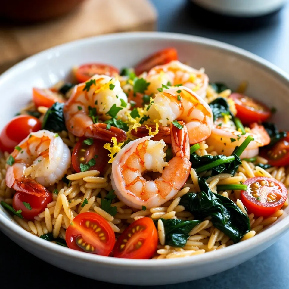 For a tasty Lemon Garlic Shrimp Orzo, gather these key ingredients: - 1 cup orzo pasta - 1 pound shrimp, peeled and deveined - 3 tablespoons olive oil - 4 cloves garlic, minced - 1 medium lemon (juice and zest) - 1 cup cherry tomatoes, halved - 1 cup fresh spinach, roughly chopped - 1 teaspoon red pepper flakes (optional) - Salt and black pepper to taste - Fresh parsley, chopped for garnish These ingredients work well together. The orzo gives a nice base. The shrimp adds protein, while lemon and garlic bring fresh flavors. You can tweak the recipe with these optional ingredients: - Red pepper flakes for some heat - Other veggies like bell peppers or zucchini - Fresh herbs such as basil or dill - A bit of white wine for extra flavor Feel free to mix and match. This recipe allows for your creativity. You can make it your own based on what you like. Using high-quality shrimp is important. Fresh shrimp gives the best taste. If you can’t find fresh, frozen shrimp works too. Just be sure to thaw it first. For the olive oil, choose a good extra virgin variety. It enhances the flavor of the dish. If you don't have cherry tomatoes, you can use diced regular tomatoes. Always taste as you go. Adjust the lemon juice and seasoning to your liking. This way, you get a dish that's perfect for you. {{ingredient_image_1}} First, get a pot of water boiling. Once it boils, add 1 cup of orzo pasta. Cook it according to the package instructions until it is al dente, which usually takes about 8-10 minutes. Stir it occasionally to prevent sticking. After cooking, drain the orzo. Be sure to save a little of the pasta water for later. Set the orzo aside as you prepare the shrimp. Grab a large skillet and heat 2 tablespoons of olive oil over medium heat. Add 4 minced cloves of garlic to the skillet. Sauté the garlic for about 1 minute. You want it fragrant but not burnt. Next, turn the heat to medium-high. Add 1 pound of peeled and deveined shrimp to the skillet. Cook for about 2-3 minutes on each side. When the shrimp turn pink and opaque, they are done. Now it's time to bring everything together! Add 1 cup of halved cherry tomatoes and 1 cup of roughly chopped spinach to the skillet. Stir gently until the spinach wilts and the tomatoes soften, which takes about 2-3 minutes. Then, squeeze the juice of 1 medium lemon over the mixture and add the lemon zest. If it looks dry, splash in some of the reserved pasta water. Toss in the cooked orzo, the last tablespoon of olive oil, and red pepper flakes if you like some heat. Mix everything well. Season with salt and black pepper to taste. Finally, remove from heat and garnish with fresh parsley before serving. Enjoy your bright and tasty Lemon Garlic Shrimp Orzo! To get the best shrimp, use fresh shrimp. Look for shrimp that has a slight sheen. If using frozen shrimp, thaw it well before cooking. Cook the shrimp just until they turn pink and opaque. This usually takes about 2-3 minutes per side. Overcooking makes shrimp tough, so watch them closely. You can add more flavor to the dish. Try using fresh herbs like basil or dill. For a little kick, add more red pepper flakes. A splash of white wine can also add depth. If you like it zesty, add more lemon juice and zest. Taste as you go to find the right balance. Serving is part of the fun! Use shallow bowls for a nice look. Garnish with lemon wedges and chopped parsley. This adds color and freshness. You can also sprinkle extra red pepper flakes on top. A drizzle of good olive oil right before serving can enhance the dish even more. Pro Tips Fresh Ingredients: Using fresh shrimp and vibrant vegetables will enhance the flavor and presentation of your dish. Cooking Shrimp: Be careful not to overcook the shrimp; they should be cooked just until they turn pink and opaque for the best texture. Adding Flavor: For an extra burst of flavor, consider adding a splash of white wine or a pinch of lemon zest to the shrimp while cooking. Make it a Meal: Pair this dish with a side salad or crusty bread to make it a complete meal, perfect for any occasion. {{image_2}} You can easily make this dish vegetarian. Simply swap shrimp for firm tofu or chickpeas. Tofu adds a nice texture, while chickpeas give protein. Both options soak up the lemon and garlic flavors well. Cut the tofu into cubes and sauté until golden. For chickpeas, just rinse and add them in with the other veggies. Feel free to mix in more veggies for extra color and flavor. Bell peppers, zucchini, or asparagus all work great. Just chop them into small pieces. Add them to the skillet when you sauté the garlic. This way, they cook while you prepare the shrimp or substitute. You can change the flavor profile with herbs and spices. Try adding fresh basil, dill, or oregano for a twist. A pinch of smoked paprika brings a nice warmth. For a little heat, increase the red pepper flakes. Experiment to find your favorite combination! To keep your Lemon Garlic Shrimp Orzo fresh, store it in a sealed container. Make sure the dish cools down to room temperature first. This helps prevent condensation that can make the orzo soggy. Place it in the fridge if you plan to eat it within three days. For longer storage, consider freezing it. When you're ready to enjoy leftovers, reheat with care. Place the orzo in a skillet over low heat. Add a splash of water or broth to keep it moist. Stir gently until heated through, about 5 to 7 minutes. You can also use a microwave. Heat in 30-second bursts, stirring in between, until warm. If you want to freeze Lemon Garlic Shrimp Orzo, pack it in airtight containers. Leave some space at the top for expansion. Label the containers with the date. It can stay in the freezer for up to three months. To use, thaw it overnight in the fridge before reheating. Yes, you can use frozen shrimp. Just make sure to thaw them first. Place them in cold water for about 15-20 minutes. Once thawed, peel and devein if needed. This saves time and still gives you tasty shrimp. To make this dish gluten-free, swap the orzo pasta with gluten-free orzo. Many brands offer a great taste. You can also use rice or quinoa as a substitute. This keeps the dish light and flavorful without gluten. This dish pairs well with many sides. Here are some great options: - A crisp green salad with lemon vinaigrette - Roasted vegetables like asparagus or zucchini - Garlic bread or a warm baguette - A light cucumber salad for freshness These sides balance well with the flavors of the orzo and shrimp. Enjoy! This blog post covers how to make Lemon Garlic Shrimp Orzo. We discussed key ingredients, including main and optional choices. You learned the best steps for cooking pasta and shrimp. Tips helped ensure perfect texture and flavor. We also explored tasty variations and how to store leftovers. In summary, this dish is simple and full of flavor. With practice, you can customize it to your taste. Enjoy cooking and sharing this meal!