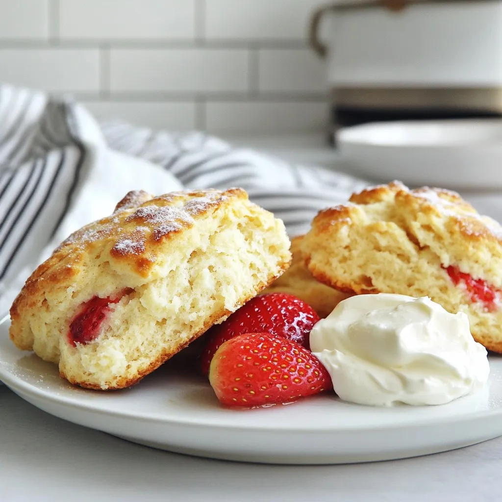 To make these delightful strawberry coconut scones, you need just a few simple ingredients: - 2 cups all-purpose flour - 1/4 cup granulated sugar - 1 tablespoon baking powder - 1/2 teaspoon salt - 1/2 cup cold unsalted butter, cubed - 1/2 cup shredded coconut (sweetened or unsweetened) - 1 cup fresh strawberries, hulled and chopped - 1/2 cup coconut milk (or regular milk) - 1 egg - 1 teaspoon vanilla extract - Extra sugar for sprinkling on top (optional) If you lack any ingredients, here are some easy swaps: - All-purpose flour: You can use whole wheat flour for a nuttier taste. - Granulated sugar: Brown sugar adds a hint of molasses flavor. - Cold unsalted butter: Coconut oil can serve as a dairy-free option. - Shredded coconut: Try using finely chopped nuts for a different texture. - Fresh strawberries: Raspberries or blueberries work well too. - Coconut milk: Almond milk or regular milk are good alternatives. Mix things up by trying these fun variations: - Use different fruits: Swap strawberries for peaches or cherries. - Different types of coconut: Use coconut flakes for a chewier texture. - Add spices: A pinch of cinnamon can add warmth to the flavor. These tips can help you customize your scones to suit your taste. Enjoy the process and make it your own! {{ingredient_image_1}} Start by gathering all your ingredients. You need flour, sugar, baking powder, and salt. You also need cold butter, shredded coconut, fresh strawberries, coconut milk, an egg, and vanilla extract. Make sure the strawberries are hulled and chopped. Having everything ready helps you cook faster. In a big bowl, add the flour, sugar, baking powder, and salt. Whisk these together until they blend well. This mix is the base for your scones. It gives them a nice texture and flavor. In a separate bowl, mix the coconut milk, egg, and vanilla extract. Whisk them until they are smooth. Now, pour this wet mix into the dry ingredients. Stir gently until just combined. The dough may look a bit shaggy, but that’s okay. Don't overmix it; this keeps the scones light and fluffy. Transfer the dough to a floured surface. Knead it lightly to form a ball. Pat it down into a circle, about 1-inch thick. Cut this circle into 8 wedges. Place them on a baking sheet lined with parchment paper. If you want, sprinkle sugar on top for extra sweetness. Bake the scones in a preheated oven at 400°F (200°C) for 15 to 20 minutes. They are done when they turn lightly golden. Once baked, take them out and let them cool on a wire rack. Serve warm with clotted cream or butter. For a fun touch, add fresh strawberries and toasted coconut. To get the best scones, start with cold butter. Cut it into small cubes. When you mix it into the flour, it should look like coarse crumbs. This step adds flakiness. Avoid overmixing the dough. Just mix until the dry and wet ingredients combine. A shaggy dough is okay. It helps keep the scones light. To boost flavor, try adding a pinch of cinnamon or nutmeg. These spices pair well with coconut and strawberry. You can also use fresh lime or lemon zest. This adds a bright note to the scones. If you like coconut, use coconut extract as a flavor boost. Just a few drops will do the trick. If you want to make scones later, you can store the dough. Wrap it tightly in plastic wrap. Keep it in the fridge for up to two days. You can also freeze the dough. Slice the scones into wedges and freeze them on a baking sheet. Once frozen, store them in a bag for up to three months. When you're ready to bake, just pop them in the oven directly. No need to thaw! Pro Tips Chill the Butter: Make sure your butter is very cold before mixing it into the flour. This helps create flaky layers in the scones. Don't Overmix: When combining the wet and dry ingredients, mix just until incorporated to ensure tender scones. Use Fresh Strawberries: Opt for fresh, ripe strawberries for the best flavor and texture. Frozen strawberries may add excess moisture. Experiment with Coconut: Try using toasted coconut for a richer flavor or mix in different types of coconut for added texture. {{image_2}} You can make these scones gluten-free. Swap the all-purpose flour for a gluten-free blend. Use a 1:1 ratio. This will help keep the texture light and fluffy. Look for a blend with xanthan gum included, as it helps with structure. Adjust baking time if needed, checking for doneness. To make vegan scones, replace the egg with a flaxseed egg. Mix one tablespoon of ground flaxseed with three tablespoons of water. Let it sit for five minutes to thicken. Use coconut oil instead of butter. You can also use almond or soy milk instead of coconut milk. This gives you a tasty vegan treat. Feel free to switch up the fruit based on the season. In spring, try raspberries or blueberries. In fall, add diced apples or pears. You can even mix in dried fruits like cranberries or cherries in winter. Each fruit adds its unique flavor and can change the scone's taste completely. After baking your strawberry coconut scones, let them cool on a wire rack. Once they are cool, store them in an airtight container. This keeps them fresh for about three days. You can also place parchment paper between layers to prevent sticking. Avoid leaving them out in the open, as this will make them dry out. To freeze your scones, first, let them cool completely. Place them in a single layer on a baking sheet. Freeze them for about one hour until solid. Then, transfer the scones to a freezer-safe bag. They will stay fresh for up to three months. Label the bag with the date, so you know when to use them. To enjoy your frozen scones, remove them from the freezer. Let them thaw at room temperature for about 30 minutes. Preheat your oven to 350°F (175°C). Place the scones on a baking sheet and heat for about 10-15 minutes. This will make them warm and fluffy again. You can also microwave them for about 20-30 seconds if you are in a hurry. Enjoy your scones with butter or cream! Yes, you can use frozen strawberries. They work well when you need to save time. Just thaw them and chop them into smaller pieces. Drain any extra liquid to avoid sogginess in the scones. This way, you still get that yummy strawberry flavor in every bite. You will know the scones are done when they turn lightly golden on top. They should feel firm to the touch. If you insert a toothpick, it should come out clean or with a few crumbs. The baking time is usually between 15 to 20 minutes, so keep an eye on them! Yes, you can use regular milk instead of coconut milk. The scones will still taste great. However, using coconut milk gives a special flavor and richness. If you’re looking for that extra touch, stick with coconut milk. It adds a nice twist to the scones! In this blog post, we explored how to make delicious scones. We covered ingredients, their substitutes, and fun variations to try. You learned step-by-step instructions for prepping, mixing, and baking. I also shared tips for the best texture and flavor. You can create gluten-free and vegan options too. Finally, I explained how to store and reheat your scones. With these insights, you can bake treats that are tasty and easy. Enjoy your baking!