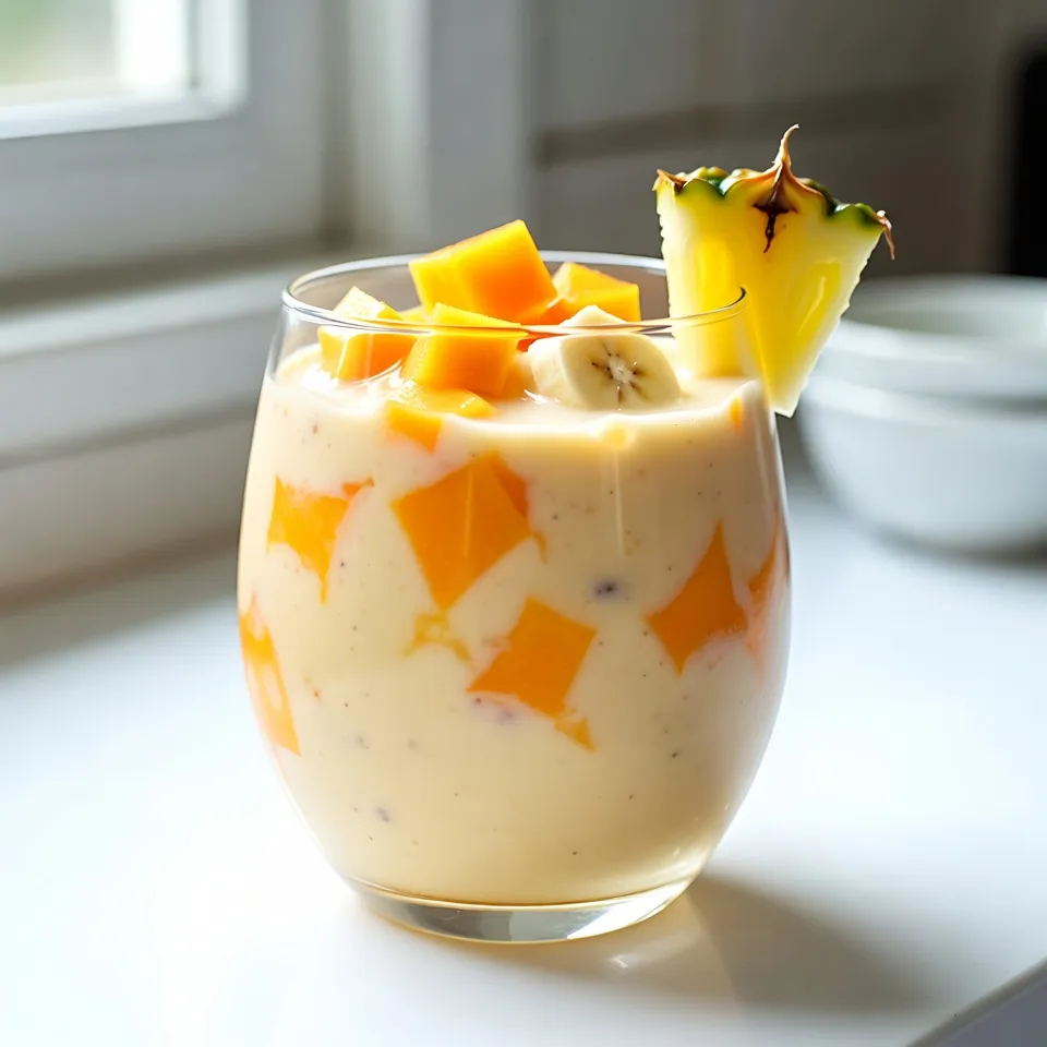 - Ripe mango (1) - Fresh pineapple (1 cup) - Banana (1) - Coconut water (1 cup) - Greek yogurt (½ cup) - Honey (1 tablespoon, optional) - Vanilla extract (½ teaspoon) - Ice cubes (as needed) When I think of a tropical treat, this smoothie stands out. The fresh fruits bring bright, sunny flavors. You need ripe mango, fresh pineapple, and a banana. Each fruit adds a unique taste and texture. Mango gives a creamy feel. Pineapple adds a sweet, tangy kick. The banana rounds it out with softness. Next, let's talk about liquids and dairy. Coconut water is your go-to here. It adds a light sweetness and hydrates you. Greek yogurt brings creaminess and protein. Together, they create a smooth base for our drink. To enhance the flavor, you can add honey and vanilla extract. Honey gives a natural sweetness that many love. Vanilla adds warmth and depth to the taste. You can skip the honey if you prefer less sugar. Finally, add ice cubes to chill your smoothie. Ice makes it refreshing and thick, perfect for hot days. Adjust the amount based on your texture preference. Gather these ingredients, and you are set for a delightful smoothie experience! {{ingredient_image_1}} 1. Dicing the mango and pineapple: Start with the ripe mango. Peel it and cut it in half. Remove the pit and dice the flesh into small cubes. Next, take the fresh pineapple. Cut off the skin and core. Dice the juicy flesh into bite-sized pieces. 2. Slicing the banana: Grab a banana and peel it. Lay the banana on a cutting board. Slice it into rounds, about a half-inch thick. 1. Combining the ingredients in a blender: Place the diced mango, pineapple, and banana into the blender. Pour in one cup of coconut water. Add half a cup of Greek yogurt for creaminess. 2. Adjusting for sweetness and texture: If you like it sweeter, drizzle in a tablespoon of honey. Add a half teaspoon of vanilla extract for extra flavor. Blend everything on high until it’s smooth and creamy. 3. Optional step for colder smoothies: If you want a thicker smoothie, toss in some ice cubes. Blend again until everything is well-mixed. Taste it, and if it needs more sweetness, add a little more honey. 1. Tips on pouring and garnishing: Pour the smoothie into chilled glasses. This keeps it cold longer. You can garnish with a slice of pineapple or a few banana slices on top for a nice touch. 2. Recommended glassware: Use clear glasses to show off the beautiful colors of your smoothie. A tall glass works best, but any glass you have will do! To get the right consistency, blend until smooth and creamy. If your smoothie is too thick, add more coconut water. For a thicker feel, toss in more ice. Adjusting sweetness is easy. If you like it sweeter, add honey. Taste as you go to get it just right. If you don’t have coconut water, use regular water or fruit juice. This swap still keeps your drink tasty and fresh. For Greek yogurt, try non-dairy yogurt made from almonds or coconuts. This keeps the smoothie creamy while fitting special diets. Want to boost nutrition? Add a tablespoon of chia seeds or flaxseeds. These superfoods give extra fiber and omega-3s. You can also throw in a handful of spinach or kale. The greens blend in well and add vitamins without changing the taste much. Pro Tips Choose Ripe Fruits: Ensure your mango and pineapple are ripe for maximum sweetness and flavor. Chill Your Ingredients: For a refreshing smoothie, chill your fruits and use cold coconut water. Customize Texture: Adjust the thickness of your smoothie by varying the amount of ice or yogurt. Boost Nutritional Value: Add spinach or kale for an extra nutrient punch without changing the flavor significantly. {{image_2}} You can make your smoothie even more fun by adding extra fruits. Try mixing in kiwi or passion fruit for a burst of flavor. These fruits add a unique taste and bright color to your drink. Using frozen fruits is another great tip. When you add frozen mango or pineapple, your smoothie gets a thicker texture. This makes it cold and creamy, perfect for hot days! Sweeteners play a big role in how your smoothie tastes. You can try different options like agave syrup or maple syrup instead of honey. Each sweetener gives a different taste, so feel free to experiment. Spices can also change the flavor. Adding a pinch of cinnamon or a small bit of ginger can give your smoothie a warm twist. These spices are tasty and can add health benefits, too. Kids love fruit, so why not add more? You can throw in berries or even spinach to boost nutrition. This makes the smoothie vibrant and fun, plus it hides the greens! Another fun idea is to turn your smoothie into a bowl. Just blend it a bit thicker and pour it into a bowl. Top it with sliced fruits, nuts, or granola. Kids will love eating it with a spoon! To keep your Tropical Pineapple Mango Smoothie fresh, pour any leftovers into a clean container. Seal it tight with a lid. Store it in the fridge. It will stay good for up to 24 hours. After that, the taste and texture may change. If it separates, just stir it well before drinking. Want to save some for later? Pour the smoothie into ice cube trays or freezer bags. Leave a little space for expansion when it freezes. It can last for about three months in the freezer. When you're ready to enjoy it, thaw the smoothie in the fridge overnight. You can also blend it straight from the freezer for a cold treat. Making smoothie packs is a great way to save time. Gather all the fruits and yogurt you need. Place them in freezer-safe bags. You can even add the honey and vanilla extract. Label each bag with the date. For storage, use containers that seal well to keep out air. This way, your smoothie will be ready to blend anytime! Yes, you can easily make this smoothie vegan. Here are some simple swaps: - Replace Greek yogurt with coconut yogurt. - Use agave syrup instead of honey for sweetness. - Choose plant-based milk like almond or oat milk instead of coconut water if desired. These swaps keep the tropical flavors while making it vegan-friendly. To achieve a thicker smoothie, try these tips: - Add more frozen fruit, like frozen banana or mango. - Use less coconut water. - Blend in ice cubes until you get your desired thickness. - You can also add a scoop of nut butter or a handful of oats. These options will give your smoothie a creamier, richer texture. This smoothie is packed with health benefits. Here’s a quick breakdown of its ingredients: - Mango: High in vitamins A and C, and great for skin health. - Pineapple: Contains bromelain, which aids digestion and reduces inflammation. - Banana: A good source of potassium and provides quick energy. - Coconut water: Hydrating and full of electrolytes. - Greek yogurt: Offers protein and probiotics for gut health. When you enjoy this smoothie, consider moderation. Smoothies can be high in sugars, even natural ones. Balance with a healthy diet for the best results. This blog post guides you through making a tasty tropical smoothie. We explored fresh fruits like mango and pineapple, along with creamy Greek yogurt and coconut water. I shared tips for blending, serving, and tweaking flavors. You can even try different fruits and make it kid-friendly. Store leftovers properly or create smoothie packs for easy prep. Now, you have the tools and knowledge to enjoy delicious smoothies at any time. Get started and enjoy every sip!