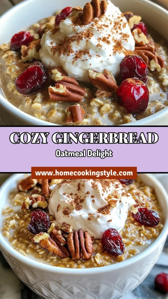 Warm up your mornings with this irresistible gingerbread oatmeal recipe, perfect for holiday breakfast ideas! Packed with cozy spices and topped with healthy oatmeal toppings like nuts and whipped coconut cream, this vegan oatmeal recipe brings festive cheer to your table. Whip it up in just 15 minutes for a nutritious start to your day. Save this recipe and enjoy a bowl of warm gingerbread oats this season! #GingerbreadOatmeal #VeganRecipes #HealthyBreakfast #HolidayCooking