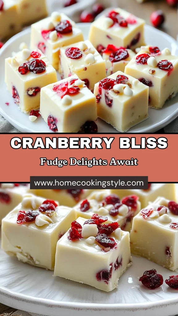 Indulge in this festive Cranberry White Chocolate Fudge that combines rich flavors and a touch of holiday cheer. This cranberry fudge recipe is easy to make and perfect for sharing during the season. With simple ingredients like white chocolate chips and dried cranberries, you can whip up these holiday fudge treats in no time. Try this easy fudge recipe for your next gathering or as a sweet gift. Save this festive dessert idea for a delicious holiday treat! #CranberryFudge #WhiteChocolateFudge #HolidayTreats #EasyDesserts
