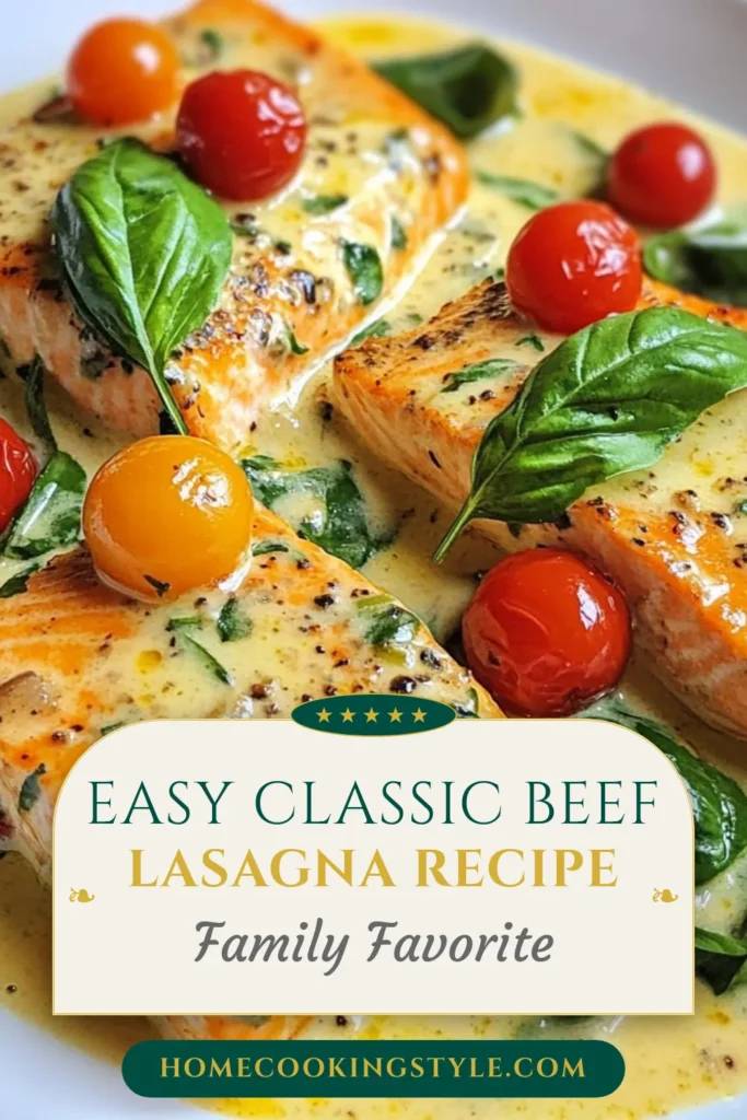 Indulge in this Creamy Garlic Tuscan Salmon, an enchanting mix of flavors perfect for a quick seafood dinner. This easy salmon recipe features tender salmon fillets, sautéed garlic, juicy cherry tomatoes, and vibrant spinach in a luscious cream sauce. Ready in just 25 minutes, it's the perfect creamy salmon dish for any occasion. Try it tonight and elevate your dinner table! Save this delicious recipe! #CreamyGarlicTuscanSalmon #EasySalmonRecipes #TuscanSalmonWithSpinach #QuickSeafoodDinner