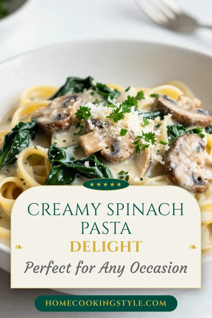 Indulge in the rich flavors of creamy mushroom spinach pasta, a delightful vegetarian pasta dish that’s perfect for any comfort food craving. This easy creamy pasta combines fettuccine with sautéed mushrooms and fresh spinach, all enveloped in a luscious cream sauce. In just 30 minutes, you can serve up this fettuccine pasta recipe that’s sure to impress! Don’t forget to save and share this delicious dish! #CreamyPasta #VegetarianRecipes #ComfortFood #EasyDinners