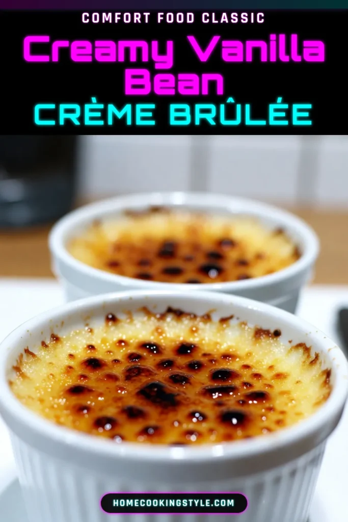 Indulge in this delicious Vanilla Bean Crème Brûlée, a classic French dessert that’s surprisingly easy to make. This easy crème brûlée recipe features a rich, creamy vanilla custard that will impress your guests. Perfect for any occasion, homemade crème brûlée is a delightful treat. Try it today and elevate your dessert game! Save this recipe for later! #VanillaBeanCremeBrulee #EasyCremeBrulee #HomemadeCremeBrulee #FrenchDesserts