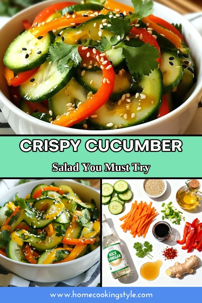 Enjoy a fresh and delicious Asian cucumber salad that's perfect for any occasion! This healthy cucumber salad features a tangy sesame dressing recipe that's gluten-free and full of flavor. With just a few simple ingredients like cucumbers, carrots, and bell peppers, it's a refreshing salad recipe you'll want to make again and again. Save this recipe today for a delightful side dish! #AsianCucumberSalad #SesameDressing #HealthyRecipes #GlutenFreeSideDishes