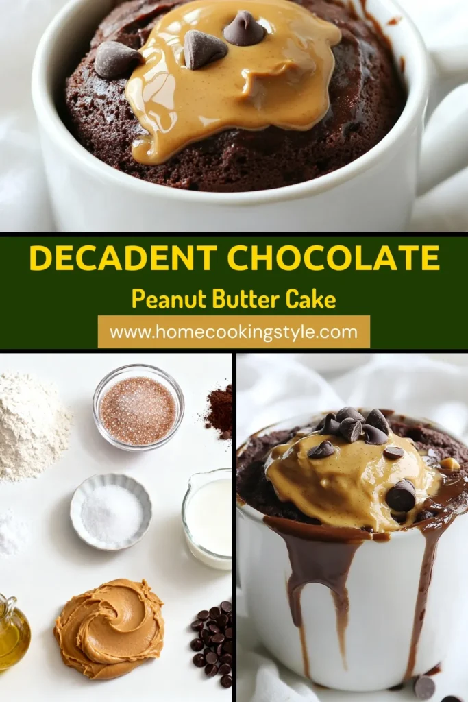 Indulge in this delicious chocolate peanut butter mug cake, the ultimate quick dessert recipe for chocolate lovers! This easy mug cake recipe takes just 5 minutes and is perfect for a single serving chocolate cake craving. Simply mix the ingredients in a mug, microwave, and savor the warm, gooey goodness topped with peanut butter. Treat yourself today with this delightful microwave mug cake recipe! Save this for later! #MugCake #ChocolatePeanutButter #QuickDessert #SingleServing
