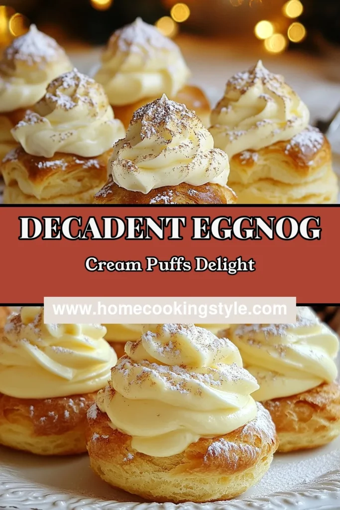Indulge in delectable Eggnog Cream Puffs this holiday season! This festive cream puff recipe features a light choux pastry filled with a rich eggnog dessert filling, perfect for your next gathering. Impress your guests with these simple yet elegant pastries that blend traditional flavors with a twist. Save this Eggnog cream puffs recipe for your holiday dessert ideas and make your celebrations extra special! #EggnogCreamPuffs #FestiveRecipes #HolidayDesserts #ChouxPastry