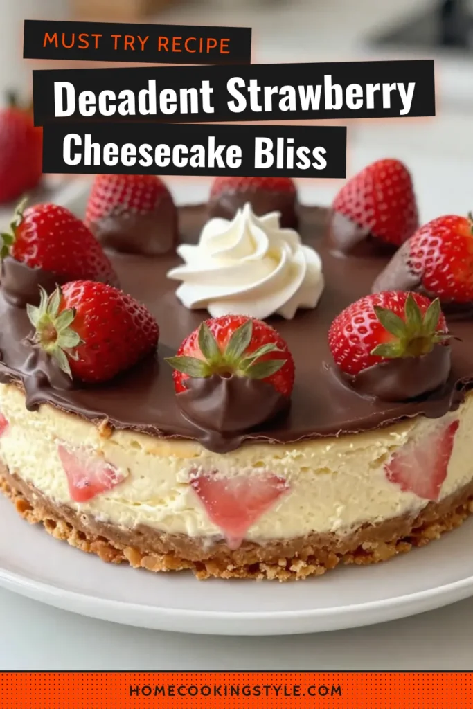 Indulge in the bliss of Chocolate Covered Strawberry Cheesecake with this easy homemade cheesecake recipe! Perfect for any occasion, this no-bake chocolate cheesecake combines luscious strawberries to create a stunning strawberry dessert recipe. Impress your guests or treat yourself with this delightful strawberry chocolate dessert. Save this recipe to try later – your taste buds will thank you! #ChocolateCoveredStrawberryCheesecake #StrawberryDessertRecipes #NoBakeCheesecake #DessertRecipes
