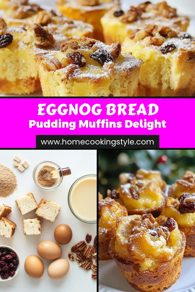 Indulge in the holiday spirit with these scrumptious Eggnog Bread Pudding Muffins! Perfect for festive desserts, this easy bread pudding recipe combines cubed stale bread soaked in delicious eggnog with spices for a seasonal treat. These Eggnog muffins are a delightful twist on traditional holiday baking recipes. Ready in just 45 minutes, they are ideal for gatherings. Save this recipe and elevate your holiday baking! #EggnogMuffins #BreadPuddingMuffins #FestiveDesserts #HolidayBaking