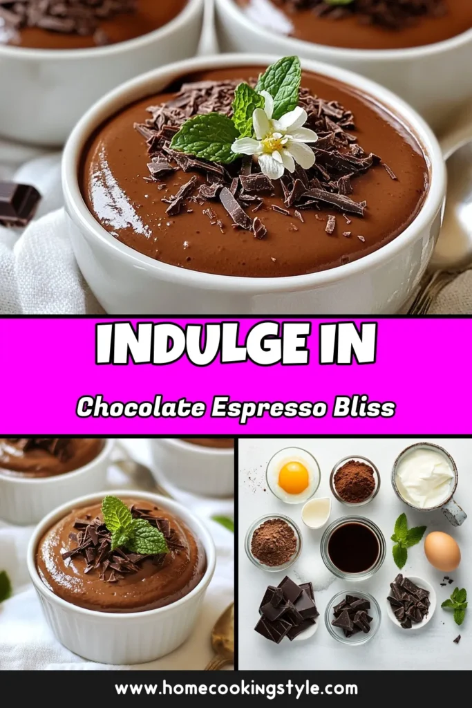 Indulge in this deliciously easy chocolate mousse recipe that combines luxurious dark chocolate and rich espresso for a gourmet chocolate dessert experience. This chocolate espresso mousse recipe is perfect for special occasions or a simple treat. Whip up this espresso dessert recipe in just 20 minutes and impress your guests! Don’t forget to save this easy chocolate mousse for later. #DessertLovers #ChocolateMousse #GourmetDessert #EspressoDelight