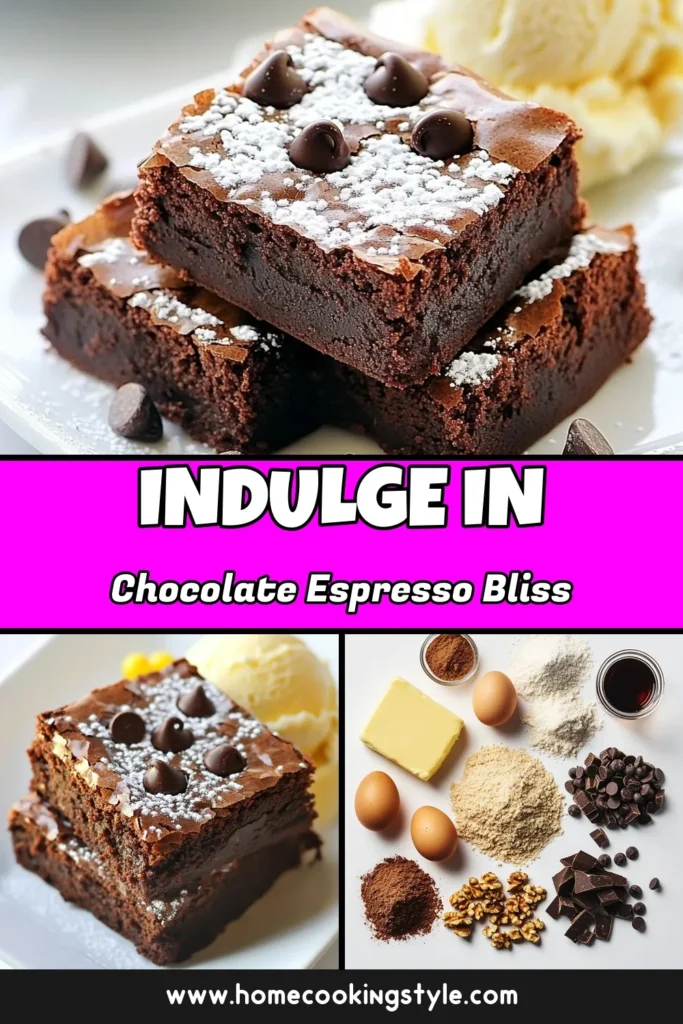 Indulge in the rich flavor of these chocolate espresso brownies, the ultimate decadent brownie recipe you need to try! This easy chocolate brownie recipe is perfect for coffee lovers, featuring homemade brownies with espresso that take your dessert game to the next level. Bake a batch today for a sweet treat everyone will love. Don’t forget to save this recipe for later! #ChocolateEspressoBrownies #EspressoBrownieRecipe #EasyChocolateBrownies #BrownieRecipe