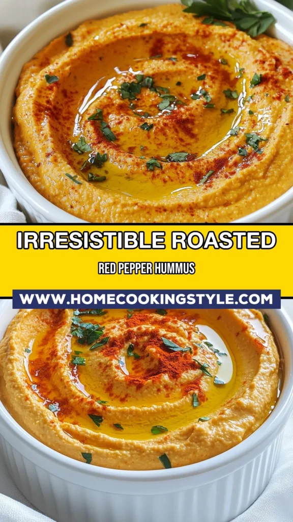 Discover the delightful taste of roasted red pepper hummus with this easy hummus recipe! Perfect as a healthy appetizer recipe, this homemade hummus combines creamy chickpeas and vibrant roasted red peppers. In just 10 minutes, whip up a delicious chickpea dip that’s perfect for parties or as a nutritious snack. Don't miss out—save this recipe for your next gathering! #hummus #healthysnacks #appetizers #veganrecipes