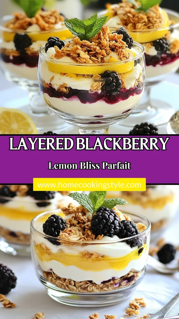 Indulge in a delicious and healthy treat with this Blackberry Lemon Yogurt Parfait! This easy yogurt parfait is made with creamy Greek yogurt, fresh blackberries, and zesty lemon for a refreshing flavor. Perfect as a healthy berry dessert or a no bake yogurt dessert, this Greek yogurt parfait recipe is quick to whip up in just 15 minutes. Enjoy layers of flavor and nutrition—save this recipe for your next sweet craving! #YogurtParfait #HealthyDesserts #BerryRecipes #NoBakeDessert