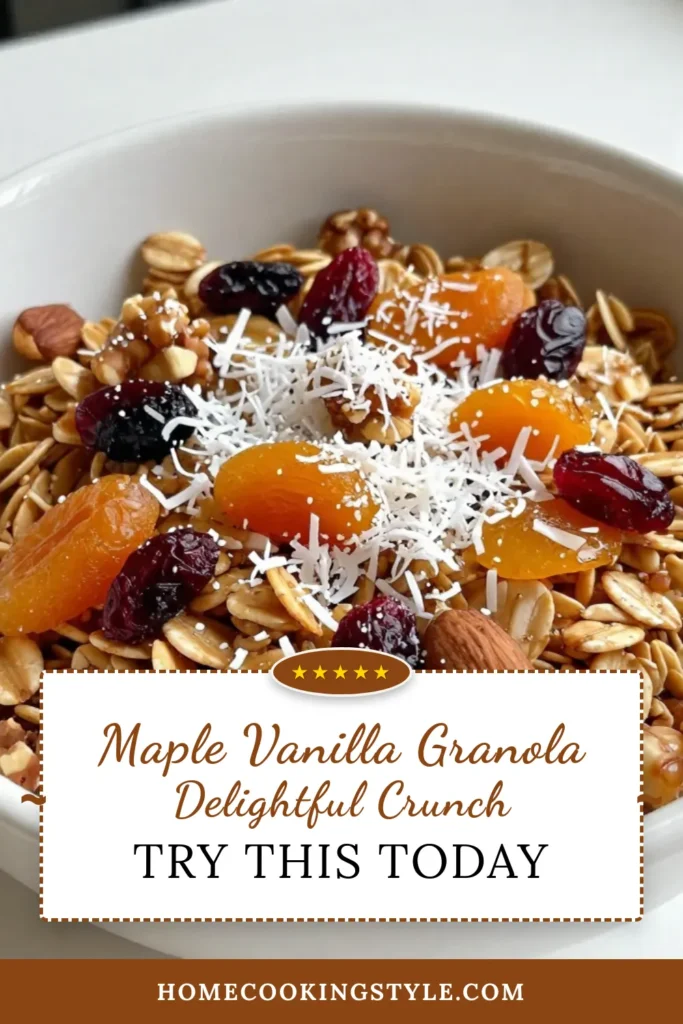 Discover the delicious Maple Vanilla Granola recipe perfect for a healthy snack or easy breakfast! This homemade granola features rolled oats, nuts, and coconut, all drizzled with maple syrup and vanilla for a delightful flavor. Enjoy this gluten-free granola as a topping for yogurt or as a quick snack. Ready in just 35 minutes, it's a must-try for everyone! Save this recipe for your next kitchen adventure! #MapleVanillaGranola #HealthySnacks #GlutenFreeGranola #EasyBreakfastRecipes