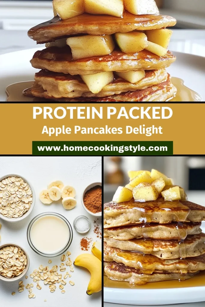 Indulge in delicious and nutritious Apple Cinnamon Protein Pancakes! This protein pancakes recipe combines rolled oats, ripe banana, and diced apples for a healthy oat pancake that's gluten-free. Perfect for breakfast, these fluffy banana apple pancakes are quick to make and packed with flavor. Try this easy recipe for a wholesome start to your day! Save this deliciousness now! #AppleCinnamonPancakes #HealthyOatPancakes #ProteinPancakesRecipe #GlutenFreePancakeRecipe