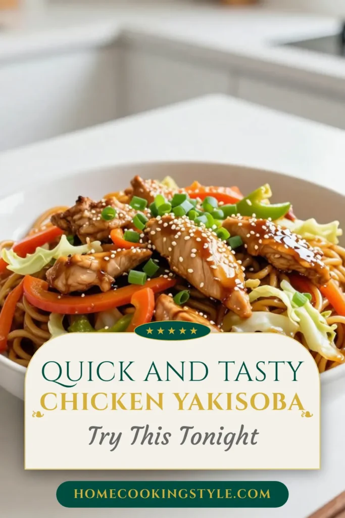 Craving a delicious meal? Try this Easy Chicken Yakisoba recipe! It’s a quick yakisoba noodles dish featuring stir-fried chicken, colorful veggies, and flavorful sauces, all cooked in one pan. Perfect for busy weeknights, this stir-fry chicken recipe takes just 25 minutes. Save this one-pan yakisoba dish for a tasty dinner idea! Pin it now and enjoy the flavors of Japan. #EasyChickenYakisoba #ChickenYakisobaRecipe #QuickYakisobaNoodles #StirFryChickenRecipe