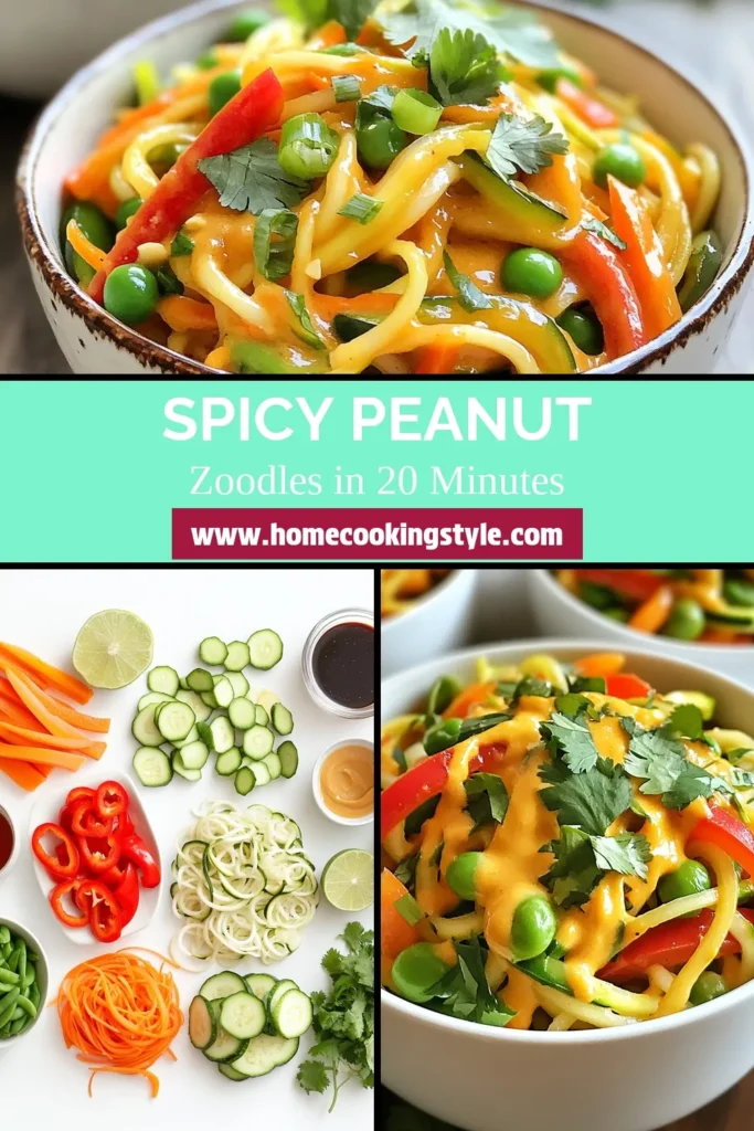 Try this delicious spicy Thai peanut zoodles recipe for a vibrant, healthy meal! Made with zucchini noodles, this vegan zoodles dish is packed with colorful veggies and smothered in a tasty healthy Thai peanut sauce. It's a gluten-free peanut noodle recipe that’s quick to prepare and bursting with flavor. Perfect for lunch or dinner! Save this recipe to elevate your meal prep game! #SpicyThaiPeanutZoodles #ZucchiniNoodleRecipe #VeganZoodles #GlutenFreeCooking