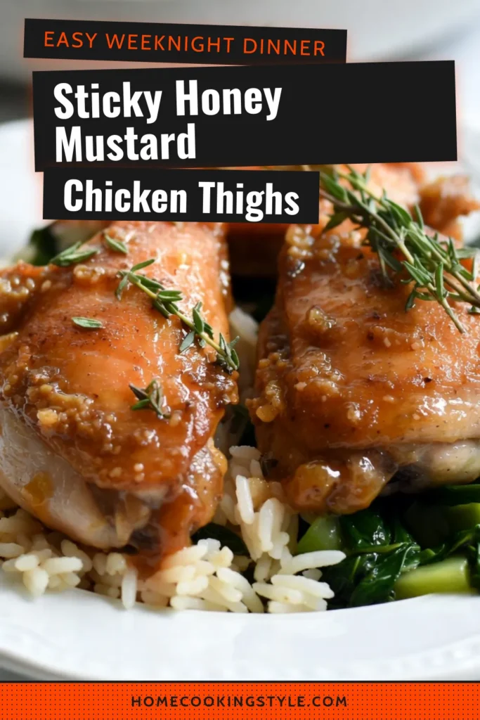 Indulge in the deliciousness of Honey Mustard Chicken Thighs with this easy baked chicken thighs recipe. Packed with flavor from honey, Dijon mustard, and spices, these oven baked chicken with honey mustard thighs are sure to be a hit! Enjoy crispy chicken thighs with a sweet and tangy glaze that's perfect for any dinner. Try this simple recipe today and make mealtime special! Save for later! #HoneyMustardChickenThighs #EasyHoneyMustardChicken #BakedChickenThighs #CrispyChickenThighsRecipe