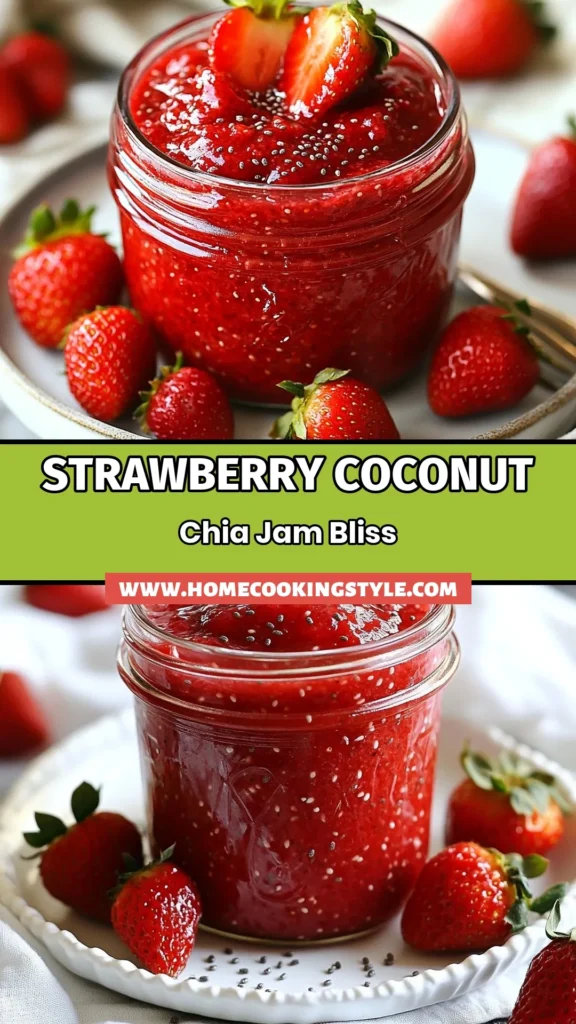Discover the delightful blend of flavors in this Strawberry Coconut Chia Jam! This easy Coconut Chia Jam Recipe is perfect for brunch or as a healthy spread. Made with fresh strawberries and chia seeds, it’s a nutritious, Homemade Chia Jam that boosts your breakfast. With just a few ingredients and a little time, you'll have a delicious Strawberry Coconut Spread that's great on toast, yogurt, or desserts. Save this Healthy Jam Recipe for your next indulgence! #StrawberryChiaJam #HealthyRecipes #CoconutChiaJam #HomemadeJam