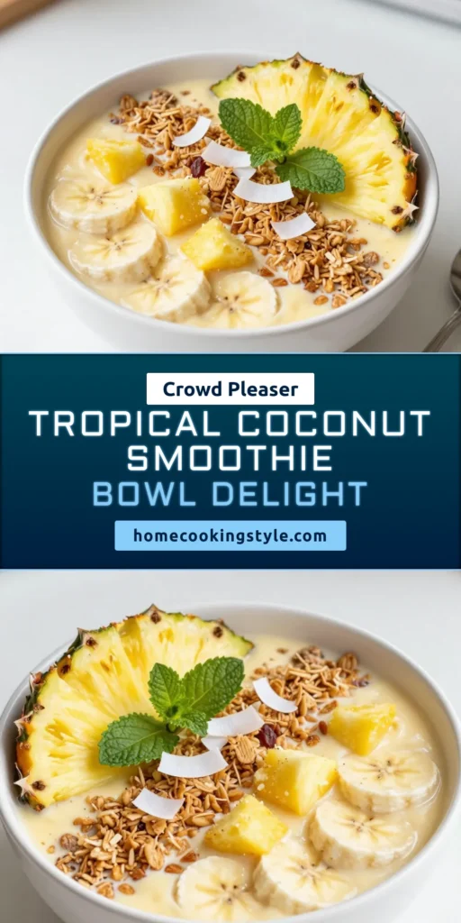 Dive into this refreshing Coconut Pineapple Smoothie Bowl, the ultimate tropical smoothie bowl recipe for a healthy breakfast! Packed with frozen pineapple, banana, and coconut milk, this quick breakfast smoothie bowl is both nutritious and delicious. It's easy to make and perfect for plant-based diets. Treat yourself to a tropical getaway in every bite! Save this healthy smoothie bowl recipe and enjoy the sunshine! #SmoothieBowl #HealthyEating #TropicalRecipe #PlantBased