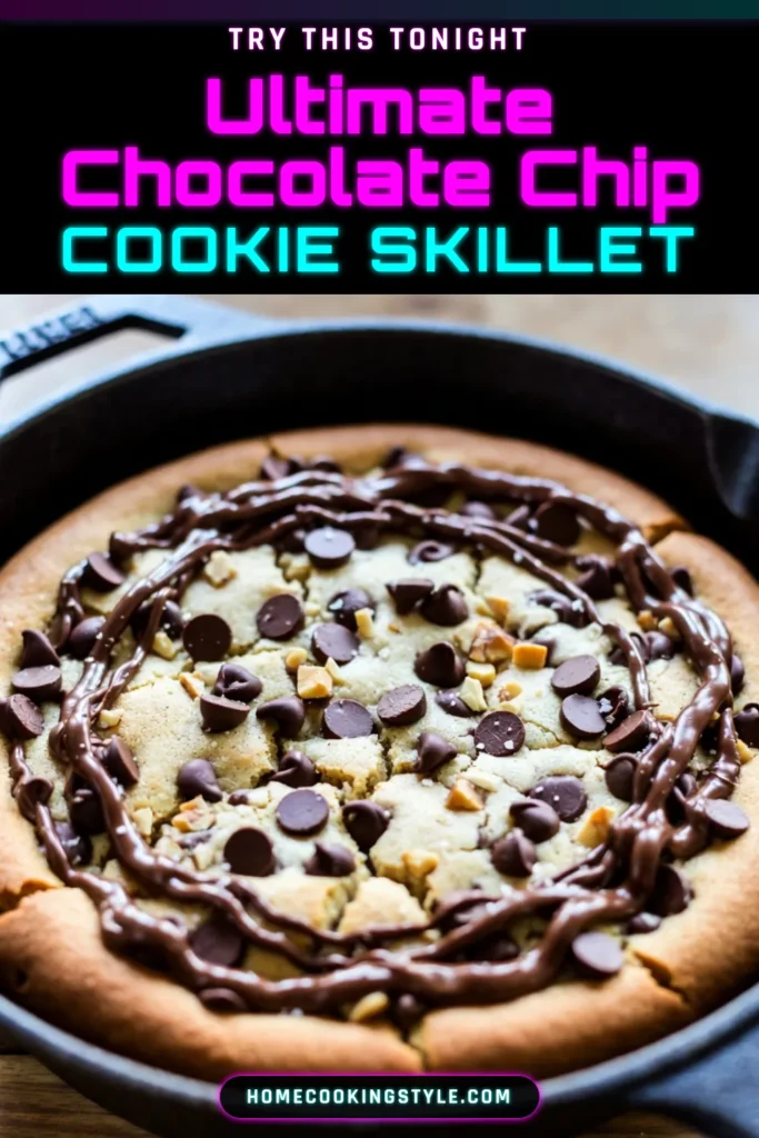 Indulge in this delicious chocolate chip cookie skillet, the perfect easy skillet cookie recipe for dessert lovers! This warm chocolate chip cookie is baked right in a skillet for a cozy, homemade skillet dessert. Serve it warm and elevate your treat with an ice cream topping. Gather your friends and dive into this delightful dessert! Save this recipe for a sweet night in. #ChocolateChipCookieSkillet #SkilletCookies #HomemadeDessert #CookieLovers