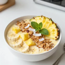 For a delightful Coconut Pineapple Smoothie Bowl, gather these fresh items: - 1 cup frozen pineapple chunks - 1 medium ripe banana - 1/2 cup coconut milk (or any plant-based milk) - 1/4 cup Greek yogurt (or plant-based yogurt) - 1 tablespoon honey or agave syrup (optional) - 1/4 cup granola (for topping) - 1 tablespoon shredded coconut (toasted, for topping) - Fresh pineapple slices for garnish - Fresh mint leaves for garnish (optional) These ingredients work together to create a creamy and tasty smoothie bowl. The frozen pineapple gives a nice chill. The banana adds sweetness and creaminess. Coconut milk brings a rich flavor, while Greek yogurt adds protein. If you like it sweeter, add honey or agave syrup. Top it all with crunchy granola, toasted coconut, and fresh fruit. The mint leaves add a lovely touch and aroma. {{ingredient_image_1}} - Combining Ingredients Start by adding the frozen pineapple chunks, ripe banana, coconut milk, Greek yogurt, and honey into your blender. Make sure the fruits are frozen, as this helps to create a thick and creamy texture. - Blending Techniques Blend the mixture on high until it is smooth and creamy. Stop the blender to scrape down the sides. This ensures all ingredients mix well. If your smoothie is too thick, just add a splash more coconut milk. - Adjusting Consistency Check the texture. You want it thick but pourable. If it feels too thick, add small amounts of coconut milk until you reach the right consistency. - Pouring the Smoothie Once blended, pour the smoothie mixture into a bowl. Use a spatula to get every drop out of the blender. - Adding Toppings Now for the fun part! Top your smoothie with granola, toasted shredded coconut, and fresh pineapple slices. Add a few coconut flakes for extra crunch. To make your bowl look pretty, add fresh mint leaves on top. They add color and a fresh taste. You can also use a drizzle of honey on top for a touch of sweetness. Enjoy your creation right away for the best flavor! How to Blend Smoothly To get a smooth blend, start with your frozen pineapple and banana. Place them in the blender first. Then, add coconut milk and yogurt. This order helps the blades work better. Blend on high until creamy. If needed, pause to scrape the sides. This ensures everything mixes well. Troubleshooting Thickness If your smoothie is too thick, don’t worry. Just add more coconut milk. A little at a time helps. Blend again until you reach your perfect texture. The goal is a creamy, inviting mix. Natural Sweeteners Options You can adjust sweetness based on your taste. If you like it sweeter, add honey or agave syrup. These natural sweeteners blend well. Start with a small amount and taste. Remember, ripe bananas add natural sweetness, too. This makes your smoothie bowl tasty without too much sugar. Presentation Ideas For a great look, pour the smoothie into a bowl. Then, add your toppings. Use granola and toasted coconut for crunch. Fresh pineapple slices and coconut flakes add color. Place a few mint leaves on top for a fresh touch. This makes your smoothie bowl fun and beautiful. Pairing With Other Dishes You can serve this smoothie bowl with a light breakfast or snack. It pairs well with toast or oatmeal. It’s also a great treat after a workout. Enjoy it anytime you want a tropical lift! Pro Tips Use Frozen Fruits: Using frozen pineapple chunks not only makes the smoothie cold and refreshing but also gives it a thicker, creamier texture. Customize Your Milk: Feel free to swap coconut milk with almond, oat, or soy milk to suit your dietary preferences or to enhance the flavor. Add More Toppings: Get creative with your toppings! Try adding chia seeds, sliced bananas, or even nuts for a nutritious crunch. Sweetness Adjustment: Taste the smoothie before serving; adjust the sweetness by adding more honey or agave if desired, especially if your fruits are not very ripe. {{image_2}} For a fun twist, try these ingredient swaps: - Dairy-Free Options: Use plant-based yogurt instead of Greek yogurt. Almond or soy yogurt works well. You can also swap coconut milk for almond milk or oat milk. Both add a nice creaminess. - Alternative Fruit Choices: If you want to mix things up, use mango or strawberries. These fruits blend well and still give that tropical vibe. You can also try adding spinach for extra nutrients without changing the taste. Get creative with flavors to make your bowl unique: - Tropical Add-ins: Add a scoop of passion fruit or a bit of lime juice. These flavors enhance the tropical taste. You might also add a few slices of kiwi for a zesty kick. - Superfood Boosts: Consider adding chia seeds or flaxseeds. These tiny seeds are full of fiber and healthy fats. They are a great way to add nutrition without changing the flavor much. Change your smoothie bowl with the seasons: - In summer, use fresh berries like blueberries or raspberries. They are juicy and sweet, perfect for warm days. - In winter, try adding spices like cinnamon or nutmeg. These warm spices can give your bowl a cozy feel. You could also top with pomegranate seeds for a festive touch. Each of these variations helps you enjoy your Coconut Pineapple Smoothie Bowl in new ways! To keep your smoothie bowl fresh, use an airtight container. Glass or plastic containers work well. Store it in the fridge for up to two days. After that, the flavors may fade, and the texture can change. You can freeze your smoothie bowl for later use. Pour the mixture into a freezer-safe container. Leave some space at the top, as the smoothie may expand when frozen. It can last up to three months in the freezer. To enjoy your frozen smoothie bowl, place it in the fridge overnight. This method helps it thaw slowly. If you're in a hurry, you can use the microwave. Heat it in short bursts, stirring in between. Once thawed, stir well. Adjust the consistency with a little coconut milk if needed. Enjoy your tasty treat anytime! Yes, you can make this smoothie bowl ahead of time. Best Practices for Preparation To prepare it, blend your ingredients as usual. Then, store it in an airtight container. Keep it in the fridge for up to 24 hours. When you are ready to eat, stir it well. If it thickens, add a splash of coconut milk. This keeps it fresh and tasty. Yes, this smoothie bowl can be vegan-friendly. Ingredient Considerations To make it vegan, use plant-based yogurt and coconut milk. Instead of honey, choose agave syrup. Check that your granola is also vegan. With these swaps, you enjoy a great vegan treat without losing flavor. You can easily make your smoothie bowl more filling. Protein and Fiber Additions Add a scoop of protein powder or nut butter for protein. Chia seeds or ground flaxseed boost fiber. These additions help keep you full longer. You can also top it with more granola for extra crunch and energy. Enjoy your smoothie bowl as a satisfying meal! This blog post covered how to make a tasty smoothie bowl with simple ingredients. I shared easy steps for blending, assembling, and garnishing. You can customize the bowl with different fruits and flavors. Remember to store any leftovers properly for future enjoyment. Smoothie bowls are fun and boost your health. Try these ideas in your kitchen. Enjoy your journey to creating delicious, fresh meals!