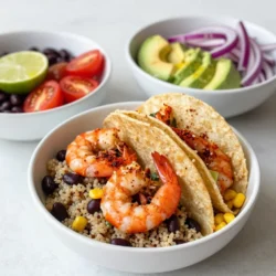 For spicy shrimp taco bowls, you need: - 1 lb large shrimp, peeled and deveined - 2 tablespoons olive oil - 1 teaspoon smoked paprika - 1 teaspoon chili powder - 1/2 teaspoon cumin - 1/4 teaspoon cayenne pepper (adjust to taste) - Salt and pepper to taste - 1 cup cooked quinoa or brown rice - 1 cup black beans, rinsed and drained - 1 cup corn (fresh or canned) - 1 avocado, diced - 1/2 cup cherry tomatoes, halved - 1/4 cup red onion, diced - 1/4 cup cilantro, chopped - Juice of 1 lime - Optional toppings: jalapeños, sour cream, hot sauce If you can’t find shrimp, you can use chicken or tofu. For a grain base, you can swap quinoa for brown rice. Canned corn works well, but fresh corn gives a nice crunch. If you don’t have lime, lemon juice also adds fresh flavor. For the beans, black beans can be replaced with pinto beans or chickpeas. The key spices here are smoked paprika and chili powder. Smoked paprika gives a nice depth. Chili powder adds heat and flavor. Cumin adds an earthy taste. If you want more heat, adjust the cayenne pepper. You can also try adding garlic powder or onion powder for extra flavor. For freshness, cilantro is a great choice. {{ingredient_image_1}} First, take 1 pound of large shrimp. Peel and devein them if needed. In a medium bowl, add the shrimp. Mix in 2 tablespoons of olive oil. Then, sprinkle in 1 teaspoon of smoked paprika, 1 teaspoon of chili powder, and 1/2 teaspoon of cumin. Add 1/4 teaspoon of cayenne pepper for some heat. Season with salt and pepper to taste. Toss everything until the shrimp are well coated. Let the shrimp sit for at least 10 minutes. This helps the flavors soak in. Heat a large skillet over medium-high heat. Add the marinated shrimp to the pan. Cook the shrimp for 2 to 3 minutes on one side. Flip them and cook for another 2 to 3 minutes. The shrimp should turn pink and opaque. Don’t overcrowd the pan; cook in batches if needed. Once done, take them off the heat and set aside. Grab some serving bowls. Start with a base of 1 cup of cooked quinoa or brown rice in each bowl. Then, add 1 cup of black beans and 1 cup of corn on top. Next, layer on the cooked shrimp. Follow with diced avocado, halved cherry tomatoes, and diced red onion. Sprinkle chopped cilantro over everything. To finish, squeeze fresh lime juice over each bowl for added flavor. If you like it spicy, add optional toppings like jalapeños or drizzle with sour cream and hot sauce. Enjoy your delicious spicy shrimp taco bowls! To cook shrimp just right, start with fresh or thawed shrimp. Rinse them well and pat them dry. This helps the spices stick. I like to marinate them for at least 10 minutes. This gives the shrimp time to soak in all the flavors. When cooking, use medium-high heat in a large skillet. Cook each side for 2-3 minutes. You want them pink and opaque. Avoid overcrowding the pan. Cook in batches if needed. This way, they will cook evenly. You can boost the flavor of your shrimp by using a mix of spices. Smoked paprika gives a nice depth. Chili powder adds heat. Cumin brings warmth, and cayenne gives it a kick. Adjust the cayenne to your taste. You can also squeeze lime juice over the cooked shrimp. This adds brightness to the dish. If you like it spicy, add jalapeños or hot sauce on top. These extra touches will make your tacos sing. To make your taco bowls look beautiful, layer the ingredients neatly. Start with quinoa or brown rice at the bottom. Add black beans and corn next. Then, place the shrimp on top to create height. Add colorful toppings like diced avocado, halved cherry tomatoes, and chopped cilantro. These colors make the dish pop. Drizzle lime juice over everything for shine. You can even serve them in clear bowls. This way, everyone can see the vibrant layers. Pro Tips Marination Time: Allow the shrimp to marinate for at least 20 minutes for deeper flavor infusion. Cooking Temperature: Ensure your skillet is hot enough to quickly sear the shrimp, achieving a nice caramelization. Fresh Ingredients: Use fresh lime juice and ripe avocados for the best flavor and texture in your taco bowls. Customizable Toppings: Feel free to mix and match toppings based on your preference, like adding feta cheese or salsa. {{image_2}} You can swap shrimp for chicken or tofu. Chicken thighs work well. Cut them into bite-sized pieces and season like the shrimp. Tofu adds a nice texture. Use firm tofu, press it, and cube it. Cook until golden brown for best flavor. For a gluten-free meal, use quinoa or brown rice as your base. Both are healthy and tasty. For a vegan option, skip the shrimp and add more beans. Use chickpeas or lentils for protein. They soak up flavors well. You can mix and match toppings to fit your taste. Try adding sliced jalapeños for heat. Grated cheese adds creaminess, while a dollop of guacamole can enhance the flavor. Fresh herbs like parsley or chives can add a fresh touch. To store leftovers, let the taco bowls cool. Place them in an airtight container. Keep them in the fridge. They should stay fresh for up to three days. Make sure to separate the shrimp from the other ingredients. This keeps everything tasting great. When you're ready to eat, take the shrimp out. Reheat it in a skillet over medium heat. Cook until it's warm but not overcooked. You can also microwave the other parts, like quinoa and beans, for about one minute. Stir and check if it's hot enough. You can freeze the cooked shrimp and any extras. Place them in a freezer-safe bag. Remove as much air as possible. This way, they stay fresh for up to three months. When you're ready, thaw in the fridge overnight before reheating. Avoid freezing fresh toppings like avocado and tomatoes; they won't taste good later. Yes, you can prepare the shrimp ahead of time. Marinate the shrimp and store it in the fridge. This lets the shrimp soak up the spices. I suggest using it within 24 hours for the best taste. Spicy shrimp taco bowls are great on their own. You can add sides like: - Tortilla chips - Salsa - Guacamole - A simple green salad These sides add crunch and freshness to your meal. To adjust the spice level, you can change a few things. Add less cayenne if you like it mild. You can also skip the jalapeños or hot sauce. If you want more heat, add extra cayenne or use a hotter pepper. Always taste as you go to find your perfect balance. This blog post covered everything you need for delicious shrimp taco bowls. We explored the ingredients, substitutions, and the best spices. You learned step-by-step how to prepare, cook, and assemble your bowls. I shared tips for perfect shrimp and fun presentation ideas. We also discussed variations for different diets and storage tips for leftovers. Enjoy making these taco bowls your own. With these tips, you can impress anyone at your table!