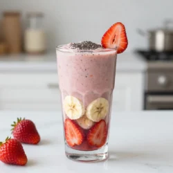 - 1 cup fresh strawberries, hulled and halved - 1 ripe banana, sliced - 1/2 cup Greek yogurt (plain or vanilla) - 1 cup almond milk (or any milk of choice) - 1 tablespoon honey or maple syrup (optional) - 1 tablespoon chia seeds (for extra nutrients) - A handful of ice cubes Gathering fresh ingredients is key to a great smoothie. Start with one cup of fresh strawberries. Make sure to hull and halve them for easy blending. Next, grab one ripe banana. Slice it into smaller pieces to help it blend smoothly. For creaminess, use half a cup of Greek yogurt. You can choose plain or vanilla, depending on your taste. Almond milk works well too, but you can use any milk you prefer. Pour in one cup. If you like your smoothie sweet, consider adding one tablespoon of honey or maple syrup. This step is optional, so feel free to skip it if you prefer less sugar. For added health benefits, include one tablespoon of chia seeds. Finally, toss in a handful of ice cubes. This will give your smoothie that refreshing chill. These ingredients come together to create a delicious and healthy drink. Each component adds flavor and nutrition. {{ingredient_image_1}} Start by washing your strawberries. Remove the green tops and cut them in half. Next, take your ripe banana and slice it into rounds. Make sure your fruits are fresh for the best taste. Place the strawberries and banana slices into the blender. Add the Greek yogurt on top of the fruits. Pour in the almond milk next. If you like it sweeter, add honey or maple syrup now. Sprinkle in the chia seeds for extra nutrition. Finally, toss in a handful of ice cubes. Blend everything on high speed until smooth and creamy. If needed, scrape down the sides to mix well. Once blended, taste your smoothie. If it needs more sweetness, add a little more honey or syrup. Blend again briefly if you make any changes. Pour the smoothie into tall glasses and enjoy! To get your smoothie just right, adjust the liquids. If you want a thicker smoothie, add more Greek yogurt or ice. For a thinner smoothie, pour in extra almond milk. Blend until you reach your desired texture. Try adding a pinch of cinnamon or nutmeg for warmth. You can also mix in other fruits, like blueberries or mangoes, for a new twist. For added nutrients, consider a scoop of protein powder or greens. Use high speed on your blender for a smooth finish. Start slow to mix the ingredients without splashing. If needed, stop and scrape down the sides to ensure even blending. Blend until everything is creamy and delicious. Pro Tips Use Frozen Fruits: For a thicker and creamier smoothie, consider using frozen strawberries and bananas instead of fresh. This will also keep your smoothie colder for longer! Customize Your Sweetness: Adjust the sweetness of your smoothie by adding more or less honey or maple syrup based on your taste preferences. You can also experiment with different flavored yogurt. Add Spinach: For an extra nutritional boost, sneak in a handful of fresh spinach. It won’t alter the flavor but will add vitamins and minerals to your smoothie. Blend in Layers: To ensure all ingredients are well blended, start by blending the softer ingredients first (like fruits and yogurt) before adding the ice and chia seeds. {{image_2}} You can easily swap Greek yogurt for dairy-free options. Try coconut yogurt or almond yogurt. Both give a creamy texture and add a hint of flavor. They are also great for lactose-free diets. This simple change keeps the smoothie light and healthy. Add more fruits or superfoods to change up the taste. Blueberries, mango, or spinach can boost nutrition. Each fruit brings its own flavor and color. You could also try adding protein powder or oats for a filling option. This way, your smoothie becomes a hearty meal. Turn your smoothie into a dessert treat with a few tweaks. Add a scoop of vanilla ice cream or frozen yogurt. Drizzle some chocolate syrup or top with granola for crunch. These small changes make your smoothie feel like a tasty dessert, perfect for any sweet craving. To store leftover smoothie, pour it into a clean jar. Seal it tightly. Place it in the fridge. The smoothie stays good for up to 24 hours. Before drinking, shake the jar to mix it again. This helps restore the texture. If it separates, don’t worry. Just give it a good shake. You can freeze this smoothie too. Pour it into ice cube trays or freezer-safe jars. Leave some space at the top because it expands when frozen. When ready to use, thaw it in the fridge overnight. You can also blend frozen cubes directly into a fresh smoothie. This keeps it cold and thick. If you want to prep smoothies, make them in batches. Blend several smoothies and store them as described. You can also prep ingredients ahead of time. Wash and cut strawberries and bananas, then store them in the fridge. This saves time in the morning, making smoothies easy to grab and go. A strawberry banana smoothie has about 200 calories per serving. This count includes: - 1 cup fresh strawberries: 50 calories - 1 ripe banana: 105 calories - 1/2 cup Greek yogurt: 60 calories - 1 cup almond milk: 30 calories (unsweetened) - 1 tablespoon honey or maple syrup: 60 calories (optional) - 1 tablespoon chia seeds: 58 calories These values can change based on the type of yogurt or milk you use. If you skip sweeteners, the count drops. Yes, you can make this smoothie without yogurt. Some good options include: - Silken tofu for creaminess - Coconut milk for a tropical twist - Nut milk, like cashew or soy, for a light texture These choices keep the smoothie smooth and tasty. They also make it dairy-free and vegan. A smoothie stays fresh in the fridge for about 1 day. After that, it may lose flavor and nutrients. To keep it fresh, store it in a tight container. Stir or shake it well before drinking to mix any settled ingredients. If you want to enjoy it later, consider freezing it for an even longer shelf life. We explored how to make a tasty strawberry banana smoothie. Fresh ingredients like strawberries and bananas bring flavor. Greek yogurt and almond milk add creaminess and nutrition. I shared tips for blending and adjusting sweetness to your taste. You can try different flavors or make a dessert version too. Remember, smoothies can store well in the fridge or freezer. With these steps, you can enjoy a delicious smoothie any time!