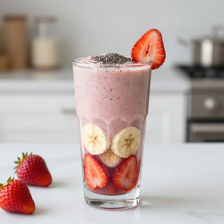 - 1 cup fresh strawberries, hulled and halved - 1 ripe banana, sliced - 1/2 cup Greek yogurt (plain or vanilla) - 1 cup almond milk (or any milk of choice) - 1 tablespoon honey or maple syrup (optional) - 1 tablespoon chia seeds (for extra nutrients) - A handful of ice cubes Gathering fresh ingredients is key to a great smoothie. Start with one cup of fresh strawberries. Make sure to hull and halve them for easy blending. Next, grab one ripe banana. Slice it into smaller pieces to help it blend smoothly. For creaminess, use half a cup of Greek yogurt. You can choose plain or vanilla, depending on your taste. Almond milk works well too, but you can use any milk you prefer. Pour in one cup. If you like your smoothie sweet, consider adding one tablespoon of honey or maple syrup. This step is optional, so feel free to skip it if you prefer less sugar. For added health benefits, include one tablespoon of chia seeds. Finally, toss in a handful of ice cubes. This will give your smoothie that refreshing chill. These ingredients come together to create a delicious and healthy drink. Each component adds flavor and nutrition. {{ingredient_image_1}} Start by washing your strawberries. Remove the green tops and cut them in half. Next, take your ripe banana and slice it into rounds. Make sure your fruits are fresh for the best taste. Place the strawberries and banana slices into the blender. Add the Greek yogurt on top of the fruits. Pour in the almond milk next. If you like it sweeter, add honey or maple syrup now. Sprinkle in the chia seeds for extra nutrition. Finally, toss in a handful of ice cubes. Blend everything on high speed until smooth and creamy. If needed, scrape down the sides to mix well. Once blended, taste your smoothie. If it needs more sweetness, add a little more honey or syrup. Blend again briefly if you make any changes. Pour the smoothie into tall glasses and enjoy! To get your smoothie just right, adjust the liquids. If you want a thicker smoothie, add more Greek yogurt or ice. For a thinner smoothie, pour in extra almond milk. Blend until you reach your desired texture. Try adding a pinch of cinnamon or nutmeg for warmth. You can also mix in other fruits, like blueberries or mangoes, for a new twist. For added nutrients, consider a scoop of protein powder or greens. Use high speed on your blender for a smooth finish. Start slow to mix the ingredients without splashing. If needed, stop and scrape down the sides to ensure even blending. Blend until everything is creamy and delicious. Pro Tips Use Frozen Fruits: For a thicker and creamier smoothie, consider using frozen strawberries and bananas instead of fresh. This will also keep your smoothie colder for longer! Customize Your Sweetness: Adjust the sweetness of your smoothie by adding more or less honey or maple syrup based on your taste preferences. You can also experiment with different flavored yogurt. Add Spinach: For an extra nutritional boost, sneak in a handful of fresh spinach. It won’t alter the flavor but will add vitamins and minerals to your smoothie. Blend in Layers: To ensure all ingredients are well blended, start by blending the softer ingredients first (like fruits and yogurt) before adding the ice and chia seeds. {{image_2}} You can easily swap Greek yogurt for dairy-free options. Try coconut yogurt or almond yogurt. Both give a creamy texture and add a hint of flavor. They are also great for lactose-free diets. This simple change keeps the smoothie light and healthy. Add more fruits or superfoods to change up the taste. Blueberries, mango, or spinach can boost nutrition. Each fruit brings its own flavor and color. You could also try adding protein powder or oats for a filling option. This way, your smoothie becomes a hearty meal. Turn your smoothie into a dessert treat with a few tweaks. Add a scoop of vanilla ice cream or frozen yogurt. Drizzle some chocolate syrup or top with granola for crunch. These small changes make your smoothie feel like a tasty dessert, perfect for any sweet craving. To store leftover smoothie, pour it into a clean jar. Seal it tightly. Place it in the fridge. The smoothie stays good for up to 24 hours. Before drinking, shake the jar to mix it again. This helps restore the texture. If it separates, don’t worry. Just give it a good shake. You can freeze this smoothie too. Pour it into ice cube trays or freezer-safe jars. Leave some space at the top because it expands when frozen. When ready to use, thaw it in the fridge overnight. You can also blend frozen cubes directly into a fresh smoothie. This keeps it cold and thick. If you want to prep smoothies, make them in batches. Blend several smoothies and store them as described. You can also prep ingredients ahead of time. Wash and cut strawberries and bananas, then store them in the fridge. This saves time in the morning, making smoothies easy to grab and go. A strawberry banana smoothie has about 200 calories per serving. This count includes: - 1 cup fresh strawberries: 50 calories - 1 ripe banana: 105 calories - 1/2 cup Greek yogurt: 60 calories - 1 cup almond milk: 30 calories (unsweetened) - 1 tablespoon honey or maple syrup: 60 calories (optional) - 1 tablespoon chia seeds: 58 calories These values can change based on the type of yogurt or milk you use. If you skip sweeteners, the count drops. Yes, you can make this smoothie without yogurt. Some good options include: - Silken tofu for creaminess - Coconut milk for a tropical twist - Nut milk, like cashew or soy, for a light texture These choices keep the smoothie smooth and tasty. They also make it dairy-free and vegan. A smoothie stays fresh in the fridge for about 1 day. After that, it may lose flavor and nutrients. To keep it fresh, store it in a tight container. Stir or shake it well before drinking to mix any settled ingredients. If you want to enjoy it later, consider freezing it for an even longer shelf life. We explored how to make a tasty strawberry banana smoothie. Fresh ingredients like strawberries and bananas bring flavor. Greek yogurt and almond milk add creaminess and nutrition. I shared tips for blending and adjusting sweetness to your taste. You can try different flavors or make a dessert version too. Remember, smoothies can store well in the fridge or freezer. With these steps, you can enjoy a delicious smoothie any time!