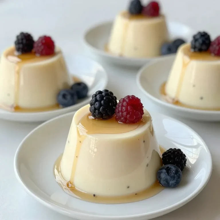 - 2 cups heavy cream - 1 cup whole milk - 1/2 cup granulated sugar - 1 vanilla bean (split and scraped) - 2 teaspoons gelatin powder - 3 tablespoons water - A pinch of salt Heavy cream gives panna cotta its rich and creamy texture. I love using fresh, high-quality cream. Whole milk adds a nice balance to the heaviness of the cream. Granulated sugar sweetens the dish and enhances the vanilla flavor. The star of this recipe is the vanilla bean. Its seeds and pod add an intense vanilla taste. Gelatin powder is important for setting the panna cotta. It gives the dessert its smooth shape. A pinch of salt helps bring out all the flavors. If you want a dairy-free panna cotta, you can use coconut cream instead of heavy cream. Almond milk can also work as a substitute for whole milk. For a lower sugar option, you can use a sugar substitute. If you have a gelatin allergy, try agar-agar. It is a plant-based thickener that works well in this recipe. Always ensure that your substitutes maintain the creamy texture you want. {{ingredient_image_1}} To make vanilla bean panna cotta, follow these easy steps. First, sprinkle the gelatin over the water in a small bowl. Let it sit for about 5 minutes. Next, in a medium saucepan, mix the heavy cream, whole milk, sugar, salt, and the vanilla seeds. Do not forget to add the vanilla pod. Heat this mixture over medium heat. Stir it now and then until the sugar dissolves and the mix is hot, but not boiling. Once hot, take the saucepan off the heat. Add the bloomed gelatin and stir until it dissolves fully. Remove the vanilla pod from the mix. Finally, pour the panna cotta into ramekins. Let them cool at room temperature for 30 minutes. After that, cover each ramekin with plastic wrap and chill in the fridge for at least 4 hours. Temperature and timing are key in this recipe. Heating the cream mix too much can cause it to scorch. Keep an eye on it to avoid boiling. Gelatin needs to bloom properly to work well. If you skip this step, your panna cotta may not set. Cooling at room temperature before chilling helps it set evenly. Patience is crucial! Chilling for at least 4 hours ensures a firm and creamy texture. To get that perfect creamy panna cotta, use fresh heavy cream and whole milk. They help create a rich flavor. Stir the mix gently when heating to prevent bubbles. This keeps the panna cotta smooth. If the mixture seems too thin after chilling, it may need more gelatin next time. Remember, practice makes perfect! To make panna cotta creamy, use fresh cream and whole milk. Heavy cream gives richness. Whole milk keeps it smooth. When you heat the mixture, avoid boiling. Heat it just until hot. This step helps the gelatin dissolve well. Bloom the gelatin in water to make it easier to mix. Always stir until the gelatin fully dissolves. This ensures a silky smooth texture. Many people forget to let the panna cotta cool before chilling it. Cool it on the counter first. This step prevents condensation in the fridge. Another mistake is using too much gelatin. Follow the recipe closely for the right amount. If you add too much, it gets rubbery. Lastly, do not skip straining the mixture. Straining removes any lumps or bits of vanilla pod, leading to a better finish. Serve panna cotta in individual ramekins or cups. This makes it easy for guests to enjoy. To add color and flavor, top it with fresh berries. Strawberries and raspberries work well. A drizzle of honey adds sweetness. You can also use a sprig of mint for a pop of green. For a fun twist, pair it with a fruit coulis or chocolate sauce. These toppings bring out the vanilla flavor and make it even more special. Pro Tips Use Fresh Ingredients: Always opt for fresh heavy cream and milk for a richer and creamier panna cotta. Gelatin Technique: Ensure gelatin is properly bloomed before adding it to the mixture to avoid any lumps in the final texture. Flavor Variations: Experiment with different flavors by infusing the cream with citrus zest, coffee, or other extracts before adding gelatin. Serving Suggestions: For an elegant presentation, serve panna cotta with a coulis made from blended fruits or a sprinkle of crushed nuts. {{image_2}} You can switch up the flavor of your panna cotta easily. For a rich chocolate panna cotta, add 4 ounces of melted chocolate to the cream mixture. Stir it in after you remove the pan from heat. If you crave coffee, brew a strong cup and replace part of the milk with coffee. You can even infuse the cream with herbs like mint or basil for a fresh twist. Each flavor brings a new experience to this simple dessert. If you want to cut back on sugar, try using honey or maple syrup. These natural sweeteners can add their unique taste. For a low-calorie option, use stevia or monk fruit. Just remember that these sweeteners can vary in sweetness, so adjust the amount to your taste. This makes panna cotta fit many diets while keeping it delicious. How you serve panna cotta can make it even more special. Try layering flavors in clear jars for a stunning look. You can also use small dessert cups for a more casual vibe. Top your panna cotta with fresh berries, a drizzle of honey, or a mint sprig. Each of these adds color and texture. The way you present it can impress your guests and make it a memorable dish. To store panna cotta, keep it in the fridge. Cover each ramekin with plastic wrap. This helps prevent it from absorbing other smells. It stays fresh for up to four days. If you want to keep it longer, consider freezing. Panna cotta can be frozen, but it may change texture. First, let it set fully in the fridge. After that, wrap each ramekin tightly in plastic wrap. Then place them in an airtight container. You can freeze them for up to one month. When ready to eat, thaw it in the fridge overnight. To revive panna cotta, avoid using high heat. Instead, let it sit at room temp for about 30 minutes. If it’s too firm after freezing, you can add a bit of cream. Stir gently until it smooths out. This will help return some of its creamy texture. Yes, you can use powdered gelatin. Both forms work well in panna cotta. Just remember that one packet of powdered gelatin is often equal to about two teaspoons of gelatin powder. Follow the same blooming process to get the best results. Panna cotta can last in the fridge for about four days. Make sure to cover it with plastic wrap or a lid. This keeps it fresh and prevents it from absorbing other smells from the fridge. The best way to serve panna cotta is to invert it onto a plate. Gently run a knife around the edges first. You can also serve it in the ramekin for a casual look. Top it with fresh berries, honey, or a mint sprig for a nice touch. This blog post covered everything you need to make panna cotta. We explored the key ingredients and helpful substitutions for allergies. I shared step-by-step instructions with tips for great texture. You learned about flavor and presentation variations to inspire your creativity. Proper storage methods keep your panna cotta fresh. Remember, practice makes perfect, and don’t shy away from experimenting. Enjoy your panna cotta, and impress your guests with this delicious treat!