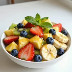 To make a tasty Honey Lime Fruit Salad, gather these fresh fruits: - 1 cup strawberries, hulled and sliced - 1 cup blueberries - 1 cup pineapple, diced - 1 cup kiwi, peeled and sliced - 1 banana, sliced These fruits add color and flavor. Strawberries bring sweetness, while blueberries add a burst of juicy goodness. Pineapple gives a tropical feel. Kiwi adds a fun twist. Bananas add creaminess and balance the mix. The dressing is simple yet bright. You will need: - 1/4 cup honey - 2 tablespoons fresh lime juice - 1 tablespoon lime zest The honey adds sweetness. Lime juice gives tanginess. Lime zest boosts the citrus aroma. Together, they create a refreshing dressing that brings all the fruits to life. For a finishing touch, consider these garnishes: - Fresh mint leaves Mint adds a lovely green color and a fresh taste. It makes the salad look pretty and inviting. You can also serve the salad in small bowls or on a large platter for a festive feel. {{ingredient_image_1}} First, gather all your fresh fruit. You will need strawberries, blueberries, pineapple, kiwi, and banana. Start by hulling and slicing the strawberries. Next, wash the blueberries and dice the pineapple into small pieces. Peel the kiwi and cut it into slices. Finally, slice the banana. Place all the fruit into a large mixing bowl. In a separate small bowl, take out your honey. Add the fresh lime juice and lime zest. Whisk these ingredients together until they blend well. The honey will add sweetness, while the lime gives a nice zing. This dressing will enhance the fruit's natural flavors. Now, drizzle the honey-lime dressing over the fruit in the large bowl. Use a spatula or a large spoon to gently toss the fruit. Make sure all the pieces get coated in that delicious dressing. Let the salad sit for about 10 minutes. This waiting time helps the flavors mix together. After that, you can serve the fruit salad in bowls or on a large platter. Don’t forget to garnish with fresh mint leaves for a pop of color! When making honey lime fruit salad, pick ripe and fresh fruits. Look for bright colors and good texture. For strawberries, choose ones that are red and firm. Blueberries should be plump and shiny. Pineapple needs to smell sweet and be slightly soft. Kiwi should feel a bit soft but not mushy. Bananas should be yellow with some spots. Mixing different fruits adds great taste and color. You can make this salad ahead of time. Just prepare the fruit and dressing separately. Store the fruit in an airtight container in the fridge. Keep the honey lime dressing in a small jar. When you are ready to serve, mix them together. This way, the fruit stays fresh and the flavors blend well. You can make it up to a day in advance. Serve the salad in fun bowls or on a big platter. For a special touch, add fresh mint leaves on top. You can also sprinkle some nuts for crunch. This salad is great at parties or for a snack. Pair it with yogurt or granola for a tasty breakfast. Everyone will love this sweet and refreshing treat! Pro Tips Choose Ripe Fruits: Selecting ripe, fresh fruits will enhance the flavor of your salad. Look for vibrant colors and a slight give when gently squeezed. Chill Before Serving: For a refreshing experience, chill the fruit salad in the refrigerator for about 30 minutes before serving. Experiment with Variations: Feel free to mix in other fruits like mango, grapes, or even citrus segments for added flavor and texture. Use Fresh Lime Juice: Freshly squeezed lime juice will provide a brighter and more vibrant flavor compared to bottled juice. {{image_2}} You can easily change up the Honey Lime Fruit Salad. Try a tropical twist! Use fruits like mango, papaya, and coconut. These fruits add a sweet and creamy taste. The honey-lime dressing still works great with these flavors. Just keep the same steps to mix it all together. You will get a refreshing bowl that takes you straight to the beach. If you love berries, this version is for you. Use only strawberries, blueberries, and raspberries. You can skip the other fruits. The honey-lime dressing makes the berries shine. This mix is great for a simple snack or dessert. Serve it chilled for a tasty treat that feels light and fresh. Want some crunch? Add nuts or seeds to your fruit salad. Chopped almonds or walnuts work well. You can also use sunflower seeds or pumpkin seeds. These additions give your salad more texture. They also add healthy fats and protein. Just sprinkle them on top right before serving. This makes your dish even more filling and delightful. To keep your honey lime fruit salad fresh, store it in the fridge. Place the fruit salad in an airtight container. This helps prevent the salad from getting soggy and keeps it tasty. If you use mint leaves for garnish, add them just before serving to keep them bright. Your fruit salad will stay fresh for about three days in the fridge. After that, the fruits may lose their crunch and flavor. Always check for any signs of spoilage, like browning or an off smell, before you dig in. Use glass or plastic containers with tight-fitting lids. These containers seal well and help maintain the salad's freshness. Avoid using metal containers, as they can react with the lime juice and affect the taste. Yes, you can use different fruits! Feel free to swap in fruits you love. Mango, grapes, or peaches work great. The key is to keep the total at about five cups of fruit. This keeps the flavors fresh and bright. You can mix sweet and tart fruits for fun taste combos. Just remember to keep the honey and lime dressing. It ties everything together! To store leftovers, place the salad in an airtight container. This keeps the fruit fresh longer. Make sure to seal it tightly. You can keep it in the fridge for up to two days. After that, the fruit may get mushy. Always check for freshness before eating. If the salad looks dull, it’s time to toss it. Yes, you can make this salad vegan! Simply replace honey with agave syrup or maple syrup. Both options provide a nice sweetness. The lime juice and zest add a bright flavor. This way, you keep it light and refreshing. You won’t lose any taste, and it stays delicious! This blog post covered how to make a fresh fruit salad. We looked at the fruits needed, dressing options, and how to serve it. I shared tips on choosing fruits, storing leftovers, and making the salad ahead. You can even try fun variations! In the end, this bright dish is easy, tasty, and perfect for any time. Enjoy your fruit salad!