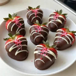 You need one pound of fresh strawberries. Make sure they are ripe and bright red. Wash them well and dry them with a paper towel. Cut each berry in half to form a heart shape. This makes them look cute and fun! For the chocolate, get one cup of dark chocolate chips. You can also use milk chocolate if you prefer it sweeter. The dark chocolate gives a nice contrast to the sweet strawberries. You will also need half a cup of white chocolate chips. This is for decorating your chocolate-covered strawberries. Use one tablespoon of coconut oil. This oil helps the chocolate melt smoothly. If you want to add some flair, pick up pink or red sprinkles. These make your treat even more festive and fun! {{ingredient_image_1}} Start by washing the strawberries. Use cold water and give them a good rinse. This helps remove dirt and bacteria. After washing, pat them dry with a paper towel. Make sure they are dry, or the chocolate won’t stick. Now, cut each strawberry in half lengthwise. This will create heart shapes. Place the cut strawberries on a baking sheet lined with parchment paper. Keep the cut side facing up for better presentation. Take a microwave-safe bowl and add the dark chocolate chips. Measure one cup of chips for a rich taste. Then, add one tablespoon of coconut oil. The oil helps the chocolate melt smoothly. Heat the bowl in the microwave. Start with 30 seconds. After each interval, stir the mixture. Repeat until the chocolate is fully melted and smooth. Be careful not to overheat it, as this can ruin the chocolate. Now it’s time to dip! Take one strawberry half and dip it into the melted chocolate. Ensure it is fully coated for the best flavor. Shake off any extra chocolate gently. Place it back on the parchment-lined baking sheet. Repeat this for all the strawberry halves. Next, melt the white chocolate chips in a separate bowl the same way you melted the dark chocolate. Once smooth, use a fork or piping bag to drizzle the white chocolate over your dark chocolate-covered strawberries. This adds a nice touch. After decorating, add sprinkles while the white chocolate is still wet. This helps them stick. Once you finish decorating, place the baking sheet in the refrigerator. Chill for about 30 minutes to let the chocolate set. After chilling, transfer the chocolate-covered strawberry hearts to a serving platter. They are now ready to enjoy! To melt chocolate well, use a microwave-safe bowl. Combine dark chocolate chips with one tablespoon of coconut oil. Heat in short bursts of 30 seconds. Stir after each time until the chocolate is smooth. This step is key. The coconut oil helps the chocolate melt evenly. If you see lumps, keep stirring. You want it silky and shiny. For a lovely drizzle, melt the white chocolate chips in the same way. Use a clean fork or a piping bag to drizzle over the dark chocolate strawberries. Hold the fork high for a thin line. This gives a nice effect. The white chocolate should be warm but not too runny. It should cling to the strawberries without pooling. Choose firm, ripe strawberries. Look for bright red color and a green cap. Avoid any that are soft or have dark spots. Fresh strawberries taste best and hold their shape. Wash them gently and dry well before cutting. This keeps the chocolate from sliding off. Remember, the heart shape will only show if they’re cut evenly. Pro Tips Choose the Right Chocolate: Use high-quality chocolate for the best flavor. Dark chocolate pairs well with strawberries, but feel free to use milk chocolate for a sweeter option. Ensure Strawberries are Dry: Make sure the strawberries are completely dry before dipping; moisture can cause the chocolate to seize and not adhere properly. Use Parchment Paper: Line your baking sheet with parchment paper to prevent the chocolate from sticking, making it easy to remove the strawberries once set. Experiment with Toppings: Get creative with toppings! Try crushed nuts or different colored sprinkles to add a unique twist to your chocolate-covered strawberry hearts. {{image_2}} You can use many types of chocolate for your hearts. Dark chocolate gives a rich taste. Milk chocolate adds a sweet touch. White chocolate is creamy and fun. For a twist, try ruby chocolate. It has a fruity flavor and a pink hue. Mix and match chocolates for a unique look and taste. Add new flavors to your chocolate-covered strawberries. Try mint extract for a fresh kick. Orange zest can add a bright note. A splash of almond extract gives a nutty touch. Just remember to keep it light. Too much can overpower the strawberries. Experiment and find your favorite combo! Toppings can make your treats shine. Try crushed nuts for crunch. Coconut flakes add a tropical twist. Use crushed cookies for a fun texture. You can even drizzle caramel or peanut butter over the chocolate. Get creative with your sprinkles too! Use stars, hearts, or even edible glitter for a special touch. To keep your chocolate covered strawberry hearts fresh, store them in the fridge. Use an airtight container to avoid moisture. Place parchment paper between layers to prevent sticking. This method keeps them tasty for up to three days. Always wash strawberries just before use. Moisture can ruin the chocolate. When storing, avoid sunlight and heat. Chocolate can melt or become soft, which makes it less appealing. If you notice any signs of spoilage, eat them right away. You can freeze chocolate covered strawberry hearts for later. First, chill them in the fridge for 30 minutes. Then, place them in a single layer on a baking sheet. Freeze until firm. After they are frozen, transfer them to a freezer bag. They last up to three months. When ready to eat, thaw them in the fridge overnight. Enjoy the fun treat anytime! Using frozen strawberries is not the best choice. Frozen berries lose their shape and juice when thawed. This can make them soggy and hard to dip in chocolate. Fresh strawberries give the best taste and texture for this treat. Chocolate covered strawberries stay fresh for about 1 to 2 days. Store them in the fridge for best results. They may lose their crunch and flavor if kept longer. Always serve them fresh for the best taste. You can use any melting chocolate instead of chocolate chips. White chocolate or butterscotch chips are great choices too. You can even use candy melts for fun colors. Just remember to melt them gently to keep them smooth. Yes, chocolate covered strawberries make a great gift! They are sweet, pretty, and perfect for special occasions. You can personalize them with colors or sprinkles. They show you care and are sure to impress anyone who receives them. You learned about making chocolate-covered strawberries. We discussed ingredients like fresh strawberries, dark and white chocolate chips, and coconut oil. I shared steps to prepare, melt, dip, and chill your treats. Tips for perfect chocolate and variations add more fun. You can store these sweet snacks the right way too. Chocolate-covered strawberries are a tasty treat you can customize and share. Enjoy creating your own!