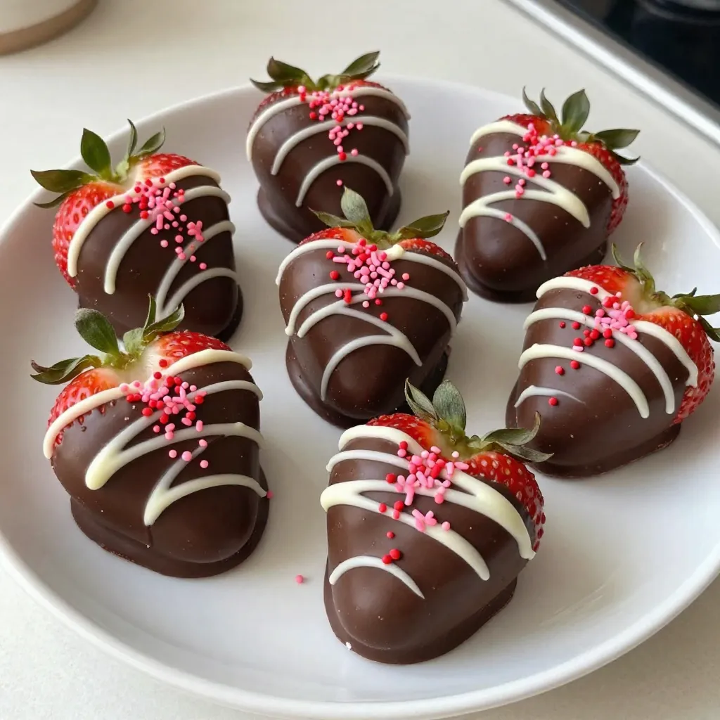 You need one pound of fresh strawberries. Make sure they are ripe and bright red. Wash them well and dry them with a paper towel. Cut each berry in half to form a heart shape. This makes them look cute and fun! For the chocolate, get one cup of dark chocolate chips. You can also use milk chocolate if you prefer it sweeter. The dark chocolate gives a nice contrast to the sweet strawberries. You will also need half a cup of white chocolate chips. This is for decorating your chocolate-covered strawberries. Use one tablespoon of coconut oil. This oil helps the chocolate melt smoothly. If you want to add some flair, pick up pink or red sprinkles. These make your treat even more festive and fun! {{ingredient_image_1}} Start by washing the strawberries. Use cold water and give them a good rinse. This helps remove dirt and bacteria. After washing, pat them dry with a paper towel. Make sure they are dry, or the chocolate won’t stick. Now, cut each strawberry in half lengthwise. This will create heart shapes. Place the cut strawberries on a baking sheet lined with parchment paper. Keep the cut side facing up for better presentation. Take a microwave-safe bowl and add the dark chocolate chips. Measure one cup of chips for a rich taste. Then, add one tablespoon of coconut oil. The oil helps the chocolate melt smoothly. Heat the bowl in the microwave. Start with 30 seconds. After each interval, stir the mixture. Repeat until the chocolate is fully melted and smooth. Be careful not to overheat it, as this can ruin the chocolate. Now it’s time to dip! Take one strawberry half and dip it into the melted chocolate. Ensure it is fully coated for the best flavor. Shake off any extra chocolate gently. Place it back on the parchment-lined baking sheet. Repeat this for all the strawberry halves. Next, melt the white chocolate chips in a separate bowl the same way you melted the dark chocolate. Once smooth, use a fork or piping bag to drizzle the white chocolate over your dark chocolate-covered strawberries. This adds a nice touch. After decorating, add sprinkles while the white chocolate is still wet. This helps them stick. Once you finish decorating, place the baking sheet in the refrigerator. Chill for about 30 minutes to let the chocolate set. After chilling, transfer the chocolate-covered strawberry hearts to a serving platter. They are now ready to enjoy! To melt chocolate well, use a microwave-safe bowl. Combine dark chocolate chips with one tablespoon of coconut oil. Heat in short bursts of 30 seconds. Stir after each time until the chocolate is smooth. This step is key. The coconut oil helps the chocolate melt evenly. If you see lumps, keep stirring. You want it silky and shiny. For a lovely drizzle, melt the white chocolate chips in the same way. Use a clean fork or a piping bag to drizzle over the dark chocolate strawberries. Hold the fork high for a thin line. This gives a nice effect. The white chocolate should be warm but not too runny. It should cling to the strawberries without pooling. Choose firm, ripe strawberries. Look for bright red color and a green cap. Avoid any that are soft or have dark spots. Fresh strawberries taste best and hold their shape. Wash them gently and dry well before cutting. This keeps the chocolate from sliding off. Remember, the heart shape will only show if they’re cut evenly. Pro Tips Choose the Right Chocolate: Use high-quality chocolate for the best flavor. Dark chocolate pairs well with strawberries, but feel free to use milk chocolate for a sweeter option. Ensure Strawberries are Dry: Make sure the strawberries are completely dry before dipping; moisture can cause the chocolate to seize and not adhere properly. Use Parchment Paper: Line your baking sheet with parchment paper to prevent the chocolate from sticking, making it easy to remove the strawberries once set. Experiment with Toppings: Get creative with toppings! Try crushed nuts or different colored sprinkles to add a unique twist to your chocolate-covered strawberry hearts. {{image_2}} You can use many types of chocolate for your hearts. Dark chocolate gives a rich taste. Milk chocolate adds a sweet touch. White chocolate is creamy and fun. For a twist, try ruby chocolate. It has a fruity flavor and a pink hue. Mix and match chocolates for a unique look and taste. Add new flavors to your chocolate-covered strawberries. Try mint extract for a fresh kick. Orange zest can add a bright note. A splash of almond extract gives a nutty touch. Just remember to keep it light. Too much can overpower the strawberries. Experiment and find your favorite combo! Toppings can make your treats shine. Try crushed nuts for crunch. Coconut flakes add a tropical twist. Use crushed cookies for a fun texture. You can even drizzle caramel or peanut butter over the chocolate. Get creative with your sprinkles too! Use stars, hearts, or even edible glitter for a special touch. To keep your chocolate covered strawberry hearts fresh, store them in the fridge. Use an airtight container to avoid moisture. Place parchment paper between layers to prevent sticking. This method keeps them tasty for up to three days. Always wash strawberries just before use. Moisture can ruin the chocolate. When storing, avoid sunlight and heat. Chocolate can melt or become soft, which makes it less appealing. If you notice any signs of spoilage, eat them right away. You can freeze chocolate covered strawberry hearts for later. First, chill them in the fridge for 30 minutes. Then, place them in a single layer on a baking sheet. Freeze until firm. After they are frozen, transfer them to a freezer bag. They last up to three months. When ready to eat, thaw them in the fridge overnight. Enjoy the fun treat anytime! Using frozen strawberries is not the best choice. Frozen berries lose their shape and juice when thawed. This can make them soggy and hard to dip in chocolate. Fresh strawberries give the best taste and texture for this treat. Chocolate covered strawberries stay fresh for about 1 to 2 days. Store them in the fridge for best results. They may lose their crunch and flavor if kept longer. Always serve them fresh for the best taste. You can use any melting chocolate instead of chocolate chips. White chocolate or butterscotch chips are great choices too. You can even use candy melts for fun colors. Just remember to melt them gently to keep them smooth. Yes, chocolate covered strawberries make a great gift! They are sweet, pretty, and perfect for special occasions. You can personalize them with colors or sprinkles. They show you care and are sure to impress anyone who receives them. You learned about making chocolate-covered strawberries. We discussed ingredients like fresh strawberries, dark and white chocolate chips, and coconut oil. I shared steps to prepare, melt, dip, and chill your treats. Tips for perfect chocolate and variations add more fun. You can store these sweet snacks the right way too. Chocolate-covered strawberries are a tasty treat you can customize and share. Enjoy creating your own!