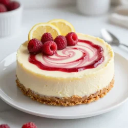 To make the creamy filling of this cheesecake, you will need: - 16 oz cream cheese, softened - 3 large eggs - 1 cup granulated sugar - 1 cup sour cream These ingredients create a rich and velvety texture. The cream cheese is the star, giving the cheesecake its beloved flavor. The crust adds a nice crunch. For the crust, gather these items: - 1 ½ cups graham cracker crumbs - ½ cup unsalted butter, melted - 2 tablespoons sugar Combining these ingredients forms a buttery base. It balances the soft filling with a delightful crunch. The fruity swirl brightens the cheesecake. You will need: - 1 cup raspberries (fresh or frozen) - 2 tablespoons honey (adjust based on sweetness of raspberries) - Zest of 2 lemons - ¼ cup lemon juice (freshly squeezed) These ingredients create a sweet and tart swirl. The lemon adds freshness, while the raspberries impart a beautiful color. {{ingredient_image_1}} - Preheat the oven to 325°F (160°C). - Grease the bottom and sides of a 9-inch springform pan lightly. - In a medium bowl, mix 1 ½ cups of graham cracker crumbs, ½ cup melted unsalted butter, and 2 tablespoons of sugar. - The mixture should look like wet sand. - Press this mixture firmly into the bottom of the springform pan. - Bake for 10 minutes. After baking, let it cool while you prepare the filling. - In a small saucepan, combine 1 cup of raspberries and 2 tablespoons of honey over medium heat. - Cook for 3-5 minutes until the raspberries break down. - Stir often to avoid sticking. - After cooking, let it cool slightly, then blend until smooth. - Strain the mixture through a fine-mesh sieve to remove seeds for a smoother texture. - In a large bowl, mix 16 oz of softened cream cheese and 1 cup of granulated sugar. - Beat with an electric mixer on medium speed until smooth, about 2-3 minutes. - Add 3 large eggs one at a time, mixing well after each. - Blend in 2 teaspoons of vanilla extract, 1 cup of sour cream, zest from 2 lemons, and ¼ cup of freshly squeezed lemon juice until fully combined. - Pour the cheesecake filling over the cooled crust. - Drizzle the raspberry puree on top of the cheesecake filling. - Use a knife or skewer to gently swirl the puree into the filling for a marbled look. - Bake the cheesecake for 50-60 minutes, until the center is set but slightly jiggly. - Turn off the oven and crack the door open. - Let the cheesecake cool in the oven for 1 hour. - This helps prevent cracks in the top. - Once cooled, cover the cheesecake with plastic wrap and refrigerate for at least 4 hours, or overnight, to set. To avoid cracks in your cheesecake, always cool it slowly. When baking, turn off the oven and crack the door open. This step helps keep the heat steady. Letting it cool in the oven for an hour does wonders. Using room temperature ingredients is key. Take your cream cheese, eggs, and sour cream out of the fridge beforehand. This helps them mix well and makes the filling smooth. Cold ingredients can cause lumps. For a lovely touch, garnish your cheesecake with fresh raspberries and lemon slices. These add color and a burst of flavor. Serve the cheesecake chilled for the best taste. It’s refreshing and pairs well with the tartness of the lemon. One big mistake is overmixing the batter. Mixing too much adds too much air, leading to cracks. Just mix until smooth. Also, prep your pan well. Grease the sides and bottom of the springform pan. This helps the cheesecake release easily after baking. If you skip this step, you might end up with a stuck cheesecake. Pro Tips Use Fresh Ingredients: Always opt for fresh raspberries and lemons for the best flavor. Frozen raspberries can work, but fresh will give you a brighter taste and better texture. Prevent Cracking: Allow the cheesecake to cool slowly in the oven by cracking the door after baking to avoid sudden temperature changes that can cause cracks. Chill Overnight: For the best texture and flavor, let your cheesecake chill overnight. This allows the flavors to meld and the cheesecake to set properly. Garnish with Care: When garnishing, use fresh raspberries and lemon slices to enhance presentation. This not only looks appealing but adds a fresh burst of flavor when served. {{image_2}} You can change the fruit in this cheesecake. Instead of raspberries, try strawberries or blueberries. They create a nice contrast with the lemon flavor. If you want something rich, add chocolate or caramel. Drizzle it on top, or mix it in for a fun twist. Each option brings a new taste and look to your cheesecake. If you're gluten-free, use ground almonds instead of graham cracker crumbs. This keeps the crust tasty and safe for your diet. For a vegan version, swap cream cheese with cashew cream or tofu. Use flax eggs instead of real eggs. These choices keep the cheesecake creamy and delicious while meeting dietary needs. Need to serve more guests? Just double the ingredients. This way, you can make a larger cheesecake. If you want fewer servings, cut the recipe in half. Adjust the baking time as needed. A smaller cheesecake may need less time in the oven, so keep an eye on it. Use a toothpick to check when it’s done. To keep your raspberry swirl lemon cheesecake fresh, store it in the fridge. Use an airtight container or cover it with plastic wrap. This will protect it from odors and moisture. If you want to save it longer, you can freeze it. First, let the cheesecake cool completely. Then, wrap it tightly in plastic wrap and aluminum foil. This helps prevent freezer burn. Label it with the date to remember when you made it. In the fridge, this cheesecake lasts about 5 to 7 days. Be sure to check for signs of spoilage. If you see any mold, or if it smells off, it’s best to throw it out. If frozen, the cheesecake can last up to 2 months. Just remember to thaw it in the fridge for about 12 hours before serving. To defrost the cheesecake, place it in the fridge overnight. This keeps its texture smooth. Avoid using a microwave, as it can make the cheesecake rubbery. When ready to serve, let it sit at room temperature for 15 to 20 minutes. This helps bring back its creamy texture. Enjoy your cheesecake with fresh berries or a dollop of whipped cream for a treat! Yes, you can use a store-bought graham cracker crust. Pros: - Saves time and effort. - No need to bake. Cons: - May not taste as fresh. - Limited flavor options compared to homemade. You can use ricotta cheese or Greek yogurt as a substitute. Both options provide a creamy texture. By using Greek yogurt, you can also add a tangy taste. To enhance the lemon flavor, add more lemon zest or juice. You can also use lemon extract for a stronger taste. Just add a little at a time, so it doesn’t overpower the cheesecake. Yes, making this cheesecake ahead of time is a great idea. You can prepare it up to two days in advance. Just store it in the fridge after it cools. This gives the flavors time to blend. While a springform pan is ideal, it is not strictly necessary. Benefits: - Easy to remove the cheesecake without breaking it. - Allows for beautiful presentation. Alternatives: - You can use a regular cake pan. Just line it with parchment paper for easy removal. You now have everything you need to make a delicious cheesecake. We covered key ingredients like cream cheese and graham cracker crumbs. I also shared step-by-step instructions and tips for the best texture. Remember to avoid common mistakes, like overmixing. Explore variations, from fruit swirls to vegan options. Finally, manage storage properly for freshness. Enjoy your homemade cheesecake, and don’t forget to share it with friends!