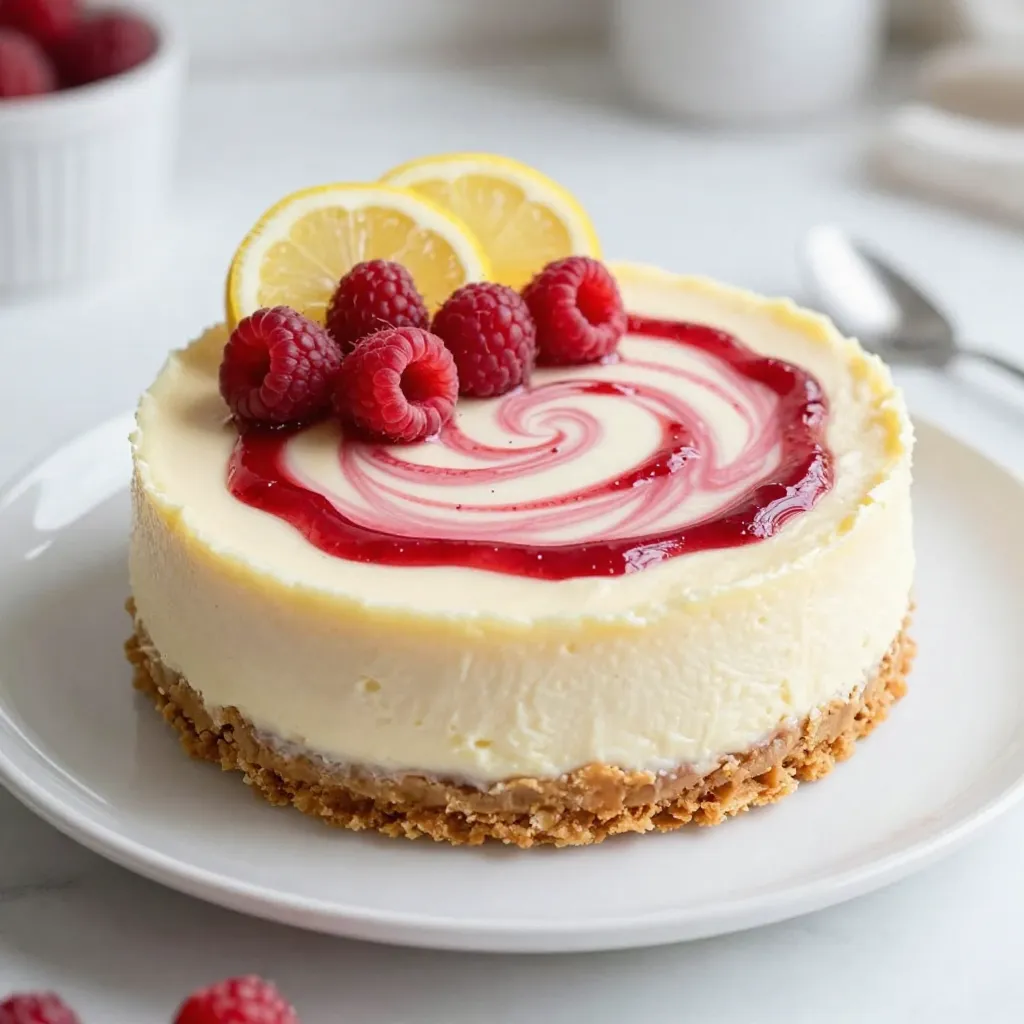 To make the creamy filling of this cheesecake, you will need: - 16 oz cream cheese, softened - 3 large eggs - 1 cup granulated sugar - 1 cup sour cream These ingredients create a rich and velvety texture. The cream cheese is the star, giving the cheesecake its beloved flavor. The crust adds a nice crunch. For the crust, gather these items: - 1 ½ cups graham cracker crumbs - ½ cup unsalted butter, melted - 2 tablespoons sugar Combining these ingredients forms a buttery base. It balances the soft filling with a delightful crunch. The fruity swirl brightens the cheesecake. You will need: - 1 cup raspberries (fresh or frozen) - 2 tablespoons honey (adjust based on sweetness of raspberries) - Zest of 2 lemons - ¼ cup lemon juice (freshly squeezed) These ingredients create a sweet and tart swirl. The lemon adds freshness, while the raspberries impart a beautiful color. {{ingredient_image_1}} - Preheat the oven to 325°F (160°C). - Grease the bottom and sides of a 9-inch springform pan lightly. - In a medium bowl, mix 1 ½ cups of graham cracker crumbs, ½ cup melted unsalted butter, and 2 tablespoons of sugar. - The mixture should look like wet sand. - Press this mixture firmly into the bottom of the springform pan. - Bake for 10 minutes. After baking, let it cool while you prepare the filling. - In a small saucepan, combine 1 cup of raspberries and 2 tablespoons of honey over medium heat. - Cook for 3-5 minutes until the raspberries break down. - Stir often to avoid sticking. - After cooking, let it cool slightly, then blend until smooth. - Strain the mixture through a fine-mesh sieve to remove seeds for a smoother texture. - In a large bowl, mix 16 oz of softened cream cheese and 1 cup of granulated sugar. - Beat with an electric mixer on medium speed until smooth, about 2-3 minutes. - Add 3 large eggs one at a time, mixing well after each. - Blend in 2 teaspoons of vanilla extract, 1 cup of sour cream, zest from 2 lemons, and ¼ cup of freshly squeezed lemon juice until fully combined. - Pour the cheesecake filling over the cooled crust. - Drizzle the raspberry puree on top of the cheesecake filling. - Use a knife or skewer to gently swirl the puree into the filling for a marbled look. - Bake the cheesecake for 50-60 minutes, until the center is set but slightly jiggly. - Turn off the oven and crack the door open. - Let the cheesecake cool in the oven for 1 hour. - This helps prevent cracks in the top. - Once cooled, cover the cheesecake with plastic wrap and refrigerate for at least 4 hours, or overnight, to set. To avoid cracks in your cheesecake, always cool it slowly. When baking, turn off the oven and crack the door open. This step helps keep the heat steady. Letting it cool in the oven for an hour does wonders. Using room temperature ingredients is key. Take your cream cheese, eggs, and sour cream out of the fridge beforehand. This helps them mix well and makes the filling smooth. Cold ingredients can cause lumps. For a lovely touch, garnish your cheesecake with fresh raspberries and lemon slices. These add color and a burst of flavor. Serve the cheesecake chilled for the best taste. It’s refreshing and pairs well with the tartness of the lemon. One big mistake is overmixing the batter. Mixing too much adds too much air, leading to cracks. Just mix until smooth. Also, prep your pan well. Grease the sides and bottom of the springform pan. This helps the cheesecake release easily after baking. If you skip this step, you might end up with a stuck cheesecake. Pro Tips Use Fresh Ingredients: Always opt for fresh raspberries and lemons for the best flavor. Frozen raspberries can work, but fresh will give you a brighter taste and better texture. Prevent Cracking: Allow the cheesecake to cool slowly in the oven by cracking the door after baking to avoid sudden temperature changes that can cause cracks. Chill Overnight: For the best texture and flavor, let your cheesecake chill overnight. This allows the flavors to meld and the cheesecake to set properly. Garnish with Care: When garnishing, use fresh raspberries and lemon slices to enhance presentation. This not only looks appealing but adds a fresh burst of flavor when served. {{image_2}} You can change the fruit in this cheesecake. Instead of raspberries, try strawberries or blueberries. They create a nice contrast with the lemon flavor. If you want something rich, add chocolate or caramel. Drizzle it on top, or mix it in for a fun twist. Each option brings a new taste and look to your cheesecake. If you're gluten-free, use ground almonds instead of graham cracker crumbs. This keeps the crust tasty and safe for your diet. For a vegan version, swap cream cheese with cashew cream or tofu. Use flax eggs instead of real eggs. These choices keep the cheesecake creamy and delicious while meeting dietary needs. Need to serve more guests? Just double the ingredients. This way, you can make a larger cheesecake. If you want fewer servings, cut the recipe in half. Adjust the baking time as needed. A smaller cheesecake may need less time in the oven, so keep an eye on it. Use a toothpick to check when it’s done. To keep your raspberry swirl lemon cheesecake fresh, store it in the fridge. Use an airtight container or cover it with plastic wrap. This will protect it from odors and moisture. If you want to save it longer, you can freeze it. First, let the cheesecake cool completely. Then, wrap it tightly in plastic wrap and aluminum foil. This helps prevent freezer burn. Label it with the date to remember when you made it. In the fridge, this cheesecake lasts about 5 to 7 days. Be sure to check for signs of spoilage. If you see any mold, or if it smells off, it’s best to throw it out. If frozen, the cheesecake can last up to 2 months. Just remember to thaw it in the fridge for about 12 hours before serving. To defrost the cheesecake, place it in the fridge overnight. This keeps its texture smooth. Avoid using a microwave, as it can make the cheesecake rubbery. When ready to serve, let it sit at room temperature for 15 to 20 minutes. This helps bring back its creamy texture. Enjoy your cheesecake with fresh berries or a dollop of whipped cream for a treat! Yes, you can use a store-bought graham cracker crust. Pros: - Saves time and effort. - No need to bake. Cons: - May not taste as fresh. - Limited flavor options compared to homemade. You can use ricotta cheese or Greek yogurt as a substitute. Both options provide a creamy texture. By using Greek yogurt, you can also add a tangy taste. To enhance the lemon flavor, add more lemon zest or juice. You can also use lemon extract for a stronger taste. Just add a little at a time, so it doesn’t overpower the cheesecake. Yes, making this cheesecake ahead of time is a great idea. You can prepare it up to two days in advance. Just store it in the fridge after it cools. This gives the flavors time to blend. While a springform pan is ideal, it is not strictly necessary. Benefits: - Easy to remove the cheesecake without breaking it. - Allows for beautiful presentation. Alternatives: - You can use a regular cake pan. Just line it with parchment paper for easy removal. You now have everything you need to make a delicious cheesecake. We covered key ingredients like cream cheese and graham cracker crumbs. I also shared step-by-step instructions and tips for the best texture. Remember to avoid common mistakes, like overmixing. Explore variations, from fruit swirls to vegan options. Finally, manage storage properly for freshness. Enjoy your homemade cheesecake, and don’t forget to share it with friends!