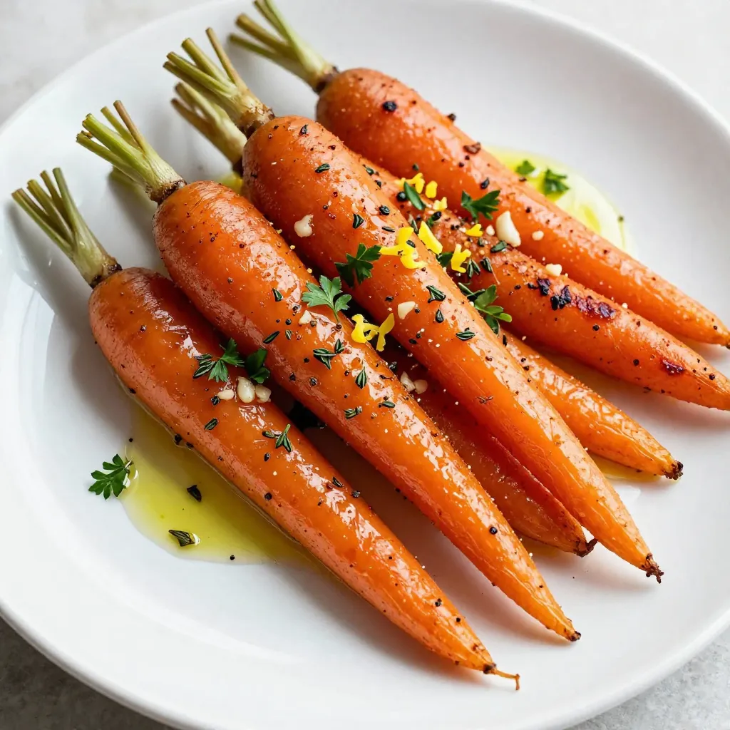 To create Garlic Herb Roasted Carrots, you need just a few simple items. These ingredients blend perfectly, giving a great flavor and a lovely look. - 1 pound baby carrots - 4 cloves garlic, minced - 3 tablespoons olive oil - 1 teaspoon dried thyme - 1 teaspoon dried rosemary - 1 teaspoon paprika - Salt and pepper to taste - Fresh parsley, chopped for garnish - Zest of 1 lemon You can use regular carrots cut into sticks if baby carrots are not available. The garlic adds a strong, rich taste. Olive oil helps the carrots roast well and adds good fat. Thyme and rosemary bring classic herb flavors. Paprika gives a hint of smokiness and color. Salt and pepper enhance all the flavors. Fresh parsley makes a bright garnish. Lastly, lemon zest adds a fresh, zesty note that brightens the dish. This mix creates a tasty side that pairs well with many meals. The colors and flavors make it a hit on any table. {{ingredient_image_1}} - Preheat the oven: Start by preheating your oven to 400°F (200°C). This step is key for roasting. - Prepare the garlic herb mixture: In a large bowl, mix 3 tablespoons of olive oil, 4 minced garlic cloves, 1 teaspoon of dried thyme, 1 teaspoon of dried rosemary, and 1 teaspoon of paprika. Add salt and pepper to taste. This mix brings out the rich flavors. - Coat the carrots: Take 1 pound of baby carrots and add them to the bowl. Toss the carrots well in the garlic herb mixture. Make sure each carrot is coated evenly. - Spread on baking sheet: Line a baking sheet with parchment paper. Spread the coated carrots in a single layer on the sheet. This helps them roast evenly. - Roast in the oven: Place the baking sheet in the preheated oven. Roast the carrots for 25 to 30 minutes. Halfway through, toss the carrots for even cooking. They should turn tender and slightly caramelized. - Finishing touches: Once done, remove the carrots from the oven. Sprinkle the zest of 1 lemon and freshly chopped parsley on top. This adds brightness and color. Enjoy your delicious Garlic Herb Roasted Carrots! To get the best caramelization, use high heat. The sugar in the carrots helps them brown. Spread the carrots out in a single layer. This way, they roast evenly. Toss them halfway through cooking. This ensures every side gets nice and golden. Adjusting seasoning is simple. Start with a pinch of salt and pepper. Taste the carrots before serving. If they need more flavor, add a bit more salt. You can also add a splash of lemon juice. It brightens the dish nicely. Garlic herb roasted carrots pair well with many main dishes. They go great with grilled chicken or fish. You can also serve them with steak for a hearty meal. For presentation, arrange the carrots on a large platter. Sprinkle fresh parsley over them for color. A little lemon zest adds a nice touch too. These simple steps make your dish look beautiful and tasty. Pro Tips Choose Fresh Carrots: For the best flavor and texture, opt for fresh, crisp baby carrots or regular carrots that are firm and free of blemishes. Season Generously: Don't be shy with the salt and pepper; a good seasoning enhances the natural sweetness of the carrots. Experiment with Herbs: Feel free to substitute or add other herbs like oregano or basil for a different flavor profile. Serve Warm: Roasted carrots are best enjoyed immediately after cooking while they are still warm and caramelized. {{image_2}} You can change the herbs in this recipe. Instead of thyme and rosemary, try dill or oregano. Each herb gives a new taste. You can also mix different herbs for a unique flavor. You might want to swap out the carrots. Other root veggies work great too. Try using parsnips or sweet potatoes. They roast well and taste amazing. Just cut them to similar sizes for even cooking. Adding honey or balsamic vinegar can boost the taste. Honey brings a sweet touch that pairs well with the garlic. Just drizzle some over the carrots before roasting. Balsamic vinegar adds a tangy kick. Mix it into your herb blend for extra depth. You can spice things up with chili flakes. A little heat makes the dish exciting. Just sprinkle some on before roasting to warm your taste buds. To keep your Garlic Herb Roasted Carrots fresh, store them in an airtight container. This helps keep out air and moisture, which can spoil the taste. You can also use a resealable plastic bag. Just make sure to squeeze out the air before sealing it. These carrots stay good in the fridge for about 3 to 5 days. When you want to enjoy your leftovers, the best way to reheat them is in the oven. Preheat your oven to 350°F (175°C). Spread the carrots on a baking sheet. Heat them for about 10 to 15 minutes. This method helps retain their flavor and crispness. You can also use a microwave, but this might make them softer. Heat in short bursts, checking often to avoid overcooking. Roast carrots for 25 to 30 minutes at 400°F (200°C). This time makes them tender. Toss them halfway through to ensure even cooking. The carrots should caramelize and have a sweet flavor. Yes, you can make Garlic Herb Roasted Carrots ahead of time. Prepare and roast them, then cool completely. Store them in an airtight container in the fridge for up to three days. Reheat them in the oven or microwave before serving. These carrots pair well with many dishes. Serve them alongside roasted chicken or grilled steak. They also complement quinoa or couscous salads nicely. Add a fresh green salad for a complete meal. Enjoy the mix of flavors and colors on your plate! This blog post covered how to make tasty Garlic Herb Roasted Carrots. We looked at the fresh ingredients, simple steps, and helpful tips. You learned variations to try and how to store leftovers. The right herbs and spices can change the flavor greatly. Remember, cooking should be fun! Enjoy your meals with these carrots, whether as a side or part of a main dish. I hope you feel inspired to try this recipe in your kitchen. Happy cooking!