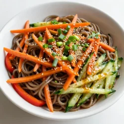 To make a tasty Spicy Sesame Noodle Salad, gather these key items: - 8 oz. soba noodles - 2 tablespoons sesame oil - 1 tablespoon soy sauce - 1 tablespoon rice vinegar - 1 tablespoon chili paste (adjust to taste) - 1 teaspoon honey or agave syrup - 1 cup bell peppers (mixed colors), thinly sliced - 1 cup carrots, julienned - 1 cup cucumber, julienned - 2 green onions, chopped - 1 tablespoon sesame seeds You can boost the flavor with these extras: - Fresh cilantro for garnish - More chili paste for heat - Crushed peanuts for crunch This salad is not just delicious; it’s also healthy! Here’s a quick look at what you get: - Soba noodles provide protein and fiber. - Bell peppers add vitamins A and C. - Carrots are rich in beta-carotene. - Sesame oil offers healthy fats. - Each serving has about 250 calories. This salad is great for lunch or dinner. Enjoy making it your own! {{ingredient_image_1}} First, boil water in a pot. Add 8 oz. of soba noodles. Cook them according to the package instructions. This usually takes about 4 to 6 minutes. Once they are done, drain the noodles. Rinse them under cold water. This stops the cooking and cools them down. Grab a small bowl. In it, combine 2 tablespoons of sesame oil, 1 tablespoon of soy sauce, and 1 tablespoon of rice vinegar. Add 1 tablespoon of chili paste and 1 teaspoon of honey or agave syrup. Whisk these ingredients together until they mix well. This dressing gives the salad a great flavor. In a large mixing bowl, add the cooled soba noodles. Then, add 1 cup of thinly sliced bell peppers, 1 cup of julienned carrots, and 1 cup of julienned cucumber. Pour the sesame dressing over the noodle and veggie mix. Toss everything together so it all gets coated. To finish, sprinkle 2 chopped green onions and 1 tablespoon of sesame seeds on top. You can add fresh cilantro if you like. Serve the salad in a large bowl or on individual plates. For a fun look, add extra sesame seeds and cilantro. Enjoy this bright and tasty dish! To get the best noodle texture, cook the soba noodles just right. Follow the package instructions but check them a minute early. You want them firm, not mushy. Once cooked, drain them and rinse under cold water. This stops the cooking and keeps them from sticking together. Toss them with a little sesame oil to add flavor and keep them separate. Spice is personal! Start with one tablespoon of chili paste in your dressing. Taste it, and see if you want more heat. If you like it spicy, add a bit more. Remember, you can always add spice, but you can't take it away! Balance the heat with honey or agave syrup for a sweet touch. This gives your salad a nice kick without overwhelming your taste buds. This salad is great for making ahead. You can prepare the noodles and veggies a day in advance. Keep your dressing separate until you're ready to eat. This keeps everything fresh and crunchy. When you're ready, combine the ingredients and toss them with the dressing. If you want to meal prep, pack the salad in containers. It will last in the fridge for up to three days. Enjoy it cold for a quick and tasty meal! Pro Tips Adjust the Heat: If you love spice, feel free to add more chili paste or even some sliced fresh chilies for an extra kick! Chill for Flavor: Allow the salad to sit in the refrigerator for at least 30 minutes before serving to let the flavors meld together beautifully. Freshness Matters: Use fresh vegetables for the best crunch and flavor. Look for vibrant bell peppers and firm cucumbers. Garnish Smartly: Top the salad with toasted sesame seeds and cilantro just before serving for a pop of color and added flavor. {{image_2}} You can change the veggies in this salad to suit your taste. Try using: - Snow peas for a crisp bite. - Broccoli florets for a hearty crunch. - Radishes for a peppery kick. - Spinach or kale for leafy greens. Each choice adds its own flavor and texture. Mixing different vegetables keeps your salad fresh and fun. If you want to make your salad more filling, add some protein. Here are a few great options: - Grilled chicken for lean protein. - Tofu for a plant-based choice. - Shrimp for a seafood twist. - Chickpeas for a hearty vegetarian option. These proteins blend well with the spicy sesame dressing. They turn this salad into a full meal. Though soba noodles work great, you can try other noodles too. Here are some ideas: - Rice noodles for a gluten-free option. - Udon noodles for a chewy texture. - Ramen noodles for extra fun. Each noodle type gives your salad a new taste and feel. Feel free to mix and match until you find your favorite! To store leftover Spicy Sesame Noodle Salad, place it in an airtight container. Make sure to cool the salad to room temperature first. Then, cover it tightly and put it in the fridge. The salad will stay fresh for up to three days. Keep in mind that the noodles may absorb some dressing over time. I do not recommend freezing this salad. The fresh veggies and noodles can turn mushy when thawed. If you have extra dressing, you can freeze it in small containers. This way, you can use it later for another dish or salad. If you want to reheat the salad, do so gently. Place it in a bowl and microwave it for 30 seconds. Stir and check if it's warm enough. Repeat as needed. Avoid overheating, as this can ruin the texture. If the noodles seem dry, add a splash of water or extra dressing to help restore moisture. Enjoy your salad at room temperature for the best flavor. Yes, you can make this salad in advance. It tastes great after sitting for a bit. The flavors blend well over time. Just keep it in the fridge for up to two days. If it's too cold, let it sit out for a few minutes before serving. You can swap the dressing for other options. Try peanut sauce for a rich, nutty flavor. You might also like a simple lemon vinaigrette. For a citrus twist, use orange juice in place of rice vinegar. Each dressing brings its own unique taste. This salad is perfect for meal prep. It stays fresh in the fridge for days. Just pack the noodles and veggies in separate containers. This keeps everything crisp until you’re ready to eat. Adding the dressing right before eating keeps it tasty. This blog post shared how to create a tasty soba noodle salad. You learned about essential and optional ingredients, along with their nutrition facts. We outlined simple steps for cooking and mixing. I offered tips for perfect texture and spice levels. You also discovered variations and storage tips. In summary, this dish is fun to make and easy to customize. Enjoy creating your own version of this salad!