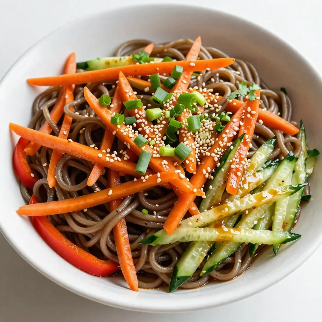 To make a tasty Spicy Sesame Noodle Salad, gather these key items: - 8 oz. soba noodles - 2 tablespoons sesame oil - 1 tablespoon soy sauce - 1 tablespoon rice vinegar - 1 tablespoon chili paste (adjust to taste) - 1 teaspoon honey or agave syrup - 1 cup bell peppers (mixed colors), thinly sliced - 1 cup carrots, julienned - 1 cup cucumber, julienned - 2 green onions, chopped - 1 tablespoon sesame seeds You can boost the flavor with these extras: - Fresh cilantro for garnish - More chili paste for heat - Crushed peanuts for crunch This salad is not just delicious; it’s also healthy! Here’s a quick look at what you get: - Soba noodles provide protein and fiber. - Bell peppers add vitamins A and C. - Carrots are rich in beta-carotene. - Sesame oil offers healthy fats. - Each serving has about 250 calories. This salad is great for lunch or dinner. Enjoy making it your own! {{ingredient_image_1}} First, boil water in a pot. Add 8 oz. of soba noodles. Cook them according to the package instructions. This usually takes about 4 to 6 minutes. Once they are done, drain the noodles. Rinse them under cold water. This stops the cooking and cools them down. Grab a small bowl. In it, combine 2 tablespoons of sesame oil, 1 tablespoon of soy sauce, and 1 tablespoon of rice vinegar. Add 1 tablespoon of chili paste and 1 teaspoon of honey or agave syrup. Whisk these ingredients together until they mix well. This dressing gives the salad a great flavor. In a large mixing bowl, add the cooled soba noodles. Then, add 1 cup of thinly sliced bell peppers, 1 cup of julienned carrots, and 1 cup of julienned cucumber. Pour the sesame dressing over the noodle and veggie mix. Toss everything together so it all gets coated. To finish, sprinkle 2 chopped green onions and 1 tablespoon of sesame seeds on top. You can add fresh cilantro if you like. Serve the salad in a large bowl or on individual plates. For a fun look, add extra sesame seeds and cilantro. Enjoy this bright and tasty dish! To get the best noodle texture, cook the soba noodles just right. Follow the package instructions but check them a minute early. You want them firm, not mushy. Once cooked, drain them and rinse under cold water. This stops the cooking and keeps them from sticking together. Toss them with a little sesame oil to add flavor and keep them separate. Spice is personal! Start with one tablespoon of chili paste in your dressing. Taste it, and see if you want more heat. If you like it spicy, add a bit more. Remember, you can always add spice, but you can't take it away! Balance the heat with honey or agave syrup for a sweet touch. This gives your salad a nice kick without overwhelming your taste buds. This salad is great for making ahead. You can prepare the noodles and veggies a day in advance. Keep your dressing separate until you're ready to eat. This keeps everything fresh and crunchy. When you're ready, combine the ingredients and toss them with the dressing. If you want to meal prep, pack the salad in containers. It will last in the fridge for up to three days. Enjoy it cold for a quick and tasty meal! Pro Tips Adjust the Heat: If you love spice, feel free to add more chili paste or even some sliced fresh chilies for an extra kick! Chill for Flavor: Allow the salad to sit in the refrigerator for at least 30 minutes before serving to let the flavors meld together beautifully. Freshness Matters: Use fresh vegetables for the best crunch and flavor. Look for vibrant bell peppers and firm cucumbers. Garnish Smartly: Top the salad with toasted sesame seeds and cilantro just before serving for a pop of color and added flavor. {{image_2}} You can change the veggies in this salad to suit your taste. Try using: - Snow peas for a crisp bite. - Broccoli florets for a hearty crunch. - Radishes for a peppery kick. - Spinach or kale for leafy greens. Each choice adds its own flavor and texture. Mixing different vegetables keeps your salad fresh and fun. If you want to make your salad more filling, add some protein. Here are a few great options: - Grilled chicken for lean protein. - Tofu for a plant-based choice. - Shrimp for a seafood twist. - Chickpeas for a hearty vegetarian option. These proteins blend well with the spicy sesame dressing. They turn this salad into a full meal. Though soba noodles work great, you can try other noodles too. Here are some ideas: - Rice noodles for a gluten-free option. - Udon noodles for a chewy texture. - Ramen noodles for extra fun. Each noodle type gives your salad a new taste and feel. Feel free to mix and match until you find your favorite! To store leftover Spicy Sesame Noodle Salad, place it in an airtight container. Make sure to cool the salad to room temperature first. Then, cover it tightly and put it in the fridge. The salad will stay fresh for up to three days. Keep in mind that the noodles may absorb some dressing over time. I do not recommend freezing this salad. The fresh veggies and noodles can turn mushy when thawed. If you have extra dressing, you can freeze it in small containers. This way, you can use it later for another dish or salad. If you want to reheat the salad, do so gently. Place it in a bowl and microwave it for 30 seconds. Stir and check if it's warm enough. Repeat as needed. Avoid overheating, as this can ruin the texture. If the noodles seem dry, add a splash of water or extra dressing to help restore moisture. Enjoy your salad at room temperature for the best flavor. Yes, you can make this salad in advance. It tastes great after sitting for a bit. The flavors blend well over time. Just keep it in the fridge for up to two days. If it's too cold, let it sit out for a few minutes before serving. You can swap the dressing for other options. Try peanut sauce for a rich, nutty flavor. You might also like a simple lemon vinaigrette. For a citrus twist, use orange juice in place of rice vinegar. Each dressing brings its own unique taste. This salad is perfect for meal prep. It stays fresh in the fridge for days. Just pack the noodles and veggies in separate containers. This keeps everything crisp until you’re ready to eat. Adding the dressing right before eating keeps it tasty. This blog post shared how to create a tasty soba noodle salad. You learned about essential and optional ingredients, along with their nutrition facts. We outlined simple steps for cooking and mixing. I offered tips for perfect texture and spice levels. You also discovered variations and storage tips. In summary, this dish is fun to make and easy to customize. Enjoy creating your own version of this salad!