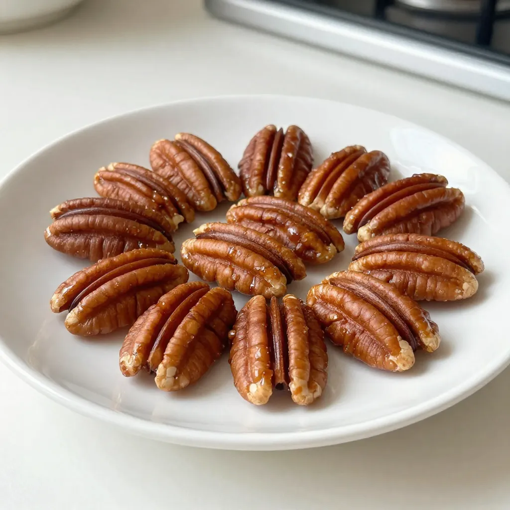 To make delicious Cinnamon Brown Sugar Roasted Pecans, you need some key ingredients. Here’s what you will need: - 2 cups pecan halves - 1/2 cup brown sugar - 1 teaspoon ground cinnamon - 1/4 teaspoon salt - 1/4 cup unsalted butter, melted - 1 teaspoon vanilla extract - 1/4 teaspoon cayenne pepper (optional) Each ingredient plays a vital role. The pecans are the star. They bring a nutty flavor and great crunch. Brown sugar adds sweetness, while cinnamon gives warmth. Salt balances all the flavors. Butter adds richness, making the pecans crispy. Vanilla extract brings a lovely aroma. If you want a kick, add cayenne pepper. It’s optional, but it can make your snack extra special. Gather these ingredients before you start cooking. This way, you will have everything ready to create this tasty treat. {{ingredient_image_1}} First, you need to preheat your oven to 350°F (175°C). This step ensures even cooking. Next, line a baking sheet with parchment paper. This makes cleanup easy and keeps the pecans from sticking. In a large mixing bowl, combine 1/2 cup of brown sugar, 1 teaspoon of ground cinnamon, and 1/4 teaspoon of salt. This mix will give the pecans a sweet and spicy flavor. If you like a little heat, add 1/4 teaspoon of cayenne pepper. Mix everything well. In another bowl, whisk together 1/4 cup of melted butter and 1 teaspoon of vanilla extract. Pour this buttery mix over 2 cups of pecan halves. Toss to coat the pecans evenly. Then, add the sugar and spice mix to the pecans. Stir well to ensure all the nuts are coated. Now, spread the coated pecans evenly on the prepared baking sheet. Make sure they are in a single layer. Bake them for 15-20 minutes. Stir the pecans halfway through the baking time. This helps them cook evenly. Keep a close eye on them to avoid burning. Once baked, remove the pecans from the oven. Let them cool on the baking sheet. They will harden as they cool down. This step is important to avoid clustering. After they are cool, break apart any clusters. Store the pecans in an airtight container to keep them fresh. To get the best roasted pecans, watch the baking time closely. Set a timer for 15 minutes. Stir the pecans halfway through to help them cook evenly. The nuts are done when they turn a nice golden brown. You will smell a rich, warm aroma. If they start to darken too much, take them out right away. Want to switch up the taste? Try other spices instead of cayenne pepper. A pinch of nutmeg or a dash of ginger can add a nice twist. You can also use almond or maple extract for a new flavor. Mix and match to find what you like best! One common mistake is overbaking. Keep checking your pecans to prevent burning. If you leave them too long, they will taste bitter. Another mistake is not letting them cool properly. Let them sit for a bit after baking. This helps them harden and stay crunchy. If you store them too soon, they may clump together. Pro Tips Use Fresh Pecans: Always choose fresh pecan halves for the best flavor and texture. Rancid nuts can ruin your dish. Monitor Baking Time: Keep a close eye on the pecans while baking, as they can go from perfectly toasted to burnt in a matter of minutes. Experiment with Spices: Feel free to customize the spice mix with other flavors, like nutmeg or ginger, to create a unique twist on the classic recipe. Storing Properly: Store cooled pecans in an airtight container at room temperature to maintain their crispness and flavor for longer. {{image_2}} You can easily add fun flavors to your roasted pecans. To make them even sweeter, try adding chocolate. Melt some chocolate and mix it with the pecans after baking. You can also drizzle warm caramel over them for a rich taste. Another option is to mix in other sweet spices. Ginger or nutmeg can add warmth. Try a pinch of cardamom for an exotic twist. Each spice will change the flavor profile and keep things interesting. If you want a savory twist, consider using different nuts. Almonds or cashews can give a unique crunch. Mixing nuts adds texture and flavor. Just remember to adjust the cooking time based on the nut type. You can also add herbs or cheese. A sprinkle of rosemary can elevate the taste. For a cheesy flavor, try adding grated Parmesan before baking. This will create a surprise flavor that is sure to impress your guests. Making this recipe vegan is simple. Swap the butter for coconut oil or a vegan butter alternative. You can still enjoy the same great taste without dairy. If you want lower sugar options, use a sugar substitute. Try coconut sugar or a stevia blend. Both will give sweetness without the extra calories. Adjust the amount based on your taste preference. To keep your roasted pecans fresh, place them in airtight containers. This helps keep out air and moisture. Glass jars or plastic containers work well. Store them in a cool, dark place. Avoid areas that get too hot, like near the stove. Roasted pecans last about two weeks at room temperature. If you want them to stay fresh longer, store them in the fridge. They can last up to a month when refrigerated. Just make sure they are in a sealed container to keep them crisp. You can add leftover pecans to many dishes. Try mixing them into salads for added crunch. They also make a great topping for yogurt or oatmeal. If you want a quick snack, enjoy them straight from the container. Their sweet and spicy flavor makes them hard to resist! Yes, you can use other nuts. Almonds, walnuts, and cashews work well. Each nut brings a different flavor. Try to keep the same size for even baking. Look for a golden brown color and a nice aroma. Bake them for 15-20 minutes. Stir halfway to help them brown evenly. Watch them closely to avoid burning. Yes, you can make them ahead of time. Store them in an airtight container. They stay fresh for about a week. This makes them a great snack for guests. These pecans pair well with cheese and fruit. Serve them with a cheese board or a salad. They also taste great on their own as a snack. Absolutely! Place them in a cute jar or bag. They make a great gift for friends and family. Everyone loves a tasty homemade treat. Roasting pecans is simple and fun. We covered the ingredients, step-by-step instructions, and tips for perfect pecans. You learned about variations and how to store them well. Remember, the right baking time makes all the difference. With these ideas, you can enjoy tasty snacks or impress guests. Try new flavors and share with friends. Enjoy your roasted pecans!