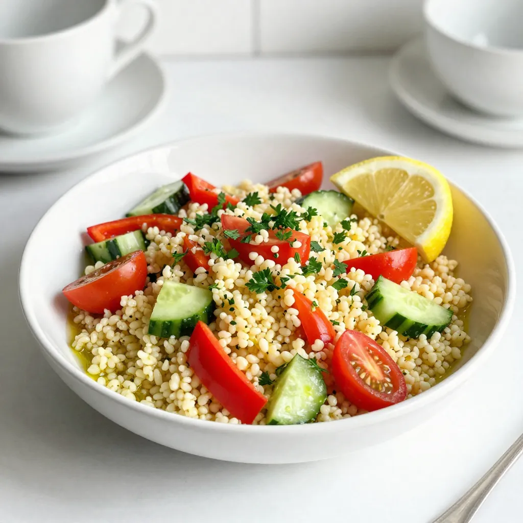 To make the Lemon Garlic Couscous Salad, you'll need these fresh ingredients: - 1 cup couscous - 1 1/4 cups vegetable broth or water - 2 tablespoons olive oil - 3 cloves garlic, minced - Zest of 1 lemon - Juice of 1 lemon - 1 cup cherry tomatoes, halved - 1 cucumber, diced - 1/2 red bell pepper, diced - 1/4 red onion, finely chopped - 1/4 cup fresh parsley, chopped - Salt and pepper to taste These ingredients work together to create a bright and zesty dish. The garlic and lemon bring a fresh burst of flavor. For those who want to add more taste, consider these optional ingredients: - 1/4 cup crumbled feta cheese - A pinch of red pepper flakes - A handful of olives Feta adds creaminess and tang. Red pepper flakes can give a spicy kick. Olives add depth and a salty touch. You will need some basic kitchen tools for this recipe: - A medium-sized pot - A whisk - A large mixing bowl - A fork for fluffing couscous These tools make it easy to prepare and mix your salad. Having everything ready helps keep the process smooth and fun. {{ingredient_image_1}} First, you need to boil the vegetable broth or water. Use a medium pot for this. Once it boils, take it off the heat. Add the couscous right away. Cover the pot and let it sit for about 5 minutes. This step is key; the couscous will soak up the liquid. After 5 minutes, fluff the couscous with a fork. Let it cool for a bit before mixing with other ingredients. Grab a small bowl for the dressing. Whisk together the olive oil, minced garlic, lemon zest, and lemon juice. This mix adds a bright flavor to the salad. The garlic gives it a nice kick, while the lemon adds freshness. Make sure all the ingredients are well combined. Now, take a large mixing bowl. Combine the cooled couscous, cherry tomatoes, cucumber, red bell pepper, red onion, and fresh parsley. Pour the lemon-garlic dressing over the salad. Gently toss everything to coat evenly. Add salt and pepper to taste. If you like, sprinkle crumbled feta cheese on top. This salad is now ready to serve! To fluff couscous, let it sit covered for five minutes. After that, take a fork and gently stir it. This helps separate the grains. Avoid using a spoon, as it can mash the couscous. Fluffing makes the dish light and airy. You can boost the flavor in many ways. Add herbs like basil or mint for freshness. A pinch of red pepper flakes gives it some heat. For a nutty taste, try adding toasted pine nuts or almonds. You can also mix in olives for a salty kick. These enhancements make the salad even more exciting. Serve this salad in a large bowl. Top it with fresh parsley and a lemon wedge for color. This dish pairs well with grilled chicken or fish. You can also serve it as a main dish for a light lunch. If you like, add crumbled feta cheese for extra flavor. Enjoy your bright and zesty creation! Pro Tips Fresh Ingredients: Use fresh vegetables and herbs for the best flavor. Fresh parsley and ripe tomatoes will elevate the taste of your salad. Chill Before Serving: Allow the salad to chill in the refrigerator for at least 30 minutes before serving. This enhances the flavors and makes for a refreshing meal. Feta Cheese Variations: If you like a creamier texture, try crumbling goat cheese instead of feta, or leave it out for a vegan option. Adjust Acidity: Depending on your taste, you can adjust the amount of lemon juice to make the salad more or less tangy. Start with half the juice and add more to your liking. {{image_2}} You can switch up the veggies in this salad. Try adding: - Diced carrots for crunch - Chopped spinach for extra greens - Peas for sweetness These swaps keep the salad fresh and exciting. You can also add nuts for a nice crunch. Toasted almonds or walnuts work well. To make this salad vegan, skip the feta cheese. The dressing is already dairy-free. You can add avocado for creaminess. It gives a rich texture and taste. If you want a vegetarian option, keep the feta. It adds a nice salty flavor. If you're gluten-free, use quinoa instead of couscous. Quinoa has a similar texture and is very nutritious. Just cook it the same way as couscous. You can also use gluten-free couscous. Check the package to ensure it's safe for your diet. Enjoy your tasty salad without worry! To keep your lemon garlic couscous salad fresh, use an airtight container. Make sure the salad cools down before sealing it. This helps lock in flavors and keeps it crisp. Store the salad in the fridge. It can last about three days. You can eat this salad cold straight from the fridge. It tastes great that way! If you prefer warm couscous, heat it gently in a pan. Add a bit of olive oil to keep it moist. Avoid high heat, as it can dry out the salad. This salad is best fresh, but you can freeze leftovers. To freeze, place the salad in a freezer-safe bag. Remove as much air as possible before sealing. It can last up to two months in the freezer. Thaw in the fridge overnight before eating. Note that some veggies might lose crunch after freezing, but the flavors will still shine! If you don’t have couscous, use quinoa. Quinoa cooks the same way. You can also try bulgur wheat or orzo pasta. They both add a nice texture. Remember to adjust cooking times for each substitute. Yes, you can make this salad ahead of time! It keeps well in the fridge. Just store it in an airtight container. The flavors will blend and taste even better. I recommend adding the dressing right before serving. It keeps the salad fresh and crunchy. To add spice, use red pepper flakes in the dressing. Start with a pinch, then taste. You can also add diced jalapeños or hot sauce. These will give your salad a nice kick! Adjust the heat to your liking for the best flavor. In this post, we explored fresh ingredients, key kitchen tools, and step-by-step instructions for making a delicious couscous salad. I shared tips for perfect texture, flavor enhancements, and serving ideas. We also discussed variations to meet different diets and how to store leftovers effectively. Now, take these insights and make your salad shine. Enjoy the process and have fun experimenting! Your tasty couscous adventure starts now.