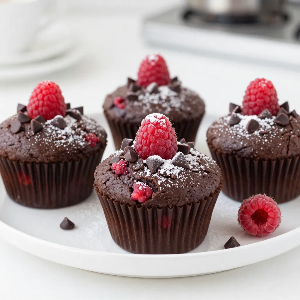 To make Raspberry Dark Chocolate Muffins, you will need: - 1 cup all-purpose flour - ½ cup unsweetened cocoa powder - 1 teaspoon baking powder - ½ teaspoon baking soda - ¼ teaspoon salt - ½ cup granulated sugar - ½ cup brown sugar, packed - 2 large eggs - ½ cup vegetable oil - 1 teaspoon vanilla extract - ½ cup buttermilk (or plant-based milk) - 1 cup fresh raspberries - ½ cup dark chocolate chips You can swap some ingredients for better flavor or dietary needs. - Use whole wheat flour for added fiber. - Cocoa powder can be replaced with carob powder for a unique taste. - For a lower sugar option, try using honey or maple syrup. - Substitute coconut oil for vegetable oil to add a hint of coconut. - Use almond milk or oat milk in place of buttermilk for a vegan choice. - Frozen raspberries work well if fresh ones are not available. These muffins are rich in flavor and provide essential nutrients. - Each muffin contains about 180 calories. - They have 4 grams of protein and 8 grams of fat. - The muffins are a good source of iron and antioxidants from the cocoa and raspberries. - Enjoy them in moderation as a tasty treat! {{ingredient_image_1}} 1. Start by preheating your oven to 350°F (175°C). This step is key for even baking. 2. Line a muffin tin with paper liners. You can also spray it with non-stick spray. 3. In a medium bowl, combine 1 cup of flour, ½ cup of cocoa powder, 1 teaspoon of baking powder, ½ teaspoon of baking soda, and ¼ teaspoon of salt. Whisk these dry ingredients well. Set this bowl aside for later. 4. In a large bowl, mix ½ cup of granulated sugar and ½ cup of brown sugar. Add in 2 large eggs. Beat this mixture until it is smooth and creamy. 5. Pour ½ cup of vegetable oil and 1 teaspoon of vanilla extract into the egg mixture. Stir until everything blends together nicely. 6. Next, add ½ cup of buttermilk to the wet mixture. Keep mixing until the batter is just combined. This keeps it light. 7. Gradually fold in the dry ingredients from the first bowl. Mix gently to avoid overmixing. A few lumps are just fine. 8. Finally, fold in 1 cup of fresh raspberries and ½ cup of dark chocolate chips. Save a few for topping the muffins. 1. Divide the batter evenly among the muffin cups. Fill each cup about ¾ full to allow for rising. 2. Top the batter with the reserved raspberries and dark chocolate chips. This makes them look extra special. 3. Place the muffin tin in the oven. Bake for 18-20 minutes, or until a toothpick inserted in the center comes out clean. 4. Once done, take the muffins out and let them cool in the tin for 5 minutes. This helps them set. 5. Carefully transfer the muffins to a wire rack to cool completely. This keeps them from getting soggy. - Use a toothpick to check if the muffins are done. Insert it in the center and pull it out. If it comes out clean, they are ready. - If there is batter on the toothpick, give them a few more minutes. - Keep an eye on the tops; they should look firm and slightly springy when done. - Trust your nose! A warm, rich chocolate smell means they are close to perfect. To get light and fluffy muffins, avoid overmixing. Mix the wet and dry ingredients just until they blend. A few lumps are fine. This keeps your muffins soft. Also, use room temperature eggs and buttermilk for better mixing. This helps create a smooth batter. Store your raspberry dark chocolate muffins in an airtight container. They stay fresh for about three days at room temperature. For longer storage, place them in the fridge. You can also freeze muffins for up to three months. To reheat, pop them in the microwave for 15-20 seconds. If you want a crispy top, bake them in the oven at 350°F for 5-10 minutes. One mistake is using cold ingredients. Cold eggs or milk can make the batter lumpy. Another mistake is not measuring ingredients properly. Use measuring cups and spoons for accuracy. Lastly, don't skip the muffin liners. They keep the muffins from sticking and make cleanup easier. Pro Tips Use Fresh Raspberries: Fresh raspberries yield the best flavor and texture, but if they're out of season, frozen ones can work too—just thaw and drain them first. Don't Overmix: Gently fold the dry ingredients into the wet mixture. Overmixing can lead to tough muffins, so stop as soon as there are no dry streaks. Check for Doneness: Use a toothpick to check if the muffins are done; it should come out clean with a few crumbs clinging to it, not wet batter. Storage Tips: Store the muffins in an airtight container at room temperature for up to 3 days, or freeze them for longer freshness. {{image_2}} To make these muffins gluten-free, swap all-purpose flour with a gluten-free blend. Look for a blend that can substitute cup-for-cup. You may also want to add a bit of xanthan gum for better texture. This will help mimic the structure that gluten provides. Enjoy the same rich flavors without the gluten. For a vegan twist, replace eggs with flax eggs. Mix one tablespoon of ground flaxseed with three tablespoons of water. Let it sit for about five minutes to thicken. Use plant-based milk in place of buttermilk and choose vegan chocolate chips. This version still tastes amazing and keeps the muffins soft and moist. Feel free to get creative with flavor add-ins. Chopped nuts like walnuts or almonds can add crunch. You can also mix in orange zest for a citrusy kick. If you like, swap raspberries for blueberries or cherries. Each fruit adds a unique taste to the muffins. Don't hesitate to experiment and find your favorite combination! To keep your Raspberry Dark Chocolate Muffins fresh, store them in an airtight container. Place parchment paper between layers to prevent sticking. They stay good at room temperature for up to three days. If you want them to last longer, consider refrigerating them. Just be aware, refrigeration can dry them out slightly. Freezing your muffins is easy. First, let them cool completely. Then, wrap each muffin in plastic wrap. Place the wrapped muffins in a freezer bag or container. Make sure to remove as much air as possible. They can stay fresh in the freezer for up to three months. When you want to enjoy one, just take it out and let it thaw at room temperature. To reheat your muffins, you have a few options. For a quick fix, use the microwave. Heat each muffin for about 10-15 seconds. If you prefer a crispier texture, warm them in an oven. Preheat the oven to 350°F (175°C) and bake for about 5-7 minutes. This will help revive their soft, moist center while keeping that lovely muffin crust. Enjoy your treats warm! Yes, you can use frozen raspberries in these muffins. They work well and add great flavor. Just make sure to do a few things first. Do not thaw them before adding to the batter. Thawing can make them mushy. Use them straight from the freezer for best results. This way, they keep their shape and help the muffins stay moist. If you do not have buttermilk, you can make your own. Just mix ½ cup of regular milk with ½ tablespoon of white vinegar or lemon juice. Let it sit for about five minutes. This mixture will mimic the tartness of buttermilk. You can also use plant-based milk with the same vinegar or lemon juice trick. This keeps the muffins rich and tasty. You can make these muffins healthier with a few simple swaps. Use whole wheat flour instead of all-purpose flour. This adds fiber and nutrients. You can also cut down on sugar by using less sweetener or adding mashed bananas. Another option is to use unsweetened applesauce in place of some oil. These changes keep the muffins delicious while making them a bit lighter. This blog post explored how to create the perfect muffins. We covered the key ingredients, their alternatives, and their nutritional value. You learned step-by-step instructions for preparation, baking, and checking doneness. Tips on texture and storage helped you avoid common mistakes. We also reviewed gluten-free and vegan options, plus fun flavor add-ins. Remember, good storage and reheating keep muffins fresh. Armed with these insights, you can bake delicious muffins that suit your needs and preferences. Enjoy baking and savoring your tasty creations!
