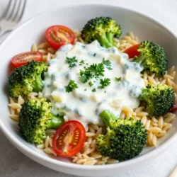- 1 cup orzo pasta - 2 cups broccoli florets - 1/2 cup cherry tomatoes, halved You need some key parts to make this creamy broccoli orzo salad. First, orzo pasta is the base. It cooks up nice and soft, perfect for this dish. Next, add fresh broccoli florets. They give a nice crunch and bright color. Don’t forget the cherry tomatoes. They add a sweet burst of flavor that makes every bite special. - 1/2 cup Greek yogurt - 1 tablespoon mayonnaise - 1 tablespoon lemon juice The dressing brings everything together. I use Greek yogurt for creaminess. It’s thick and tangy. A bit of mayonnaise makes it richer. The lemon juice adds a bright zing that lifts the flavors. This dressing is simple yet tasty. - 1 teaspoon garlic powder - 1/2 teaspoon salt - Fresh parsley, chopped Seasoning is key to great taste. Garlic powder adds depth without being too strong. A bit of salt enhances all the flavors. Finally, fresh parsley gives a pop of color. It also adds a fresh taste on top. These ingredients mix together to create a fresh and flavorful dish that is hard to resist. {{ingredient_image_1}} - Bring salted water to a boil. - Add 1 cup of orzo pasta. - Cook orzo until al dente, about 8-10 minutes. Cooking orzo is simple. You want it firm but not hard. Make sure to stir it often. This helps prevent sticking. Once cooked, drain the orzo in a colander. Let it cool while you prepare the other ingredients. - Blanch broccoli florets in boiling water for 2-3 minutes. - Plunge in ice bath for one minute. To keep the broccoli bright green, blanch it. This means cooking it quickly in hot water. The ice bath stops the cooking. It keeps the florets crisp and colorful. After chilling, drain the broccoli well. Set it aside with the orzo. - In a medium bowl, whisk together Greek yogurt, mayonnaise, lemon juice, garlic powder, salt, and black pepper. The dressing is creamy and tangy. Greek yogurt adds protein and richness. Mayonnaise brings more creaminess. Lemon juice adds brightness. Whisk until smooth. Taste it and adjust if needed. A pinch more salt can enhance the flavor. - In a large mixing bowl, mix orzo, blanched broccoli, cherry tomatoes, and red onion. - Toss with dressing until well coated. Now, combine all the ingredients in a big bowl. Add the orzo, broccoli, 1/2 cup halved cherry tomatoes, and 1/4 cup finely chopped red onion. Pour the dressing over the salad. Toss gently so everything gets coated. - If desired, sprinkle 1/4 cup grated Parmesan cheese and toss gently. - Chill for at least 30 minutes and garnish with parsley before serving. For extra flavor, add Parmesan cheese. It gives a salty, nutty taste. Toss it lightly. Then, refrigerate the salad. Chilling helps the flavors blend. Just before serving, sprinkle fresh parsley for a pop of color. Enjoy your tasty salad! - How to avoid mushy orzo: To keep your orzo firm, cook it until al dente. This means it should still have a slight bite. Always follow the package instructions for timing. After cooking, drain it right away and let it cool. - Blanching broccoli for optimal color and texture: Blanching helps keep broccoli bright and crisp. Boil the florets for just 2-3 minutes. Then, place them in an ice bath. This stops the cooking and locks in the color. - Alternatives to Greek yogurt: If you want a lighter dressing, try using sour cream or a dairy-free yogurt. These options still give creaminess without the extra calories. - Adjusting seasoning to taste: After mixing your dressing, taste it! Add more salt, pepper, or lemon juice to match your flavor. Everyone's palate is different, so make it your own. - Best served chilled: For the best flavor, chill the salad for at least 30 minutes. This lets the flavors blend nicely and makes it refreshing to eat. - Complementary dishes to pair with the salad: This salad goes well with grilled chicken or fish. You can also serve it with a light soup for a full meal. Pro Tips Perfectly Cooked Orzo: To achieve the best texture, cook the orzo just until al dente. This will ensure it remains slightly firm and does not become mushy when mixed with the dressing. Bright Green Broccoli: After blanching the broccoli, immediately plunge it into ice water. This stops the cooking process and preserves that vibrant green color, making your salad visually appealing. Flavor-Balancing Dressing: Feel free to adjust the acidity by adding more lemon juice or a pinch of sugar to balance the flavors in the dressing. Taste as you go to find your perfect balance. Make Ahead: This salad tastes even better after sitting for a few hours or overnight in the fridge. Make it in advance for gatherings to allow the flavors to meld beautifully. {{image_2}} For a gluten-free option, try brown rice pasta or quinoa. Both options give a nice texture. You can also use spiralized veggies, like zucchini, for a lighter dish. Feel free to mix in different veggies too. Peas, bell peppers, and carrots can brighten up the salad. Just chop them small so they blend well with the orzo and broccoli. Want more flavor? Add fresh herbs like basil or dill. They bring a fresh taste and smell. You could also try spices like cayenne for a kick or smoked paprika for depth. Adding protein can make this salad more filling. Grilled chicken, chickpeas, or even diced tofu work great. They add a nice contrast to the creamy dressing. If you want a vegan dressing, swap Greek yogurt for a plant-based yogurt. Use vegan mayo to keep it creamy. Lemon juice adds freshness, which is key in vegan cooking. For a low-calorie version, cut back on the yogurt and mayo. You can also skip the cheese or use a small amount. This keeps the flavor without too many calories. To keep your salad fresh, use airtight containers. Glass containers work well. They help prevent spills and keep flavors intact. You can also use plastic containers, but make sure they seal tightly. Store your Creamy Broccoli Orzo Salad in the fridge right after eating. Always make sure it cools down before you store it. You can freeze Creamy Broccoli Orzo Salad, but it may change texture. The orzo and broccoli may become mushy after thawing. If you decide to freeze it, place it in a freezer-safe container. To thaw, move it to the fridge overnight. When reheating, use the microwave or stovetop. Add a little water to help maintain moisture. Heat until warm, but don’t overcook. In the fridge, your salad will last about 3 to 5 days. Always check for signs of spoilage. If you see mold or a sour smell, it’s best to toss it out. Fresh ingredients keep your salad tasty, so don’t wait too long to dig in! Can I make this salad ahead of time? Yes, you can make this salad ahead of time. Prepare it a few hours before serving. Chill it in the fridge for at least 30 minutes. This helps the flavors blend well. What can I substitute for orzo pasta? You can use other small pasta like ditalini or quinoa for a gluten-free option. Both will work well in this salad. Choose what you enjoy most. Is this salad healthy? Yes, this salad is healthy. It features fresh veggies and Greek yogurt. Broccoli adds vitamins and fiber. The salad is balanced and nutritious. How many calories are in Creamy Broccoli Orzo Salad? This salad has about 300 calories per serving. This can vary based on the cheese you add. Check the ingredients for exact numbers. What can I serve this salad with? Serve this salad with grilled chicken or fish for a complete meal. It also pairs well with roasted vegetables. Enjoy it at picnics or barbecues too. Is this salad suitable for meal prep? Yes, this salad is great for meal prep. Store it in airtight containers. It lasts up to three days in the fridge, making it perfect for lunches. You now have a clear path to making a tasty Creamy Broccoli Orzo Salad. We discussed the key ingredients and dressing components, and I provided step-by-step cooking instructions. Tips helped you perfect the dish, while variations open doors for new flavors. Remember, store your leftovers properly to enjoy them later. This salad is not just delicious; it’s a healthy choice too. Experiment with your own twists, and enjoy sharing this dish with others. Your kitchen adventure starts now—let's get cooking!