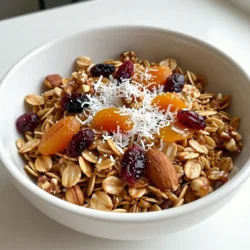 To make maple vanilla granola, you'll need: - 3 cups rolled oats - 1 cup nuts (such as almonds and walnuts), chopped - 1/2 cup unsweetened shredded coconut - 1/2 cup maple syrup - 1/4 cup coconut oil, melted - 1 teaspoon vanilla extract - 1/2 teaspoon ground cinnamon - 1/4 teaspoon salt - 1/2 cup dried fruits (such as cranberries or apricots), chopped You’ll need some simple tools to create this delicious granola: - Large mixing bowl - Whisk - Baking sheet - Parchment paper - Airtight container This granola offers a balanced mix of nutrients. Each serving provides: - Calories: About 220 - Protein: 5 grams - Fat: 10 grams - Carbohydrates: 30 grams - Fiber: 4 grams - Sugars: 8 grams This granola is a great choice for breakfast or a snack! Enjoy it with yogurt or fresh fruit for a tasty start to your day. {{ingredient_image_1}} First, set your oven to 350°F (175°C). This is key to getting a nice crunch. While it warms up, line a baking sheet with parchment paper. This step helps prevent sticking. Next, grab a large mixing bowl. In it, combine: - 3 cups rolled oats - 1 cup chopped nuts (like almonds or walnuts) - 1/2 cup unsweetened shredded coconut In another bowl, whisk together: - 1/2 cup maple syrup - 1/4 cup melted coconut oil - 1 teaspoon vanilla extract - 1/2 teaspoon ground cinnamon - 1/4 teaspoon salt Mix these until smooth. Then, pour this wet mixture over the dry ingredients. Stir well. You want every piece coated evenly. Now, spread the granola mixture on your lined baking sheet. Make it even so it bakes well. Place it in the oven and set a timer for 20-25 minutes. Stir halfway through to ensure even baking. Watch it closely to prevent burning. When it turns golden brown, take it out. Let it cool completely on the baking sheet. Once cool, mix in 1/2 cup chopped dried fruit (like cranberries or apricots). Your granola is ready! Baking granola is easy, but a few tips help. First, always preheat your oven to 350°F (175°C). This step ensures even cooking. Use parchment paper on your baking sheet. It will stop the granola from sticking. Mix your dry ingredients well. Combine oats, nuts, and coconut in a large bowl. This way, every bite has flavor. When you add the wet mix, stir until everything is coated. Spread it evenly on the sheet. This helps it bake uniformly. To get that perfect crunch, bake your granola until it is golden brown. Stir it halfway through baking. This action helps it cook evenly and prevents burning. Keep an eye on it in the last few minutes. Granola can go from perfect to burnt very fast. Let your granola cool completely on the baking sheet. When it cools, it will harden and get crunchier. Store it in an airtight container. This keeps it fresh and crunchy for longer. You can easily boost the flavor of your granola. Try adding spices like nutmeg or ginger for a twist. You can also mix in different nuts or seeds. Use pecans or pumpkin seeds for a new taste. Adding vanilla extract gives a warm flavor. For a sweeter touch, add a bit more maple syrup. You can also toss in chocolate chips or coconut flakes after baking for a tasty surprise. Each of these small changes makes your granola unique and delicious! Pro Tips Storage Tip: Store your granola in an airtight container to keep it fresh and crunchy for up to two weeks. Nut Variation: Feel free to mix and match different nuts like pecans or hazelnuts for varied flavors and textures. Sweetness Adjustment: Adjust the amount of maple syrup according to your taste; you can reduce it for a less sweet granola. Baking Reminder: Keep an eye on the granola while baking, as it can go from perfectly golden to burnt very quickly. {{image_2}} If you want a nut-free granola, just leave out the nuts. You can use seeds instead. Sunflower seeds or pumpkin seeds work great. They add crunch and nutrition. You can also add more coconut or oats to fill the space. This way, you keep the texture nice and crunchy. To make this granola gluten-free, check your oats. Some brands mix oats with gluten grains. Look for certified gluten-free oats. You can stick with all the other ingredients. They are already gluten-free. This makes it a tasty option for anyone with gluten issues. You can change the flavor of your granola to suit your taste. Add spices like nutmeg or ginger for a warm kick. Want a sweeter taste? Mix in some brown sugar or honey. You can also try different dried fruits. Use raisins, blueberries, or even chocolate chips! Each change makes a new flavor adventure. To keep your maple vanilla granola fresh, store it in an airtight container. Glass jars or plastic bins work well. Make sure the container is cool and dry. This will keep moisture out, which can make granola soggy. I like to label my containers with the date. This way, I know when I made it. Homemade granola lasts about two weeks when stored properly. If you want it to last longer, you can freeze it. In the freezer, it can last for up to three months. Just make sure to use a freezer-safe container. When you want to eat it, let it thaw in the fridge overnight. If your granola loses its crunch, you can easily revive it. Preheat your oven to 300°F (150°C). Spread the granola on a baking sheet. Bake for about 5-10 minutes. This will help bring back the crispy texture. Keep an eye on it, so it doesn't burn. Enjoy your crunchy granola again! Homemade maple vanilla granola lasts about two weeks. Store it in an airtight container. This keeps it fresh and crunchy. If you want it to last longer, you can freeze it. Just make sure to use a freezer-safe bag or container. When you're ready to eat, let it thaw before serving. Yes, you can easily substitute ingredients. If you don’t have maple syrup, try honey or agave. For nuts, use your favorite type, like pecans or peanuts. You can also skip the coconut if you don’t like it. Just add more oats or nuts instead. Be creative with dried fruits too! Raisins or dates can work well. You can serve maple vanilla granola in many ways. Pour it over yogurt and add fresh fruit for a tasty breakfast. You can also enjoy it with milk like a cereal. For a quick snack, eat it plain or mix it with nuts. Another fun way is to sprinkle it on top of desserts, like ice cream or smoothie bowls. The options are endless! You now have all the tools to make delicious homemade maple vanilla granola. We covered essential ingredients, equipment, and nutritional facts. You learned step-by-step how to mix and bake for the perfect crunchy texture. I shared tips for flavor customizations and the best ways to store your granola. Remember, you can adjust ingredients to fit your diet. Enjoy experimenting and make your granola unique. Homemade granola is tasty, healthy, and easy to share. Happy baking!