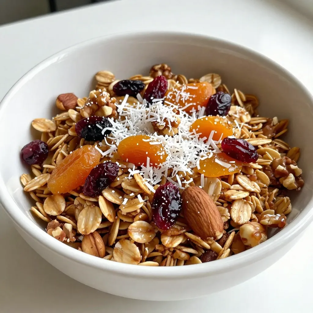 To make maple vanilla granola, you'll need: - 3 cups rolled oats - 1 cup nuts (such as almonds and walnuts), chopped - 1/2 cup unsweetened shredded coconut - 1/2 cup maple syrup - 1/4 cup coconut oil, melted - 1 teaspoon vanilla extract - 1/2 teaspoon ground cinnamon - 1/4 teaspoon salt - 1/2 cup dried fruits (such as cranberries or apricots), chopped You’ll need some simple tools to create this delicious granola: - Large mixing bowl - Whisk - Baking sheet - Parchment paper - Airtight container This granola offers a balanced mix of nutrients. Each serving provides: - Calories: About 220 - Protein: 5 grams - Fat: 10 grams - Carbohydrates: 30 grams - Fiber: 4 grams - Sugars: 8 grams This granola is a great choice for breakfast or a snack! Enjoy it with yogurt or fresh fruit for a tasty start to your day. {{ingredient_image_1}} First, set your oven to 350°F (175°C). This is key to getting a nice crunch. While it warms up, line a baking sheet with parchment paper. This step helps prevent sticking. Next, grab a large mixing bowl. In it, combine: - 3 cups rolled oats - 1 cup chopped nuts (like almonds or walnuts) - 1/2 cup unsweetened shredded coconut In another bowl, whisk together: - 1/2 cup maple syrup - 1/4 cup melted coconut oil - 1 teaspoon vanilla extract - 1/2 teaspoon ground cinnamon - 1/4 teaspoon salt Mix these until smooth. Then, pour this wet mixture over the dry ingredients. Stir well. You want every piece coated evenly. Now, spread the granola mixture on your lined baking sheet. Make it even so it bakes well. Place it in the oven and set a timer for 20-25 minutes. Stir halfway through to ensure even baking. Watch it closely to prevent burning. When it turns golden brown, take it out. Let it cool completely on the baking sheet. Once cool, mix in 1/2 cup chopped dried fruit (like cranberries or apricots). Your granola is ready! Baking granola is easy, but a few tips help. First, always preheat your oven to 350°F (175°C). This step ensures even cooking. Use parchment paper on your baking sheet. It will stop the granola from sticking. Mix your dry ingredients well. Combine oats, nuts, and coconut in a large bowl. This way, every bite has flavor. When you add the wet mix, stir until everything is coated. Spread it evenly on the sheet. This helps it bake uniformly. To get that perfect crunch, bake your granola until it is golden brown. Stir it halfway through baking. This action helps it cook evenly and prevents burning. Keep an eye on it in the last few minutes. Granola can go from perfect to burnt very fast. Let your granola cool completely on the baking sheet. When it cools, it will harden and get crunchier. Store it in an airtight container. This keeps it fresh and crunchy for longer. You can easily boost the flavor of your granola. Try adding spices like nutmeg or ginger for a twist. You can also mix in different nuts or seeds. Use pecans or pumpkin seeds for a new taste. Adding vanilla extract gives a warm flavor. For a sweeter touch, add a bit more maple syrup. You can also toss in chocolate chips or coconut flakes after baking for a tasty surprise. Each of these small changes makes your granola unique and delicious! Pro Tips Storage Tip: Store your granola in an airtight container to keep it fresh and crunchy for up to two weeks. Nut Variation: Feel free to mix and match different nuts like pecans or hazelnuts for varied flavors and textures. Sweetness Adjustment: Adjust the amount of maple syrup according to your taste; you can reduce it for a less sweet granola. Baking Reminder: Keep an eye on the granola while baking, as it can go from perfectly golden to burnt very quickly. {{image_2}} If you want a nut-free granola, just leave out the nuts. You can use seeds instead. Sunflower seeds or pumpkin seeds work great. They add crunch and nutrition. You can also add more coconut or oats to fill the space. This way, you keep the texture nice and crunchy. To make this granola gluten-free, check your oats. Some brands mix oats with gluten grains. Look for certified gluten-free oats. You can stick with all the other ingredients. They are already gluten-free. This makes it a tasty option for anyone with gluten issues. You can change the flavor of your granola to suit your taste. Add spices like nutmeg or ginger for a warm kick. Want a sweeter taste? Mix in some brown sugar or honey. You can also try different dried fruits. Use raisins, blueberries, or even chocolate chips! Each change makes a new flavor adventure. To keep your maple vanilla granola fresh, store it in an airtight container. Glass jars or plastic bins work well. Make sure the container is cool and dry. This will keep moisture out, which can make granola soggy. I like to label my containers with the date. This way, I know when I made it. Homemade granola lasts about two weeks when stored properly. If you want it to last longer, you can freeze it. In the freezer, it can last for up to three months. Just make sure to use a freezer-safe container. When you want to eat it, let it thaw in the fridge overnight. If your granola loses its crunch, you can easily revive it. Preheat your oven to 300°F (150°C). Spread the granola on a baking sheet. Bake for about 5-10 minutes. This will help bring back the crispy texture. Keep an eye on it, so it doesn't burn. Enjoy your crunchy granola again! Homemade maple vanilla granola lasts about two weeks. Store it in an airtight container. This keeps it fresh and crunchy. If you want it to last longer, you can freeze it. Just make sure to use a freezer-safe bag or container. When you're ready to eat, let it thaw before serving. Yes, you can easily substitute ingredients. If you don’t have maple syrup, try honey or agave. For nuts, use your favorite type, like pecans or peanuts. You can also skip the coconut if you don’t like it. Just add more oats or nuts instead. Be creative with dried fruits too! Raisins or dates can work well. You can serve maple vanilla granola in many ways. Pour it over yogurt and add fresh fruit for a tasty breakfast. You can also enjoy it with milk like a cereal. For a quick snack, eat it plain or mix it with nuts. Another fun way is to sprinkle it on top of desserts, like ice cream or smoothie bowls. The options are endless! You now have all the tools to make delicious homemade maple vanilla granola. We covered essential ingredients, equipment, and nutritional facts. You learned step-by-step how to mix and bake for the perfect crunchy texture. I shared tips for flavor customizations and the best ways to store your granola. Remember, you can adjust ingredients to fit your diet. Enjoy experimenting and make your granola unique. Homemade granola is tasty, healthy, and easy to share. Happy baking!