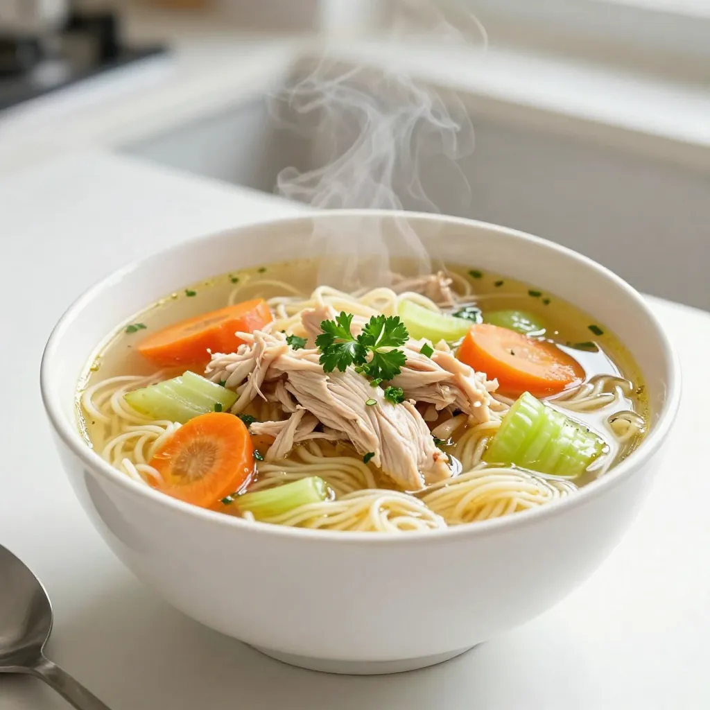 To make a comforting bowl of chicken noodle soup, gather these simple ingredients: - 1 tablespoon olive oil - 1 medium onion, diced - 2 cloves garlic, minced - 2 medium carrots, sliced - 2 celery stalks, sliced - 1 teaspoon dried thyme - 1 teaspoon dried rosemary - 6 cups chicken broth - 2 cups shredded cooked chicken - 1 cup egg noodles - Salt and pepper to taste - Fresh parsley for garnish Each ingredient plays a role in building flavor. Olive oil adds richness, while onion and garlic provide a strong base. Carrots and celery add sweetness and crunch. Dried thyme and rosemary bring a warm, earthy taste that makes the soup feel homey. Chicken broth serves as the heart of the soup. It gives depth and warmth. Shredded chicken adds protein and texture. Egg noodles soak up the flavors and make each bite satisfying. The salt and pepper enhance all these tastes, while fresh parsley gives a bright finish. With these ingredients ready, you can create a nourishing dish that warms both body and soul. {{ingredient_image_1}} To make classic chicken noodle soup, follow these steps: - Sauté the vegetables - Add in the seasonings - Incorporate chicken and noodles - Simmer for flavor 1. Heat 1 tablespoon of olive oil in a large pot over medium heat. 2. Add 1 medium diced onion and sauté for 3-4 minutes until it is soft. 3. Mix in 2 cloves of minced garlic, 2 sliced carrots, and 2 sliced celery stalks. Cook for another 5-6 minutes, until the veggies are tender. 4. Add 1 teaspoon of dried thyme and 1 teaspoon of dried rosemary to the pot. Stir for about 1 minute to release the nice smell of the herbs. 5. Pour in 6 cups of chicken broth and bring the mixture to a boil. 6. Once it boils, lower the heat. Now, add 2 cups of shredded cooked chicken and 1 cup of egg noodles. Simmer for about 10-12 minutes, until the noodles are cooked through. 7. Season the soup with salt and pepper to your taste. 8. Serve hot, and top it with freshly chopped parsley for a bright touch. To make your chicken noodle soup shine, start with good seasoning. Use salt and pepper early on to build flavor. I love adding fresh herbs like parsley right before serving. This makes the soup bright and fresh. For dried herbs, thyme and rosemary work well. They add warmth to the soup. A pinch of garlic powder can boost the savoriness, too. If you want a little kick, try adding a dash of red pepper flakes. For noodle texture, cook them separately if you plan to store the soup. This keeps them from soaking up all the broth. You can add them just before serving, ensuring they stay firm and chewy. Use a large pot, like a Dutch oven, for your soup. It helps heat evenly and holds all your ingredients. This pot is great for simmering and keeps the flavors rich. When cutting vegetables, aim for uniform pieces. This helps them cook at the same rate. Slice carrots and celery into similar thicknesses for even cooking. To avoid mushy noodles, don’t overcook them. Add them in the last 10 minutes of cooking. If you let them sit too long, they will turn soft. Always taste them to know when they're just right. Pro Tips Use Homemade Broth: For the best flavor, use homemade chicken broth instead of store-bought. It enhances the soup's richness and depth. Vegetable Variations: Feel free to add other vegetables like peas, corn, or green beans to customize your soup and add extra nutrition. Seasoning Adjustments: Taste your soup before serving and adjust the seasoning as needed. Every broth can vary in saltiness, so be mindful! Storage Tips: Store leftovers in an airtight container in the fridge for up to 3 days. Reheat gently on the stove to maintain flavor and texture. {{image_2}} - Gluten-free options: You can swap regular egg noodles for gluten-free noodles. Look for brands made from rice or corn flour. They cook well and keep the same comforting texture. - Vegetarian or vegan alternatives: Replace chicken with chickpeas or lentils. Use vegetable broth instead of chicken broth. You can also add mushrooms for extra flavor and texture. - Low-sodium broth suggestions: Choose low-sodium chicken broth or vegetable broth. This helps control salt levels while keeping the soup tasty. You can also make your own broth using water and fresh herbs. - Alternative proteins: If you do not have chicken, turkey works great. For a vegan version, tofu is an excellent choice. Make sure to press tofu to remove excess water before adding it to the soup. - Different vegetables to use: You can add peas, green beans, or bell peppers. These veggies add color and nutrients. Just chop them small so they cook quickly. - Homemade versus store-bought noodles: Homemade noodles bring a special touch. They are easy to make with flour and eggs. However, store-bought noodles save time and still taste good. If using, add them right before serving to keep them firm. To keep your chicken noodle soup fresh, use glass or plastic containers. These are great because they seal well. Leave some space at the top of the container. The soup can expand when it cools. Store the soup in the fridge if you plan to eat it soon. It will stay good for about 3 to 4 days. If you want to save some soup for later, freezing works well. First, let the soup cool down. Then, pour it into freezer-safe bags or containers. Make sure to leave some room for expansion. It can last for 2 to 3 months in the freezer. When you want to eat it, thaw the soup overnight in the fridge. You can also use the microwave for quick thawing. After thawing, heat it on the stove until it's warm. Enjoy your comforting meal at any time! How long can you store chicken noodle soup? You can store chicken noodle soup for about 3 to 4 days in the fridge. Use an airtight container to keep it fresh. For longer storage, freeze it for up to 3 months. Can I use raw chicken in this recipe? Yes, you can use raw chicken. Just add it to the pot with the broth and let it cook through. Shred it before adding the noodles. What can I add for more nutrition? To boost nutrition, add greens like spinach or kale. You can also include beans or peas for extra protein and fiber. Is there a way to make chicken noodle soup in a slow cooker? Yes, you can make chicken noodle soup in a slow cooker. Place all ingredients except the noodles in the cooker. Cook on low for 6 to 8 hours. Add noodles during the last 30 minutes. Can I make this soup ahead of time? Absolutely! You can make the soup a day in advance. Just store it in the fridge. Reheat it before serving. What are other soup recipes similar to chicken noodle? Some similar soups include turkey noodle soup, vegetable soup, and minestrone. Each offers warm comfort and tasty flavors. This blog covered all you need for great chicken noodle soup. We looked at key ingredients, step-by-step cooking, and useful tips. You learned about dietary swaps and how to store leftovers. As you try this recipe, remember to have fun. Cooking should be a joy! Enjoy your warm bowl of soup, and don’t hesitate to experiment with flavors. Happy cooking!