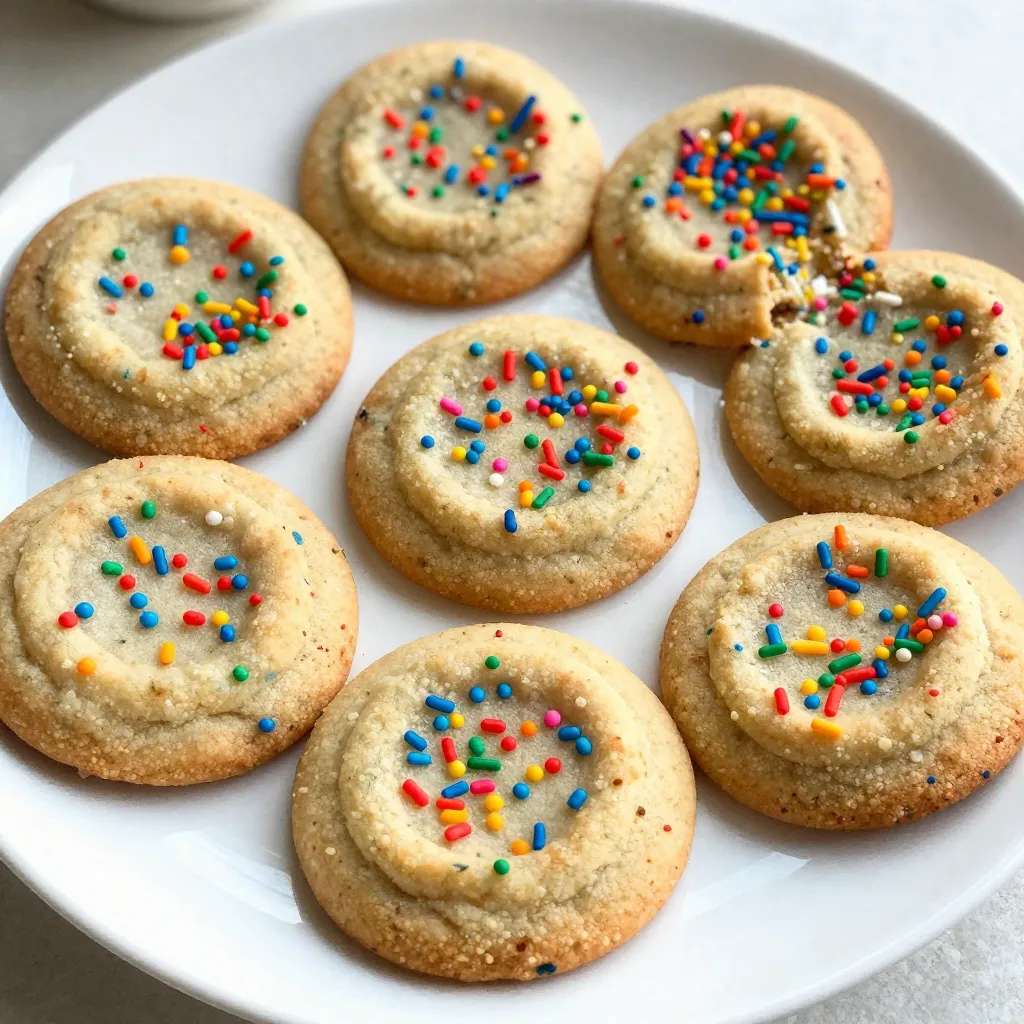 To make rainbow sprinkle sugar cookies, you need the following: - 2 ¾ cups all-purpose flour - 1 teaspoon baking soda - ½ teaspoon baking powder - 1 cup unsalted butter, softened - 1 ½ cups white sugar - 1 egg - 1 teaspoon vanilla extract - ½ teaspoon almond extract - ½ teaspoon salt - ¾ cup colorful rainbow sprinkles Each ingredient plays a key role in the cookie's taste and texture. The flour gives structure. The butter makes them soft and rich. The sugar adds sweetness and helps them spread. You can add fun flavors or textures with these options: - ½ cup chopped nuts like walnuts or pecans - ½ cup mini chocolate chips for a sweet twist - Zest from one lemon or orange for a citrus kick These additions make the cookies unique and exciting. Feel free to mix and match! If you have allergies, here are some swaps: - Use gluten-free all-purpose flour for a gluten-free version. - Replace butter with coconut oil for a dairy-free cookie. - Use a flax egg (1 tablespoon ground flaxseed + 2.5 tablespoons water) instead of a regular egg for a vegan option. These substitutions allow everyone to enjoy these cookies. Always read labels to ensure safety. {{ingredient_image_1}} Start by preheating your oven to 375°F (190°C). This step is key to baking perfect cookies. While the oven heats, line two baking sheets with parchment paper. This helps prevent the cookies from sticking and makes cleanup easy. In a medium bowl, whisk together 2 ¾ cups of all-purpose flour, 1 teaspoon of baking soda, ½ teaspoon of baking powder, and ½ teaspoon of salt. Set this bowl aside. In a large bowl, cream together 1 cup of softened unsalted butter and 1 ½ cups of white sugar. Mix until it’s smooth and fluffy. This will take about 2-3 minutes. Then, beat in 1 egg, 1 teaspoon of vanilla extract, and ½ teaspoon of almond extract. Make sure everything is well combined. Gradually add your dry mixture into the wet mixture. Mix until just combined; don’t overmix. Gently fold in ¾ cup of colorful rainbow sprinkles. This adds fun and color! Use a cookie scoop or a tablespoon to drop rounded balls of dough onto your prepared baking sheets. Space them about 2 inches apart to allow for spreading. Bake in your preheated oven for 8-10 minutes. The edges should be lightly golden, and the centers will look soft. This softness is perfect for chewy cookies! After baking, let the cookies cool on the baking sheets for 5 minutes. Then, transfer them to wire racks to cool completely. Enjoy your colorful treats! To get the best cookie texture, cream the butter and sugar well. Mix until it’s light and fluffy. This step adds air, making cookies soft and chewy. Do not overmix once you add the flour. Stir until just combined. This keeps the cookies tender. Bake until the edges are golden, but the centers are soft. This ensures a chewy bite that melts in your mouth. Decorating your cookies can be fun! Try stacking the cookies in a colorful jar. You can also place them on a rainbow-themed platter. For a touch of sparkle, add more sprinkles on top before baking. Dust with powdered sugar after cooling for a snowy look. You can even pipe colorful icing for extra flair. Let your creativity shine! If you want to save cookie dough, scoop it into balls and freeze. Place them on a baking sheet until frozen solid. Then, transfer to a freezer bag. You can keep them for up to three months. When you’re ready to bake, no need to thaw! Just bake for a minute or two longer. This way, you can enjoy fresh cookies anytime! Pro Tips Chill the Dough: For thicker cookies, chill the dough for at least 30 minutes before baking. This helps prevent spreading and creates a nice chewy texture. Use Fresh Ingredients: Ensure your baking soda and baking powder are fresh for the best rise and texture in your cookies. Don't Overbake: Remove the cookies from the oven when the edges are golden, but the centers look slightly underbaked. They will continue to firm up while cooling. Customize Your Sprinkles: Feel free to use chocolate chips or other types of sprinkles to change up the flavor and look of your cookies! {{image_2}} You can mix up your cookies with different sprinkles! Try using chocolate sprinkles for a rich taste. You can also use large confetti sprinkles for a fun look. If you want a twist, try using nonpareils. They add a delightful crunch. Choose sprinkles based on your mood or the season. Holiday-themed sprinkles can make these cookies festive. Want to make your cookies even more special? Consider adding zest from an orange or lemon. It gives a bright flavor that pairs well with the sweet cookie. You can also mix in mini chocolate chips or chopped nuts. These additions create new textures and tastes. For a touch of spice, try adding a pinch of cinnamon or nutmeg. The options are endless! You can make these cookies gluten-free by using a gluten-free flour blend. Just replace the all-purpose flour with it. For a vegan version, swap the butter with coconut oil or vegan butter. Use flaxseed meal mixed with water instead of the egg. This makes a great egg substitute. With these simple changes, everyone can enjoy these fun cookies! To keep your rainbow sprinkle sugar cookies fresh, use an airtight container. This keeps them soft and tasty. If you stack them, place parchment paper between layers. This prevents sticking. Store the cookies at room temperature for the best flavor. Avoid direct sunlight, as it can dry them out. Freezing is a great way to save cookies for later. Let the cookies cool completely first. Then, place them in a freezer bag or container. You can freeze the dough too! Just scoop the dough into balls and freeze them on a baking sheet. Once firm, transfer them to a bag. This makes it easy to bake fresh cookies whenever you want. Rainbow sprinkle sugar cookies last about one week at room temperature. If you freeze them, they can last up to three months. Just remember to thaw them in the fridge before serving. This keeps their texture and taste just right. Enjoy your colorful cookies anytime! To make your rainbow sprinkle sugar cookies chewy, follow a few key steps. First, use softened butter, not melted. This keeps the dough thick. Next, do not overmix the dough. Mix just until combined. Baking the cookies for a shorter time also helps. Aim for 8-10 minutes, so the centers stay soft. Let the cookies cool on the baking sheet for a bit. This helps them stay chewy. Yes, you can use different flavors of extracts. Vanilla is classic, but almond adds a nice twist. You can also try coconut or lemon extracts for fun flavor changes. Just keep the amount the same, usually one teaspoon. Be careful with strong flavors. A little goes a long way! Rainbow sprinkle sugar cookies have a fun history. They likely started in the United States in the 20th century. The colorful sprinkles make them popular at parties and celebrations. These cookies bring joy to both kids and adults. Their bright colors and sweet taste make them a favorite for many! In this blog post, we explored how to make rainbow sprinkle sugar cookies. We covered key ingredients, optional additions, and allergy substitutions. You learned step-by-step methods for mixing, baking, and achieving the right texture. We shared helpful tips on storage and decorating. Finally, we discussed variations like gluten-free options. Whether you want a classic cookie or a fun twist, you now have the tools to impress. Enjoy baking and sharing these delicious treats!