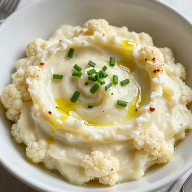To make creamy roasted garlic mashed cauliflower, gather these ingredients: - 1 large head of cauliflower, cut into florets - 1 whole bulb of garlic - 2 tablespoons olive oil - 1/4 cup cream cheese (or a dairy-free alternative) - 1/4 cup unsweetened almond milk (or any milk of choice) - Salt and pepper to taste - 2 tablespoons freshly chopped chives (optional) - 1/4 teaspoon nutmeg (optional for added warmth) You can switch out some ingredients for your taste. Use any milk instead of almond milk. Cream cheese can be swapped for a vegan cream cheese or cashew cream. For a lighter dish, try using Greek yogurt. If you want more flavor, add herbs like garlic powder or thyme. When you pick cauliflower, look for a large head with tight florets. The color should be bright white or creamy. Avoid any brown spots or wilting. Fresh cauliflower gives the best taste and texture. You can also use frozen cauliflower if fresh isn't available, but ensure it's thawed and drained well before cooking. {{ingredient_image_1}} Start by boiling the cauliflower florets. Fill a large pot with water and add salt. Bring the water to a boil. Once boiling, add the cauliflower. Cook it for 8 to 10 minutes. You want it to be tender. After cooking, drain the cauliflower well. Set it aside. This step makes the cauliflower soft and ready for blending. Next, let’s roast the garlic for flavor. Take a whole bulb of garlic. Cut the top off the bulb. Drizzle one tablespoon of olive oil over it. Wrap the garlic in aluminum foil. Place it in the oven at 400°F (200°C). Roast for about 30 to 35 minutes. The garlic will be soft and sweet. Let it cool a bit before using. Squeeze the soft garlic cloves out of their skins. Now it's time to blend everything. In a blender or food processor, add the drained cauliflower and the roasted garlic. Add 1/4 cup of cream cheese and 1/4 cup of almond milk. Pour in the remaining tablespoon of olive oil. Season with salt, pepper, and nutmeg if you like. Blend until smooth and creamy. Scrape down the sides as needed. If it’s too thick, add more almond milk. Taste and adjust the seasoning. Serve it warm and enjoy the creamy delight! To get a smooth and creamy texture, blend the cooked cauliflower well. Use a high-speed blender or food processor. Add cream cheese and almond milk to help with creaminess. If the mix is too thick, add more almond milk slowly. This helps reach your desired consistency without losing flavor. Roasting garlic adds a deep, sweet taste. You can use herbs like chives or parsley for freshness. Adding a pinch of nutmeg warms the flavor. Try different spices too, like garlic powder or onion powder. This can elevate the dish and make it unique to your taste. To prevent lumps, ensure the cauliflower is well-drained after cooking. If any water remains, it can cause lumps. Blend until completely smooth. Scrape down the sides of the blender or processor to mix everything evenly. Taste as you go, adjusting seasoning for a perfect finish. Pro Tips Use Fresh Garlic: Roasting fresh garlic brings out its natural sweetness and adds depth to the flavor of the mashed cauliflower. Adjust Consistency: If you prefer a creamier texture, gradually add more almond milk until you reach your desired consistency. Season to Taste: Always taste your mixture before serving; adjust salt, pepper, and nutmeg to enhance the overall flavor profile. Garnish for Presentation: Don't skip the chives! They add a pop of color and freshness to your dish, making it visually appealing. {{image_2}} You can make this recipe dairy-free with simple swaps. Use a dairy-free cream cheese. Almond milk works great, but you can use oat or soy milk too. These options keep the dish creamy and rich. You won’t lose flavor or texture by avoiding dairy. Herbs and spices can change the taste of your dish. Try adding fresh herbs like thyme or rosemary for an earthy note. A dash of smoked paprika brings warmth and depth. If you enjoy a hint of sweetness, sprinkle in some cinnamon. Nutmeg adds a lovely warmth too, enhancing the garlic flavor. Serve this mashed cauliflower as a side dish with roasted chicken or grilled fish. It pairs well with steak too. For a vegetarian meal, top it with sautéed mushrooms. You can also serve it in bowls, topped with a drizzle of olive oil and fresh chives. This adds color and flavor, making it visually appealing. To store your creamy roasted garlic mashed cauliflower, let it cool first. Then, transfer it to an airtight container. Make sure to seal it tightly. You can keep it in the fridge for about three days. If you want to enjoy it later, freezing is a great option. When you're ready to eat your leftovers, take them out of the fridge. You can reheat them in the microwave or on the stove. If using the microwave, heat in short bursts, stirring often. For the stove, add a splash of almond milk to keep it creamy. Heat over low until warm. To freeze your mashed cauliflower, place it in a freezer-safe container. Leave some space at the top for expansion. It can stay in the freezer for up to three months. When you want to use it, thaw it in the fridge overnight. Reheat it as mentioned above for the best taste. Yes, you can use frozen cauliflower. Just make sure to thaw it first. After thawing, cook it in boiling water until tender. This usually takes about 5-7 minutes. Drain well to remove excess moisture. Blending frozen cauliflower may make it watery, so ensure it is dry for the best texture. To make this dish vegan, swap the cream cheese for a dairy-free version. You can use cashew cream or vegan cream cheese. Substitute almond milk with any plant-based milk you prefer, like soy or oat milk. This way, you can enjoy the creamy taste without dairy. Creamy roasted garlic mashed cauliflower pairs well with many dishes. It makes a great side for roasted chicken or grilled fish. You can serve it with a hearty salad or alongside sautéed greens. For a fun twist, try it with a vegan mushroom stew. The creamy texture complements these dishes beautifully. This article covered the key steps to make creamy roasted garlic mashed cauliflower. We explored ingredients, variations, tips for the perfect texture, and how to store leftovers. Remember, fresh cauliflower is your best choice, but you can also use frozen. Try different herbs to add flavor, and don't worry if it gets lumpy; just follow the blending tips. This dish is tasty and easy, making it a great side for any meal. Enjoy your creamy mashed cauliflower journey!